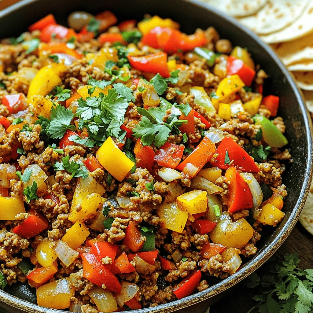 - 1 pound ground turkey - 2 bell peppers (any color), diced - 1 medium onion, finely chopped - 3 cloves garlic, minced - 1 teaspoon ground cumin - 1 teaspoon smoked paprika - 1 teaspoon dried oregano - 1 can (15 oz) diced tomatoes, drained - 1 cup corn kernels (fresh or frozen) - 1 tablespoon olive oil - Salt and pepper to taste - Fresh cilantro, for garnish Using these ingredients makes cooking simple and fun. Ground turkey is lean and tasty. You can pick any color bell peppers for a vibrant look. This dish is packed with flavor thanks to the spices. The cumin gives a warm taste, while smoked paprika adds a hint of smokiness. You can set up your space by gathering everything. Rinse and chop your veggies. Make sure to drain the tomatoes well; this helps keep the dish from getting too watery. Each ingredient plays a role, creating a delicious blend. For the best experience, use fresh cilantro as a garnish. It adds a pop of color and freshness. You can find the full recipe at the end to guide you through the steps. Enjoy cooking and the tasty meal that follows! - Start by washing the bell peppers. Use cold water to clean them well. - Dice the washed peppers into small, bite-sized pieces. This helps them cook evenly. - Next, chop the onion finely. You want small pieces for a nice texture. - Mince the garlic cloves. A sharp knife works best for this task. - Finally, drain the canned diced tomatoes. This removes extra liquid and makes the dish better. - In a large skillet, heat the olive oil over medium heat. Wait for it to shimmer. - Add the chopped onion and minced garlic to the hot oil. Sauté them for about 3-4 minutes. They should become soft and translucent. - Increase the heat slightly. Add the ground turkey to the skillet. Use a wooden spoon to break it up. Cook until the turkey is browned, around 5-7 minutes. - Sprinkle in the ground cumin, smoked paprika, and dried oregano. Add salt and pepper to taste. Stir well so the turkey gets coated in spices. - Now, mix in the diced bell peppers, drained tomatoes, and corn. Stir everything together. - Cover the skillet and let it simmer for 5-7 minutes. This helps the peppers soften. Stir occasionally to keep it from sticking. - Taste the dish and adjust the seasoning. Add more salt or pepper if needed. For a spicy kick, consider a splash of hot sauce. - Serve hot in bowls. Garnish with fresh cilantro for a pop of color. Enjoy your meal! For the full recipe, check the section above. - Choosing the right spices: Spices make this meal pop. I love using ground cumin, smoked paprika, and oregano. These spices add depth and warmth. Feel free to experiment with your favorites too. - Adding a splash of hot sauce: If you like heat, a dash of hot sauce works wonders. It boosts the flavor and gives the dish a nice kick. Just add it a bit at a time to get your desired spice level. - Garnishing with fresh herbs: Fresh cilantro adds a bright flavor and a nice touch. Sprinkle it on right before serving. It makes the dish look beautiful and fresh. - Tips for sautéing and browning ground turkey: Start with a hot pan to get a good sear. This adds flavor. Break the turkey into small pieces as it cooks. Stir often to prevent it from sticking or burning. - Best practices for cooking bell peppers: Cut the peppers into even pieces for quick cooking. Add them after the turkey is browned. This keeps them crisp and colorful. Cook them just until they soften, but still have a bite. - Ideal accompaniments: This dish pairs perfectly with rice or warm tortillas. Rice soaks up the flavors. Tortillas make it easy to scoop up the turkey and peppers. - Presentation tips for visual appeal: Serve in shallow bowls to show off the colors. A sprinkle of fresh cilantro on top makes it pop. You can even add a slice of lime on the side for that extra zing. For the full recipe, check out the Colorful Ground Turkey & Peppers Delight! {{image_4}} You can change a few things in this recipe to suit your taste. - Alternatives to ground turkey: You can use ground chicken, beef, or even lentils for a meatless option. Each choice gives a different flavor while keeping it tasty and filling. - Different types of peppers to use: Bell peppers are great, but you can also try poblano, jalapeño, or banana peppers. Each pepper adds its own unique touch and heat level. Mixing things up can make this dish even more exciting. - Stuffed peppers with ground turkey: Hollow out some bell peppers and fill them with the turkey mixture. Bake them in the oven for about 20 minutes. This gives a new twist and makes a fun presentation. - Ground turkey stir-fry with peppers: For a quick meal, stir-fry the turkey and peppers with soy sauce and sesame oil. This adds an Asian flair and is ready in no time! Many people have special diets. Here are some ideas to keep everyone happy. - Low-carb options: Skip the corn and tomatoes to lower the carbs. You can add in more veggies like zucchini or mushrooms for bulk and flavor. - Gluten-free variations: This recipe is already gluten-free if you choose gluten-free sauces. Always check labels to ensure your ingredients are safe. To keep your ground turkey and peppers fresh, follow these tips: - Refrigerating Leftovers: Let the dish cool to room temp. Transfer it to an airtight container. Store in the fridge for up to three days. Make sure to label the container with the date. - Freezing Tips: If you want to store it longer, freeze the meal. Place it in a freezer-safe bag or container. Remove as much air as possible. It can last up to three months in the freezer. When ready to eat, thaw it in the fridge overnight before reheating. When it's time to enjoy your meal again, follow these steps: - Microwave: Place a portion in a microwave-safe bowl. Cover it with a paper towel. Heat on medium for about 2-3 minutes. Stir halfway through to ensure even heating. - Stovetop: For a stovetop method, add the dish to a skillet over medium heat. Stir occasionally for about 5-7 minutes. This method helps keep the flavors rich and fresh. Can I use frozen ground turkey? Yes, you can use frozen ground turkey. Just thaw it in the fridge overnight. If you're in a hurry, you can use the microwave. Cook it right away after thawing. How do I make it spicier? To add spice, mix in red pepper flakes or chopped jalapeños. You can also add a splash of hot sauce while cooking. Taste as you go to find your perfect heat level. What is the best way to ensure the turkey is fully cooked? Use a meat thermometer to check the turkey's temperature. It should reach 165°F (74°C). This ensures it is safe to eat. Look for no pink meat and clear juices. Caloric content per serving Each serving has about 300 calories. This can vary based on the oil you use and extras you add. Ground turkey is leaner than beef, making it a great choice for lighter meals. Health benefits of ground turkey and peppers Ground turkey is low in fat and high in protein. It supports muscle growth and weight loss. Bell peppers are rich in vitamins A and C. They help boost your immune system. Can this recipe be made ahead? Yes, this recipe is great for meal prep. You can cook it in advance and store it in the fridge for up to four days. Just reheat it when you are ready to eat. How to incorporate leftovers into new meals Use leftovers in tacos, salads, or wraps. You can also mix it with eggs for a filling breakfast. Get creative and enjoy different dishes with the same base! This recipe for ground turkey and peppers is a great choice for a healthy meal. You now know the ingredients and steps to make it. I shared tips for flavor and ways to store leftovers. You can easily adapt it with different spices or ingredients. With this knowledge, you can create a nutritious dish that suits your taste. Enjoy making it and experimenting with your own variations!