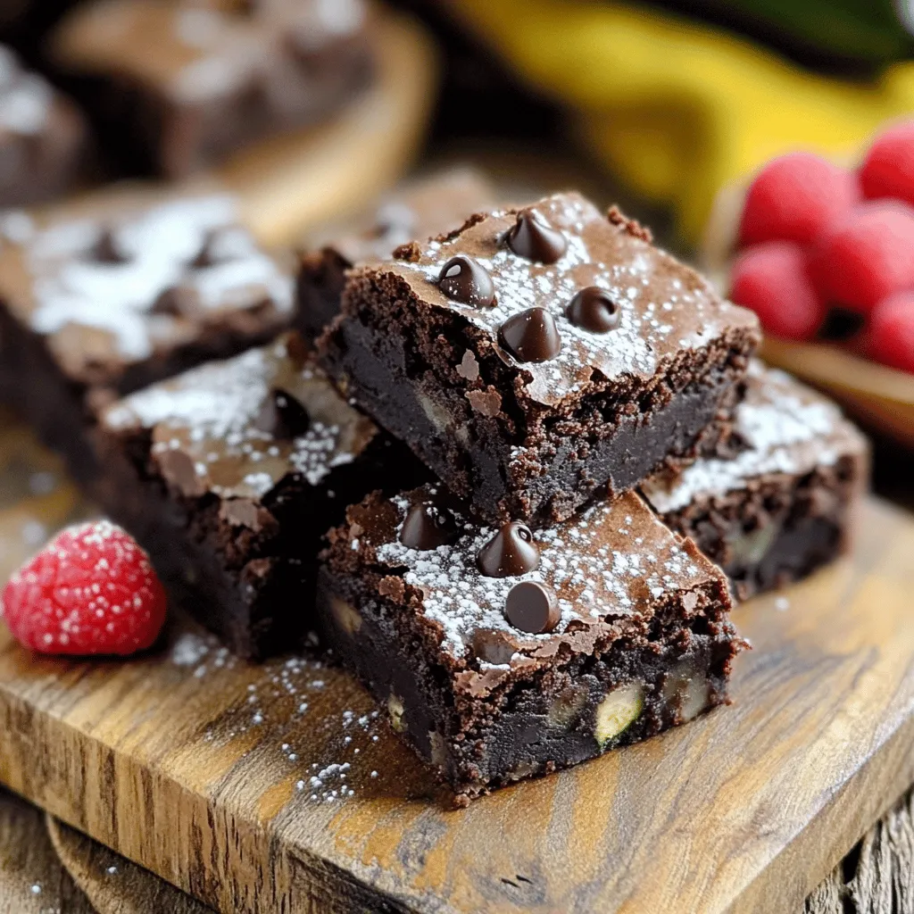 - 1 cup grated zucchini - 1/2 cup unsweetened cocoa powder - 1/2 cup all-purpose flour - 1/2 teaspoon baking powder - 1/4 teaspoon baking soda - 1/4 teaspoon salt - 1/2 cup granulated sugar - 1/2 cup packed brown sugar - 1/2 cup vegetable oil - 2 large eggs - 1 teaspoon vanilla extract - 1/2 cup chocolate chips (optional) - 1/2 cup chopped nuts (optional) Using zucchini in brownies may seem strange. However, it adds great benefits. First, zucchini is full of nutrients. It's low in calories and high in vitamins. You get fiber, which is good for digestion. This helps make the brownies a bit healthier. Zucchini also brings moisture to the brownies. This makes them soft and chewy. Without it, brownies can be dry. The grated zucchini blends well, and you won't taste it. It’s a fun way to sneak veggies into a treat. Lastly, using zucchini is creative. It allows you to use seasonal veggies. If you have extra zucchini, this is a great way to use it. You can also mix in other ingredients, like spices or nuts. This makes each batch unique. For the full recipe, check the link provided. First, gather your ingredients. You will need: - 1 cup grated zucchini - 1/2 cup unsweetened cocoa powder - 1/2 cup all-purpose flour - 1/2 teaspoon baking powder - 1/4 teaspoon baking soda - 1/4 teaspoon salt - 1/2 cup granulated sugar - 1/2 cup packed brown sugar - 1/2 cup vegetable oil - 2 large eggs - 1 teaspoon vanilla extract - 1/2 cup chocolate chips (optional) - 1/2 cup chopped nuts (optional) Next, prepare an 8-inch square baking pan. You can grease it lightly or use parchment paper. This step helps remove the brownies easily later. Now, let’s mix the wet ingredients. In a large bowl, combine the grated zucchini, granulated sugar, brown sugar, vegetable oil, eggs, and vanilla extract. Whisk these ingredients well until smooth. In another bowl, sift the dry ingredients. This includes cocoa powder, flour, baking powder, baking soda, and salt. Mix these dry ingredients together thoroughly. It’s time to combine the mixtures! Gradually add the dry ingredients to the wet ingredients. Stir gently until just mixed. Be careful not to overmix, as it can change the texture of your brownies. If you want extra flavor, fold in the chocolate chips and nuts now. Next, pour the brownie batter into the prepared baking pan. Use a spatula to spread it evenly. Now, place the pan in your preheated oven at 350°F (175°C). Bake for 25 to 30 minutes. To check if they are done, insert a toothpick in the center. It should come out with a few moist crumbs. After baking, let the brownies cool in the pan for about 10 minutes. Then, transfer them to a wire rack to cool completely. This helps them set and makes cutting easier. Enjoy making your rich and indulgent chocolate zucchini brownies! For the complete process, refer to the Full Recipe. To make the best chocolate zucchini brownies, avoid overmixing. When you mix too much, brownies can turn out tough. Stir the wet and dry ingredients together gently. You want to just combine them. After baking, let the brownies cool properly before cutting. If you cut them while hot, they may fall apart. Allow the brownies to cool in the pan for about 10 minutes. Then, move them to a wire rack to cool completely. You can customize the flavor of your brownies with spices or extracts. Adding a pinch of cinnamon or a splash of almond extract can make a big difference. These small changes can elevate the taste to a new level. Choosing the right chocolate chips also matters. Use high-quality chocolate chips for a rich flavor. You can choose dark, semi-sweet, or even milk chocolate chips based on your taste. Each type will give a different touch to your brownies. For a beautiful presentation, serve the brownies on a rustic wooden board. Dust them lightly with powdered sugar for a special look. You can also top them with fresh berries or a scoop of vanilla ice cream. This adds color and flavor, making your dessert even more enjoyable. Pair these brownies with a glass of cold milk or a cup of coffee. The rich chocolate flavor goes well with both drinks. You can also enjoy them with other desserts like fruit tarts or whipped cream for a delightful treat. For the full recipe, check out the complete instructions above. {{image_4}} You can make your Chocolate Zucchini Brownies even healthier. Try using substitutes for sugars. For example, you can use applesauce or mashed bananas instead of granulated sugar. This change adds flavor and moisture while cutting down on refined sugars. For those who need gluten-free options, you can swap all-purpose flour with almond flour or oat flour. Both alternatives work well and keep your brownies rich and tasty. Adding spices like cinnamon or nutmeg can elevate your brownies. A hint of cinnamon adds warmth, while nutmeg gives a cozy touch. You can also mix in fruits or vegetables. Chopped apples or carrots can blend nicely with the chocolate flavor, adding extra sweetness and nutrition. Incorporate seasonal fruits or flavors to keep things exciting. In spring, try adding fresh strawberries or cherries. In fall, pumpkin spice can create a delightful twist. You can also adapt your brownies for holidays or special occasions. For Halloween, add orange food coloring to the batter. For Christmas, a sprinkle of peppermint can make your brownies festive. For the full recipe, refer to the earlier sections. Enjoy experimenting with these variations! To keep your chocolate zucchini brownies fresh, store them in an airtight container. This method stops air from drying them out. You can keep them at room temperature or in the fridge. If you store them at room temperature, enjoy them within three days. If you place them in the fridge, they last about a week. To maintain moisture, place a slice of bread in the container. The bread helps keep the brownies soft. You can also wrap them in plastic wrap before putting them in the container. This extra step protects them from drying out and maintains their rich texture. To freeze your brownies, first let them cool completely. Then, cut the brownies into squares. Wrap each square in plastic wrap tightly. After wrapping, place them in a freezer bag or airtight container to prevent freezer burn. When you want to enjoy them, thaw the brownies in the fridge overnight. This slow thaw keeps the texture nice. If you need them faster, you can leave them at room temperature for about an hour. Do not microwave them, as this may make them tough. For the full recipe of these delicious brownies, check out the complete recipe section. To check if your brownies are done, look for a few signs. The edges should pull away from the pan slightly. The top should look set and not shiny. You can also use a toothpick test. Insert a toothpick into the center of the brownies. If it comes out with a few moist crumbs, they are ready. If it comes out with wet batter, bake for a few more minutes. Yes, you can substitute zucchini with other vegetables. Some good options include carrots or sweet potatoes. Both add moisture and sweetness. However, using different veggies may change the flavor. Carrots will add a sweet touch, while sweet potatoes give a rich, earthy flavor. These brownies can last up to a week when stored properly. Keep them in an airtight container at room temperature. Look for signs of spoilage, like a dry texture or a change in smell. If they start to look hard or smell off, it’s time to toss them. You can easily make these brownies vegan. Replace the eggs with flax eggs or applesauce. Use vegetable oil or coconut oil in place of regular oil. You may need to adjust the baking time to get the right texture. Vegan brownies can be just as rich and tasty! In this blog post, we explored making delicious zucchini brownies. You learned about the key ingredients, like zucchini and cocoa powder, and how they bring both flavor and nutrition. We walked through simple steps to mix, bake, and serve your brownies. Remember, you can customize your recipe to make it healthier or fit seasonal themes. These brownies are tasty and fun to make. Enjoy baking and delight in sharing these treats with family and friends!