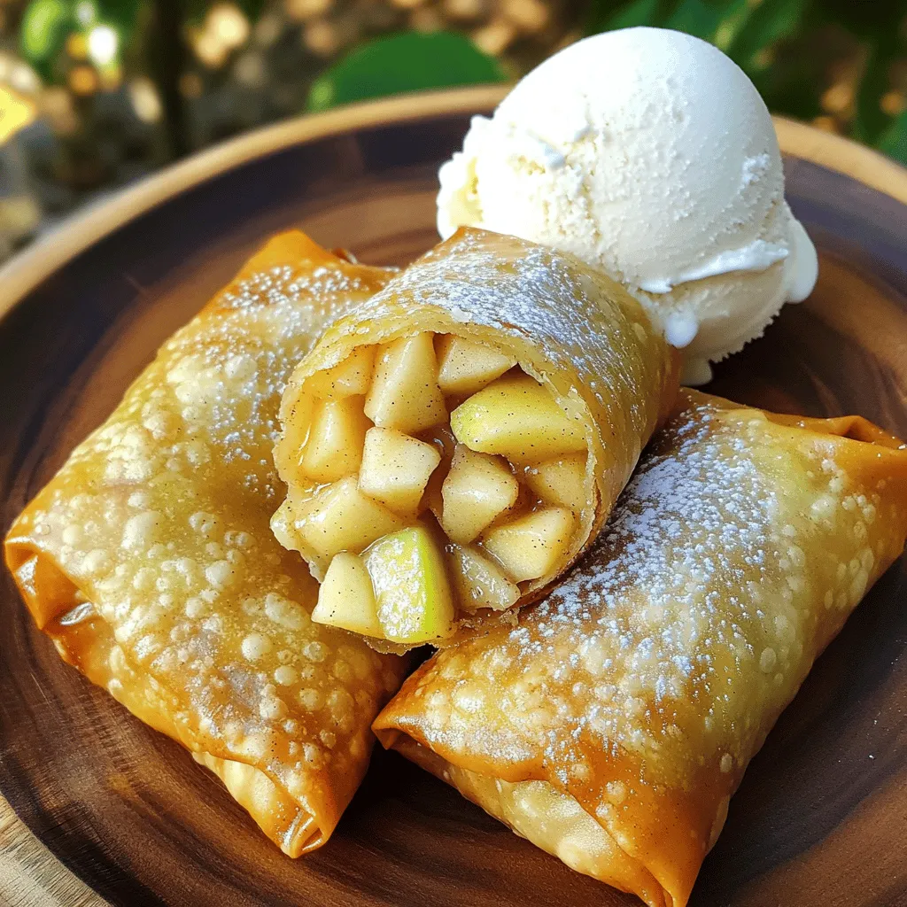 - 2 medium apples (Granny Smith or Honeycrisp) - 1/4 cup packed brown sugar - 1 teaspoon ground cinnamon - 1/8 teaspoon ground nutmeg - 1 tablespoon fresh lemon juice - 1 tablespoon unsalted butter - 10 egg roll wrappers - Vegetable oil for frying - Powdered sugar for dusting (optional) - Vanilla ice cream (optional, for serving) Using fresh ingredients makes a big difference. I like to use Granny Smith or Honeycrisp apples. They stay crisp and add a nice tartness. You will also need brown sugar to sweeten the filling. Cinnamon and nutmeg give it warmth and depth. A touch of lemon juice brightens the flavors. Butter is key for cooking the apples. It adds richness and helps them soften. The egg roll wrappers create a crunchy shell. They hold the filling inside and fry up nicely. Vegetable oil is best for frying. It heats well and cooks the egg rolls evenly. You can dust the rolls with powdered sugar for sweetness. A scoop of vanilla ice cream makes it extra special. This combo creates a fun dessert that everyone loves. For the full recipe, check the details on how to prepare these delicious treats! To make the filling, start by cooking the apples. I use unsalted butter in a medium saucepan. Heat it over medium heat until it melts. Next, add the diced apples along with brown sugar, lemon juice, ground cinnamon, and nutmeg. Stir everything to coat the apples well. Cook this mixture for about 5-7 minutes. You want the apples tender but still firm. Once done, remove the pan from heat and let the filling cool slightly. Now, it's time to assemble the egg rolls. Place an egg roll wrapper on a clean, dry surface. Position it with one corner facing you, like a diamond. Take 2-3 tablespoons of the cooled apple filling and spoon it onto the lower corner of the wrapper. First, fold the bottom corner over the filling. Next, fold in the sides. Now, roll the wrapper towards the top corner. Make sure to keep it tight. Dampen the edges with a small bit of water to help seal it. Repeat this with the rest of the wrappers and filling. For frying, pour vegetable oil into a deep skillet or pan. You want enough oil to cover the bottom by about one inch. Heat the oil over medium-high heat until it reaches 350°F (175°C). To check if the oil is ready, drop in a small piece of bread. If it sizzles, it's time to fry. Carefully place 2-3 egg rolls into the hot oil. Avoid putting too many in at once, as this can lower the oil temperature. Fry for 2-3 minutes on each side until they are golden brown and crispy. Use a slotted spoon to take them out and place them on a plate with paper towels to drain excess oil. For the full recipe, check out the earlier section. Enjoy making these fun treats! To make sure your egg rolls are not soggy, always use dry apples. After dicing, pat them with a paper towel. This helps remove excess moisture. Another tip is to fry them right after you assemble them. If you wait too long, the filling can make the wrappers soggy. For even cooking, keep the oil temperature steady. Ideal frying temperature is 350°F (175°C). Use a thermometer to check. If the oil is too cool, the egg rolls will absorb more oil and become greasy. If it’s too hot, they can burn before cooking through. I love to top my egg rolls with powdered sugar for a sweet finish. A sprinkle makes them look fancy and taste great. You can also serve them with a scoop of vanilla ice cream. The cold ice cream pairs perfectly with the warm egg rolls and makes each bite special. Another fun idea is to create a dessert platter. Arrange the egg rolls with fresh fruits, whipped cream, or caramel sauce. This makes for a great party treat or family dessert night. One big mistake is frying at the wrong temperature. If the oil is not hot enough, the egg rolls will soak up too much oil and become soggy. Always test your oil with a small piece of bread before frying. Another common issue is overfilling the egg rolls. If you add too much filling, they can burst open while frying. Stick to 2-3 tablespoons of filling for each roll. This ensures a secure seal and a nice bite every time. For the full recipe, check out the [Full Recipe]. {{image_4}} You can play with different apple types in this recipe. Granny Smith gives a nice tartness. Honeycrisp adds sweetness and crunch. You could even mix apples for more flavor. Adding caramel or nuts to the filling can also enhance taste. Caramel adds a rich, gooey layer. Nuts like walnuts or pecans add a crunchy texture. Just chop them small so they mix well with the apples. If you prefer baking, you can achieve great results. Preheat your oven to 400°F (200°C). Place the egg rolls on a baking sheet. Brush them lightly with oil for crispiness. Bake for 15-20 minutes, flipping halfway through. Your egg rolls will be golden and delicious. For an air fryer, set it to 375°F (190°C). Arrange the egg rolls in a single layer. Cook for about 10-12 minutes, shaking the basket halfway. This method gives you a crispy result without frying. You can change the filling based on the season. In fall, try adding pumpkin or cranberries. This gives a festive twist to your egg rolls. For summer, use berry fillings like blueberries or strawberries. They add a bright flavor and color. Just remember to adjust the sugar based on the fruit's sweetness. For the full recipe, check the beginning of this article. Enjoy your cooking! To keep your apple pie egg rolls fresh, place them in an airtight container. Store them in the fridge for up to three days. When you want to enjoy them again, reheat them in the oven. Set the oven to 350°F (175°C) and bake for 10-15 minutes. This way, they regain their crispiness. You can freeze apple pie egg rolls before or after frying. If freezing before frying, wrap each egg roll tightly in plastic wrap. Place them in a freezer bag to prevent freezer burn. They can last for about three months. If you fry them first, let them cool completely, then freeze in a single layer. After freezing, transfer them to a freezer bag. When you’re ready to eat frozen egg rolls, reheat them in the oven at 375°F (190°C) for 15-20 minutes. This helps them stay crispy. In the fridge, apple pie egg rolls last for about three days. In the freezer, they can stay good for up to three months. Keeping them sealed properly helps maintain their quality. Enjoy your treats at their best! Yes, you can use store-bought apple pie filling. Here are some pros and cons: - Pros: - Saves time and effort. - Consistent taste and texture. - No need to cook apples. - Cons: - May lack freshness. - Less control over spices. - Might be too sweet for some. Using pre-made fillings can work well in a pinch. Just check the label for quality. To make your egg rolls less greasy, try these tips: - Oil Management: - Use enough oil to cover the bottom of the pan. - Heat oil to 350°F (175°C) for best frying results. - Fry in small batches to avoid crowding. - Baking Method: - Brush or spray egg rolls lightly with oil. - Bake at 400°F (200°C) for 15-20 minutes. - Flip halfway through for even cooking. These methods help keep your egg rolls crispy and light. If your egg roll wrappers tear, follow these steps: - Repairing Tears: - Use a little water to seal the edges. - Patch small tears with an extra piece of wrapper. - Preventing Tears: - Keep wrappers covered with a damp cloth. - Avoid overfilling to reduce stress on the wrapper. Taking these steps can help keep your egg rolls intact during cooking. Apple pie egg rolls are a fun twist on a classic. We covered the best ingredients, step-by-step instructions, and tips for perfect results. You can play with filling flavors or try baking too. Remember to store leftovers properly for the best flavor. With this knowledge, you can make tasty treats that impress everyone. Enjoy your delicious creations and share them with friends and family!
