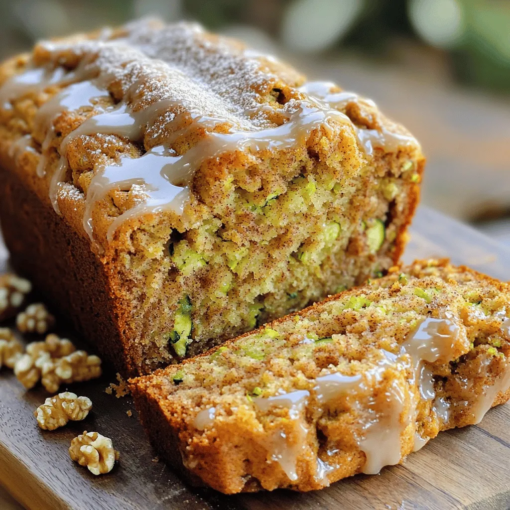 For this tasty zucchini bread, gather these items: - 2 cups grated zucchini (about 2 medium zucchinis) - 1/2 cup unsweetened applesauce - 1/2 cup granulated sugar - 1/4 cup packed brown sugar - 1/2 cup vegetable oil - 2 large eggs - 1 teaspoon vanilla extract - 2 cups all-purpose flour - 1 teaspoon baking soda - 1/2 teaspoon baking powder - 1 teaspoon ground cinnamon - 1/2 teaspoon salt - 1 cup chopped walnuts or pecans (optional) - 1/4 cup cinnamon sugar (mix 1/4 cup sugar with 1 tablespoon ground cinnamon) for topping Using fresh ingredients is key to great flavor. Fresh zucchini adds moisture and taste. Applesauce keeps the bread soft and sweet. Fresh spices like cinnamon elevate the aroma. Old or stale ingredients can dull your bread. Opt for fresh whenever you can. This choice ensures a moist, flavorful treat every time. You can easily swap some ingredients if needed. For the applesauce, use mashed banana or yogurt. If you want less sugar, cut the granulated sugar by a little. You can replace vegetable oil with melted coconut oil or melted butter. For a nut-free version, just leave out the nuts. These alternatives still create a delicious bread! Start by preheating your oven to 350°F (175°C). Take your 9x5-inch loaf pan and grease it well. If you prefer, line the pan with parchment paper. This makes it easy to remove the bread later. In a big bowl, mix together the unsweetened applesauce, granulated sugar, brown sugar, vegetable oil, eggs, and vanilla extract. Use a whisk to blend these until they are smooth. This blend adds great flavor and moisture to the bread. In another bowl, sift together the all-purpose flour, baking soda, baking powder, ground cinnamon, and salt. Sifting helps mix in the baking agents evenly. It keeps your bread light and fluffy. Now, take the grated zucchini that you prepared earlier. Gently fold it into the wet mixture. If you like, you can also add chopped walnuts or pecans at this stage. Mix until just combined. Be careful not to overmix; this keeps the bread tender and soft. When you are ready, combine both mixtures by adding the dry to the wet. Stir gently until everything is mixed well. Now you're ready to bake! For the complete recipe, you can refer to the Full Recipe. To get that soft and moist texture, start with fresh zucchini. Grate it finely and remove excess moisture using a towel. This prevents the bread from being too soggy. Mix your wet and dry ingredients separately to keep the batter light. When you combine them, stir gently to avoid overmixing. This keeps the bread fluffy and tender. Bake your Cinnamon Roll Zucchini Bread at 350°F (175°C). Check for doneness after 50 minutes. Insert a toothpick into the center. If it comes out clean, your bread is ready. If it’s not done, check every five minutes. This keeps your bread from drying out. Serve the bread warm for the best taste. A light drizzle of icing made from powdered sugar and milk adds sweetness. If you want a healthier option, enjoy it plain. Pair it with coffee or tea for a lovely snack or breakfast treat. Each slice is a delight that you can savor any time of day. {{image_4}} You can easily add fun flavors to your cinnamon roll zucchini bread. Here are some ideas: - Chocolate Chips: Add 1 cup of chocolate chips for a sweet twist. - Dried Fruits: Mix in 1/2 cup of raisins or cranberries for a fruity touch. - Spices: Try a pinch of nutmeg or ginger for extra warmth. These simple changes can make each loaf unique and exciting. You can change the sweetness to suit your taste. Here are some tips: - Less Sugar: Reduce granulated sugar to 1/4 cup if you want it less sweet. - Natural Sweeteners: Use honey or maple syrup in place of sugar. - Taste as You Go: Mix a small amount of batter to test sweetness and adjust as needed. These adjustments help you create the perfect loaf for your palate. Making this recipe gluten-free or dairy-free is easy. Consider these swaps: - Gluten-Free Flour: Use a 1:1 gluten-free flour blend instead of all-purpose flour. - Dairy-Free Options: Substitute applesauce with dairy-free yogurt or use almond milk. - Egg Replacement: Replace eggs with flax eggs or applesauce for a vegan option. These changes ensure everyone can enjoy this delicious bread! For the full recipe, check the details above. To keep your cinnamon roll zucchini bread fresh, wrap it tightly in plastic wrap. Place the wrapped bread in an airtight container. This method helps to lock in moisture and flavor. Store it at room temperature for up to three days. If you live in a humid area, refrigerate it to prevent mold. For long-term storage, freezing is the best option. First, let the bread cool completely. Then, slice the bread into pieces. Wrap each slice in plastic wrap. After that, place the wrapped slices in a freezer bag. Squeeze out the air and seal the bag tightly. You can freeze it for up to three months. When you're ready, simply thaw a slice at room temperature. To reheat your zucchini bread, preheat the oven to 350°F (175°C). Place the sliced bread on a baking sheet. Heat it for about 10 minutes. This method will help restore its soft texture. You can also microwave a single slice for about 15-20 seconds. Just be careful not to overheat, as it can dry out quickly. Enjoy your warm, delicious bread! Yes, you can use frozen zucchini. Just thaw it first and drain any extra liquid. Frozen zucchini works well, but fresh gives the best flavor. Check the center of your bread with a toothpick. If it comes out clean, your bread is done. You can also press the top; it should spring back. Pair this bread with yogurt, fresh fruit, or a side salad. It makes a great breakfast or snack with coffee or tea. You can also enjoy it with a light drizzle of icing. Yes, you can make muffins! Just adjust the baking time to about 20 to 25 minutes. Use a muffin tin and fill each cup about two-thirds full. This makes for easy grab-and-go treats. For the full recipe, check the earlier section. Cinnamon Roll Zucchini Bread is a unique treat that combines rich flavors with healthy ingredients. I explained the importance of using fresh ingredients and shared tips for the perfect texture. You can taste this bread in many ways with fun variations and adjustments. Remember to store leftovers properly for lasting freshness. Enjoy your baking journey, and don’t hesitate to experiment with flavors! This bread adds joy and warmth to any meal.