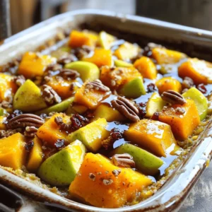 - 1 medium butternut squash - 2 large apples (Granny Smith or Honeycrisp) - 1/4 cup packed brown sugar - 1 teaspoon ground cinnamon - 1/2 teaspoon ground nutmeg - 1/4 teaspoon ground ginger - 1/4 cup pure maple syrup - 2 tablespoons extra virgin olive oil - 1/2 cup chopped pecans (optional) - 1/4 teaspoon sea salt - 1/2 cup dried cranberries (optional) I love cooking with fresh and simple ingredients. For this dish, the butternut squash shines. It adds a sweet, nutty flavor. The apples bring a tartness that balances the sweetness. I prefer Granny Smith or Honeycrisp apples for their crisp texture. Using brown sugar in this recipe gives a rich sweetness. The ground cinnamon, nutmeg, and ginger add warmth. These spices remind me of cozy fall days. Maple syrup enhances the natural sweetness and adds depth. Olive oil helps to roast the squash and apples perfectly. If you like crunch, add pecans. They bring a nice texture. Dried cranberries can add a sweet and tangy bite. They make this dish even more special. I recommend using high-quality ingredients. This will enhance the flavor and make your dish shine. For the full recipe, check out the [Full Recipe]. - Preheat the oven to 375°F (190°C). This step is key for even cooking. - Peel and cube butternut squash into bite-sized pieces. This helps it cook faster. - Core and slice apples into thin wedges. Use sweet varieties for a tasty mix. - Combine squash and apples in a large bowl. Make sure they mix well. - Prepare the sauce mixture by whisking brown sugar, spices, maple syrup, olive oil, and sea salt in a small bowl. This blend adds depth of flavor. - Coat the squash and apples with the sauce mixture. Stir gently to cover all pieces. - Transfer to baking dish and spread it evenly. This ensures all parts cook well. - Bake and cover the dish tightly with aluminum foil. Bake for 25 minutes. Then, remove the foil and bake for another 15-20 minutes. Check for tenderness and a golden top. For the full recipe, refer to the detailed instructions provided earlier. To make your butternut squash apple bake just right, adjust sweetness to your taste. If you like it sweeter, add more brown sugar or maple syrup. You can also enhance flavors with spices. Try adding a pinch of cloves or allspice for a warm touch. For a beautiful presentation, serve the warm bake in individual bowls. Drizzle extra maple syrup on top for added sweetness. You can garnish with chopped pecans or dried cranberries for color and crunch. This dish pairs well with proteins like roasted chicken or pork. It also works great alongside a fresh salad for a light meal. To check for doneness, pierce the squash with a fork. It should feel tender when done. Avoid overbaking, as this can make the squash mushy. Keep an eye on it in the last few minutes of baking. This way, you get a perfect texture and flavor. For the full recipe, refer to the main recipe section. {{image_4}} You can switch apples or squashes to change the taste. Try using Fuji apples or acorn squash. Both will add their unique flavor. You can also mix in different nuts or dried fruits. Almonds or walnuts can replace pecans. Dried cherries or apricots can add a sweet twist. These simple swaps keep the dish fresh and exciting. Fall is a great time to add seasonal spices. Try using allspice or cardamom for a warm flavor. These spices complement the squash and apples beautifully. You can also make it festive for holidays. Adding a touch of orange zest or nutmeg gives it a holiday feel. These small changes make your Butternut Squash Apple Bake more fun. If you want a vegan version, replace the maple syrup with agave nectar. For gluten-free options, ensure your ingredients are certified gluten-free. You can also cut back on sugar if you prefer a lighter dish. Use stevia or monk fruit as a low-sugar alternative. These adjustments help everyone enjoy this dish. For the full recipe, visit the provided link. After you bake the dish, let it cool. Place leftovers in an airtight container. Store them in the fridge. The Butternut Squash Apple Bake lasts up to five days. For longer storage, you can freeze the bake. First, let it cool completely. Then, portion it into freezer-safe containers. Label each container with a date. It can last up to three months in the freezer. When ready to eat, thaw it overnight in the fridge. Reheat in the oven at 350°F (175°C) until warm. You can get creative with leftovers. Try mixing it into oatmeal for breakfast. You can also use it as a topping for pancakes. If you want a savory twist, blend it into a soup. The flavors will shine through in any dish! For more ideas, check out the Full Recipe for inspiration. Bake your Butternut Squash Apple Bake for about 40 to 45 minutes. Start by covering it with foil and baking for 25 minutes. Then, remove the foil and bake for another 15 to 20 minutes. This method helps the squash cook through while allowing a nice caramelization on top. Yes, you can prepare this dish ahead of time. Mix the squash and apples with the sauce, then cover the dish. Store it in the fridge for up to a day. When ready to bake, just pop it in the oven. This is a great way to save time on busy days. The best apples for this recipe are Granny Smith and Honeycrisp. Granny Smith adds a tart flavor, balancing the sweetness of the squash and sugar. Honeycrisp offers a sweet and juicy bite, perfect for baking. You can mix and match these for great flavor. Yes, Butternut Squash Apple Bake is a healthy choice. Butternut squash is rich in vitamins A and C. Apples provide fiber and antioxidants. You can control the sugar levels too. Using less sugar or natural sweeteners makes it even healthier. Absolutely! You can use maple syrup or honey instead of brown sugar. These options add their own unique flavor. Adjust the amount to taste, as some sweeteners are sweeter than others. This keeps the dish delicious and still healthy. You’ll know the bake is done when the squash is tender. Use a fork to check for softness. The top should be golden and slightly caramelized, which adds to the flavor. If it’s not ready, bake for a few more minutes and check again. For the full recipe, refer to the previous section. This blog post covers a delicious butternut squash apple bake. We explored the essential ingredients, easy steps, and helpful tips to make it great. You learned about variations, storage, and frequently asked questions. In the end, you can adjust this dish to fit your taste. Whether for a holiday or a cozy meal, this recipe offers warmth and flavor. Enjoy creating this tasty bake and share it with friends and family!