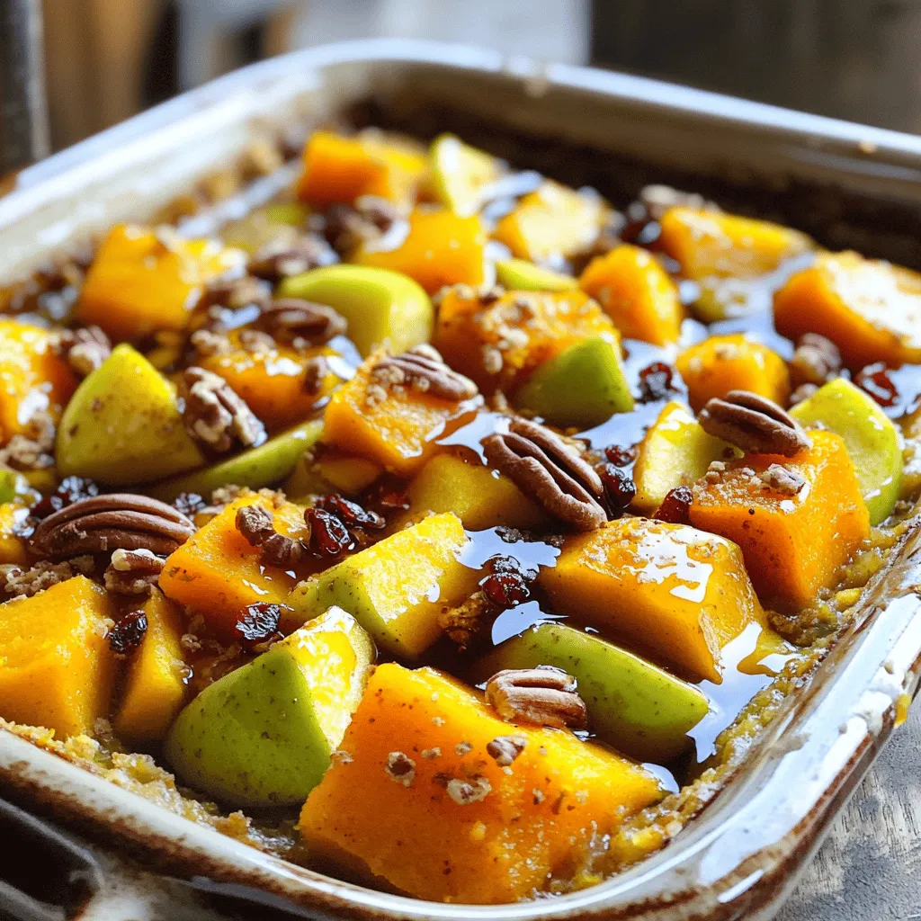 - 1 medium butternut squash - 2 large apples (Granny Smith or Honeycrisp) - 1/4 cup packed brown sugar - 1 teaspoon ground cinnamon - 1/2 teaspoon ground nutmeg - 1/4 teaspoon ground ginger - 1/4 cup pure maple syrup - 2 tablespoons extra virgin olive oil - 1/2 cup chopped pecans (optional) - 1/4 teaspoon sea salt - 1/2 cup dried cranberries (optional) I love cooking with fresh and simple ingredients. For this dish, the butternut squash shines. It adds a sweet, nutty flavor. The apples bring a tartness that balances the sweetness. I prefer Granny Smith or Honeycrisp apples for their crisp texture. Using brown sugar in this recipe gives a rich sweetness. The ground cinnamon, nutmeg, and ginger add warmth. These spices remind me of cozy fall days. Maple syrup enhances the natural sweetness and adds depth. Olive oil helps to roast the squash and apples perfectly. If you like crunch, add pecans. They bring a nice texture. Dried cranberries can add a sweet and tangy bite. They make this dish even more special. I recommend using high-quality ingredients. This will enhance the flavor and make your dish shine. For the full recipe, check out the [Full Recipe]. - Preheat the oven to 375°F (190°C). This step is key for even cooking. - Peel and cube butternut squash into bite-sized pieces. This helps it cook faster. - Core and slice apples into thin wedges. Use sweet varieties for a tasty mix. - Combine squash and apples in a large bowl. Make sure they mix well. - Prepare the sauce mixture by whisking brown sugar, spices, maple syrup, olive oil, and sea salt in a small bowl. This blend adds depth of flavor. - Coat the squash and apples with the sauce mixture. Stir gently to cover all pieces. - Transfer to baking dish and spread it evenly. This ensures all parts cook well. - Bake and cover the dish tightly with aluminum foil. Bake for 25 minutes. Then, remove the foil and bake for another 15-20 minutes. Check for tenderness and a golden top. For the full recipe, refer to the detailed instructions provided earlier. To make your butternut squash apple bake just right, adjust sweetness to your taste. If you like it sweeter, add more brown sugar or maple syrup. You can also enhance flavors with spices. Try adding a pinch of cloves or allspice for a warm touch. For a beautiful presentation, serve the warm bake in individual bowls. Drizzle extra maple syrup on top for added sweetness. You can garnish with chopped pecans or dried cranberries for color and crunch. This dish pairs well with proteins like roasted chicken or pork. It also works great alongside a fresh salad for a light meal. To check for doneness, pierce the squash with a fork. It should feel tender when done. Avoid overbaking, as this can make the squash mushy. Keep an eye on it in the last few minutes of baking. This way, you get a perfect texture and flavor. For the full recipe, refer to the main recipe section. {{image_4}} You can switch apples or squashes to change the taste. Try using Fuji apples or acorn squash. Both will add their unique flavor. You can also mix in different nuts or dried fruits. Almonds or walnuts can replace pecans. Dried cherries or apricots can add a sweet twist. These simple swaps keep the dish fresh and exciting. Fall is a great time to add seasonal spices. Try using allspice or cardamom for a warm flavor. These spices complement the squash and apples beautifully. You can also make it festive for holidays. Adding a touch of orange zest or nutmeg gives it a holiday feel. These small changes make your Butternut Squash Apple Bake more fun. If you want a vegan version, replace the maple syrup with agave nectar. For gluten-free options, ensure your ingredients are certified gluten-free. You can also cut back on sugar if you prefer a lighter dish. Use stevia or monk fruit as a low-sugar alternative. These adjustments help everyone enjoy this dish. For the full recipe, visit the provided link. After you bake the dish, let it cool. Place leftovers in an airtight container. Store them in the fridge. The Butternut Squash Apple Bake lasts up to five days. For longer storage, you can freeze the bake. First, let it cool completely. Then, portion it into freezer-safe containers. Label each container with a date. It can last up to three months in the freezer. When ready to eat, thaw it overnight in the fridge. Reheat in the oven at 350°F (175°C) until warm. You can get creative with leftovers. Try mixing it into oatmeal for breakfast. You can also use it as a topping for pancakes. If you want a savory twist, blend it into a soup. The flavors will shine through in any dish! For more ideas, check out the Full Recipe for inspiration. Bake your Butternut Squash Apple Bake for about 40 to 45 minutes. Start by covering it with foil and baking for 25 minutes. Then, remove the foil and bake for another 15 to 20 minutes. This method helps the squash cook through while allowing a nice caramelization on top. Yes, you can prepare this dish ahead of time. Mix the squash and apples with the sauce, then cover the dish. Store it in the fridge for up to a day. When ready to bake, just pop it in the oven. This is a great way to save time on busy days. The best apples for this recipe are Granny Smith and Honeycrisp. Granny Smith adds a tart flavor, balancing the sweetness of the squash and sugar. Honeycrisp offers a sweet and juicy bite, perfect for baking. You can mix and match these for great flavor. Yes, Butternut Squash Apple Bake is a healthy choice. Butternut squash is rich in vitamins A and C. Apples provide fiber and antioxidants. You can control the sugar levels too. Using less sugar or natural sweeteners makes it even healthier. Absolutely! You can use maple syrup or honey instead of brown sugar. These options add their own unique flavor. Adjust the amount to taste, as some sweeteners are sweeter than others. This keeps the dish delicious and still healthy. You’ll know the bake is done when the squash is tender. Use a fork to check for softness. The top should be golden and slightly caramelized, which adds to the flavor. If it’s not ready, bake for a few more minutes and check again. For the full recipe, refer to the previous section. This blog post covers a delicious butternut squash apple bake. We explored the essential ingredients, easy steps, and helpful tips to make it great. You learned about variations, storage, and frequently asked questions. In the end, you can adjust this dish to fit your taste. Whether for a holiday or a cozy meal, this recipe offers warmth and flavor. Enjoy creating this tasty bake and share it with friends and family!
