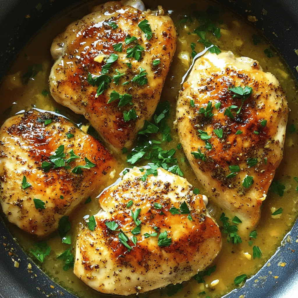 - 4 boneless, skinless chicken breasts - 1 tablespoon olive oil - 1 teaspoon garlic powder - 1 teaspoon smoked paprika - 1 teaspoon onion powder - 1 teaspoon dried thyme - 1 teaspoon salt - ½ teaspoon black pepper - 1 cup chicken broth - 2 tablespoons lemon juice - 1 tablespoon fresh parsley, chopped (for garnish) You can swap chicken breasts for thighs if you prefer darker meat. Thighs will stay juicy and tender. For spices, you can use Italian seasoning instead of thyme. If you want more heat, try adding cayenne pepper. Use a heavy skillet, like cast iron, for even heat. A non-stick skillet also works well but may not give the same browning. A cooking thermometer is key to check the chicken’s doneness. Aim for 165°F (75°C). This ensures the chicken is safe to eat and remains juicy. To get the best sear, you need to dry the chicken. Use paper towels to gently pat each breast dry. Moisture can make the chicken steam instead of sear. A good sear gives you that tasty crust you want. Next, even seasoning is key for flavor. Mix garlic powder, smoked paprika, onion powder, thyme, salt, and black pepper in a bowl. Rub this mix all over the chicken. Make sure every piece gets coated. This ensures a burst of flavor in every bite. Heat a large skillet over medium-high heat. Add olive oil and let it get hot. You want the oil to shimmer slightly. This means it is ready for cooking. Now, add the chicken breasts. Place them in a single layer. Do not move them for 5-7 minutes. This helps form a golden-brown crust. After that time, flip the chicken and cook for another 5-7 minutes. The internal temperature should reach 165°F (75°C). If your skillet is small, sear the chicken in batches. After cooking, remove the chicken from the skillet. Leave the tasty bits behind. Pour in chicken broth and lemon juice. Use a wooden spoon to scrape the browned bits. This adds deep flavor to your sauce. Let this mixture simmer for 3-4 minutes. This reduces the sauce and concentrates the flavor. You want it thick enough to cling to the chicken. Finally, return the chicken to the skillet. Spoon sauce over each piece and let it simmer for 2 more minutes. This helps the chicken soak up the zesty sauce. For the full recipe, check the detailed instructions above. Resting cooked chicken is key. When chicken rests, juices redistribute. This makes each bite moist. Aim for an internal temperature of 165°F (75°C). Use a meat thermometer to check. This ensures your chicken is safe to eat while still juicy. For more flavor, think beyond basic seasoning. Try adding herbs like rosemary or basil. A sprinkle of cayenne pepper adds a nice kick. Marinating chicken for at least 30 minutes boosts flavor. Use a mix of olive oil, lemon juice, and your favorite spices. Overcrowding the skillet can lead to steaming. Always cook in batches if needed. This helps each piece get that golden crust. To prevent dryness, avoid cooking on high heat. Medium heat helps cook evenly without drying out your chicken. {{image_4}} You can easily change the flavor of your skillet chicken. Add fresh herbs like rosemary or thyme for a fragrant twist. A splash of citrus juice, such as orange or lime, brightens the dish. For a spicy kick, try mixing in hot sauce or sriracha. This adds heat and depth to your meal. Not a fan of the skillet? You can bake the chicken in the oven. Preheat to 400°F (200°C) and place seasoned chicken in a baking dish. Bake for about 25-30 minutes or until the internal temperature hits 165°F (75°C). If you enjoy grilling, season the chicken and cook it on a grill over medium heat. This adds a smoky flavor that is hard to resist. What goes with juicy chicken? Steamed vegetables are a great choice. They add color and nutrition. Creamy mashed potatoes pair well too, creating a comforting meal. For a fun twist, serve the chicken on a bed of rice or quinoa. Garnish with fresh parsley for a pop of color. Arrange the chicken on a plate with sides for an inviting look. For the complete recipe, check out the Full Recipe. To store leftovers safely, let the chicken cool. Place it in an airtight container. This helps keep it fresh. The cooked chicken will stay good in the fridge for three to four days. I recommend using glass or BPA-free plastic containers. These materials keep the chicken tasty and safe. You can freeze cooked chicken breasts for longer storage. To freeze, let the chicken cool completely. Wrap each piece tightly in plastic wrap. Then place them in a freezer bag. Remove as much air as possible before sealing. This will prevent freezer burn. When you want to eat, thaw the chicken in the fridge overnight. If you're in a hurry, you can use the microwave. Reheat the chicken in a skillet over medium heat. Add a splash of broth or water to keep it juicy. Leftover chicken is very versatile. You can shred it for tacos or salads. It makes a great addition to soups or casseroles. Try mixing it with pasta and veggies for a quick meal. You can also find helpful recipes that utilize leftover chicken, like a hearty chicken salad or a creamy chicken and rice dish. This way, nothing goes to waste, and you enjoy new meals! To check if chicken is cooked, use a meat thermometer. Insert it into the thickest part of the breast. The chicken is done when it reaches 165°F (75°C). This ensures it's safe to eat. If you don’t have a thermometer, cut into the chicken. The juices should run clear, not pink. Yes, you can use other meats like turkey or pork. Each type will need a slight cooking time change. Turkey breasts usually take longer than chicken. Pork should also reach 145°F (63°C) for safety. Adjust your cooking time based on the meat you choose. You can serve skillet chicken with many tasty sides. Here are a few ideas: - Steamed broccoli - Mashed potatoes - Rice pilaf - Quinoa salad - Roasted vegetables These sides make a balanced meal and pair well with chicken. Seasoning is key for great flavor and tenderness. When you season the chicken, it absorbs those flavors. This makes each bite delicious. Herbs and spices add depth and character. Proper seasoning can also help keep the chicken moist. Too little seasoning leaves the chicken bland. So, don’t skip this step! For more detailed cooking instructions, you can check the Full Recipe. Cooking delicious skillet chicken is easier than you think. We covered key ingredients, methods, and tips to enhance your dish. Remember to rest the chicken for juiciness and check if it's cooked correctly. Feel free to swap ingredients based on your taste and experiment with different flavors. Whether you grill, bake, or sauté, there are many ways to enjoy this meal. Use leftovers creatively to minimize waste and save time. Enjoy your cooking journey and impress your loved ones with this simple yet tasty recipe!