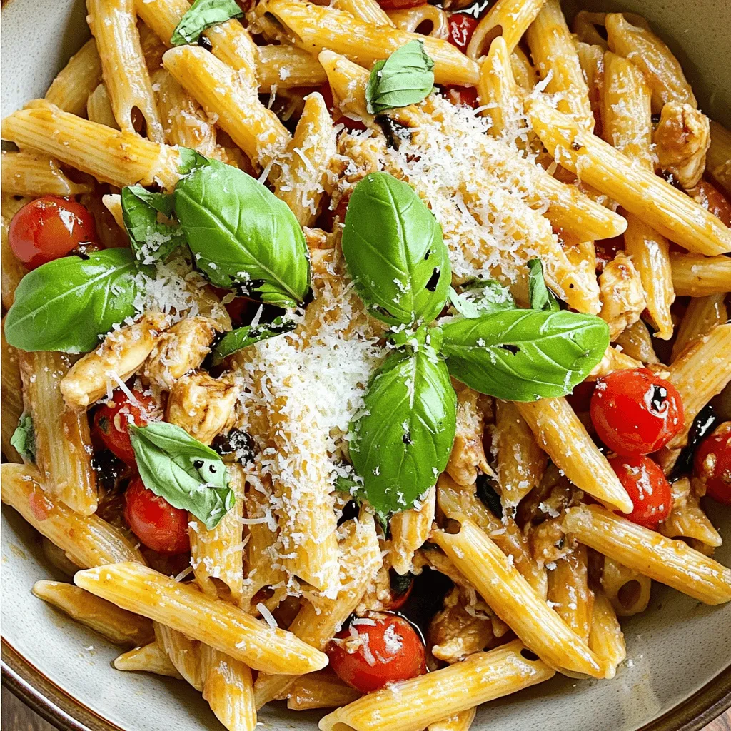 To make this tasty dish, gather these main ingredients: - 2 chicken breasts, diced into bite-sized pieces - 8 oz pasta (penne or fusilli recommended) - 2 cups cherry tomatoes, halved - 1 cup fresh basil leaves, roughly chopped - 3 cloves garlic, finely minced - 2 tablespoons balsamic vinegar - 3 tablespoons olive oil, divided - 1 teaspoon Italian seasoning blend - Salt and freshly ground black pepper, to taste - Freshly grated Parmesan cheese, for serving These ingredients create a fresh and vibrant flavor. The combination of tomatoes and basil gives a classic Italian feel. For those wanting to boost flavor, consider adding: - Red pepper flakes for heat - A splash of lemon juice for brightness - Pine nuts or walnuts for crunch - Other herbs like oregano or thyme These options allow you to personalize your dish. You can mix and match based on your taste. You will need a few basic tools to make this dish: - A large pot for boiling pasta - A large skillet for cooking chicken and sauce - A cutting board and knife for chopping - A colander for draining pasta Having the right tools makes cooking easier. You’ll enjoy the process and the final result more. For the full recipe, refer to the section above. Start by bringing a large pot of salted water to a boil. Once the water bubbles, add your pasta. I recommend using penne or fusilli for this dish. Cook the pasta according to the package instructions until it is al dente. This usually takes about 8-10 minutes. Once the pasta is ready, drain it well and set it aside. While the pasta cooks, heat 2 tablespoons of olive oil in a large skillet over medium heat. Once the oil is hot, add the diced chicken. Season it with salt, pepper, and Italian seasoning. Sauté the chicken for about 6-8 minutes. It should be cooked through and golden brown. When done, remove the chicken from the skillet and place it on a plate. In the same skillet, add the last tablespoon of olive oil. Heat it up, then add the minced garlic. Sauté the garlic for about 1 minute until it smells great. Be careful not to let it burn. Next, toss in the halved cherry tomatoes. Cook them for 3-4 minutes until they soften and burst. Stir in the balsamic vinegar and let it cook for another minute. Now, return the cooked chicken to the skillet along with the drained pasta. Gently mix everything together. Finally, fold in the chopped basil and taste your dish. Adjust the salt and pepper if needed. Serve the pasta warm, topped with freshly grated Parmesan cheese. For the full recipe, check back to the ingredients section! To cook chicken well, start with good pieces. I prefer using chicken breasts. Cut them into bite-sized pieces for even cooking. Heat olive oil in a pan over medium heat. Add the chicken, then sprinkle salt, pepper, and Italian seasoning on top. Cook until golden brown, about 6-8 minutes. Always check that the chicken is fully cooked. The inside should be white, not pink. If you want, you can let the chicken rest for a few minutes before adding it to your pasta. Fresh herbs make a big difference in taste. I love using basil in this dish. It adds a bright flavor that pairs well with tomatoes. You can also use oregano or parsley if you like. When cooking, add these herbs toward the end. This keeps their flavor strong. Another great tip is to use fresh garlic. Sauté it until it’s fragrant, but don’t let it burn. This will give your dish a rich taste. Presentation matters! Serve your Bruschetta Chicken Pasta in a large bowl. Top it with freshly grated Parmesan cheese for extra flavor. You can also add more basil leaves as a garnish. A small drizzle of balsamic reduction can make it look fancy. Don’t forget to pair it with a simple green salad or some crusty bread. This makes a great meal that looks and tastes amazing. For the full recipe, check out the details above! {{image_4}} You can easily make Bruschetta Chicken Pasta vegetarian. Replace chicken with grilled zucchini or mushrooms. These options add a nice texture. You can also use chickpeas for protein. They soak up flavors well and keep the dish filling. Don’t forget to add your favorite veggies like bell peppers or spinach. They add color and taste. If you need a gluten-free meal, swap regular pasta for gluten-free pasta. Many brands offer options that taste great. Check labels for gluten-free certification. You can also try spiralized veggies like zucchini or carrots. They make a light and fresh base for your dish. Feel free to mix up the flavors in this recipe. Use sun-dried tomatoes instead of fresh ones for a richer taste. You can also add feta cheese for a tangy kick. If you want some heat, toss in red pepper flakes. Fresh herbs like parsley or oregano can brighten the dish. Use whatever you like to make it your own! Explore these variations to keep your meals exciting. For the complete recipe, check the Full Recipe. To keep your leftover bruschetta chicken pasta fresh, first let it cool. Then, transfer it to an airtight container. Store it in the fridge for up to three days. If you want to keep it longer, freezing is a great option. When you're ready to eat the leftovers, reheat them gently. The best way is to use a microwave. Place the pasta in a microwave-safe bowl, cover it with a damp paper towel, and heat for 1-2 minutes. Stir halfway through to ensure even heating. You can also reheat in a skillet over low heat. Add a splash of water or olive oil to keep it moist. If you freeze bruschetta chicken pasta, use a freezer-safe container. This dish will last about two months in the freezer. When you want to eat it, transfer it to the fridge overnight to thaw. Then, reheat as mentioned above. Freezing may change the texture slightly, but the flavors will still be delicious. For the full recipe, check out the section above! Bruschetta Chicken Pasta is a tasty dish that combines chicken, pasta, and fresh tomatoes. You cook pasta, sauté chicken, and add a sauce made with garlic, basil, and balsamic vinegar. It's simple and delicious, perfect for a weeknight dinner. The flavors blend well to create a fresh, savory meal. Yes, you can prepare Bruschetta Chicken Pasta ahead of time. Cook the pasta and chicken, then store them separately. Keep the sauce in the fridge too. When you're ready to eat, simply heat everything together. This makes it easy to enjoy a quick meal on busy days. If you don't have balsamic vinegar, you can use red wine vinegar as a substitute. It has a similar tangy flavor that works well in this dish. You can also mix red wine vinegar with a bit of honey for sweetness. This will help mimic the taste of balsamic vinegar. Bruschetta Chicken Pasta can be a healthy choice. It has lean protein from chicken and nutrients from tomatoes and basil. You can make it even healthier by using whole grain pasta or adding more vegetables. Keep an eye on the cheese and oil to manage calories. Overall, it’s a balanced meal. Bruschetta Chicken Pasta combines rich flavors and simple steps. We covered key ingredients, making it easy to prepare. Cooking tips ensure your chicken comes out juicy and tasty. You learned about variations, from vegetarian swaps to gluten-free choices. Don't forget how to store leftovers and reheat them right. In short, this dish fits any meal plan and pleases everyone. Enjoy making this delicious pasta at home. You’ll love the results!