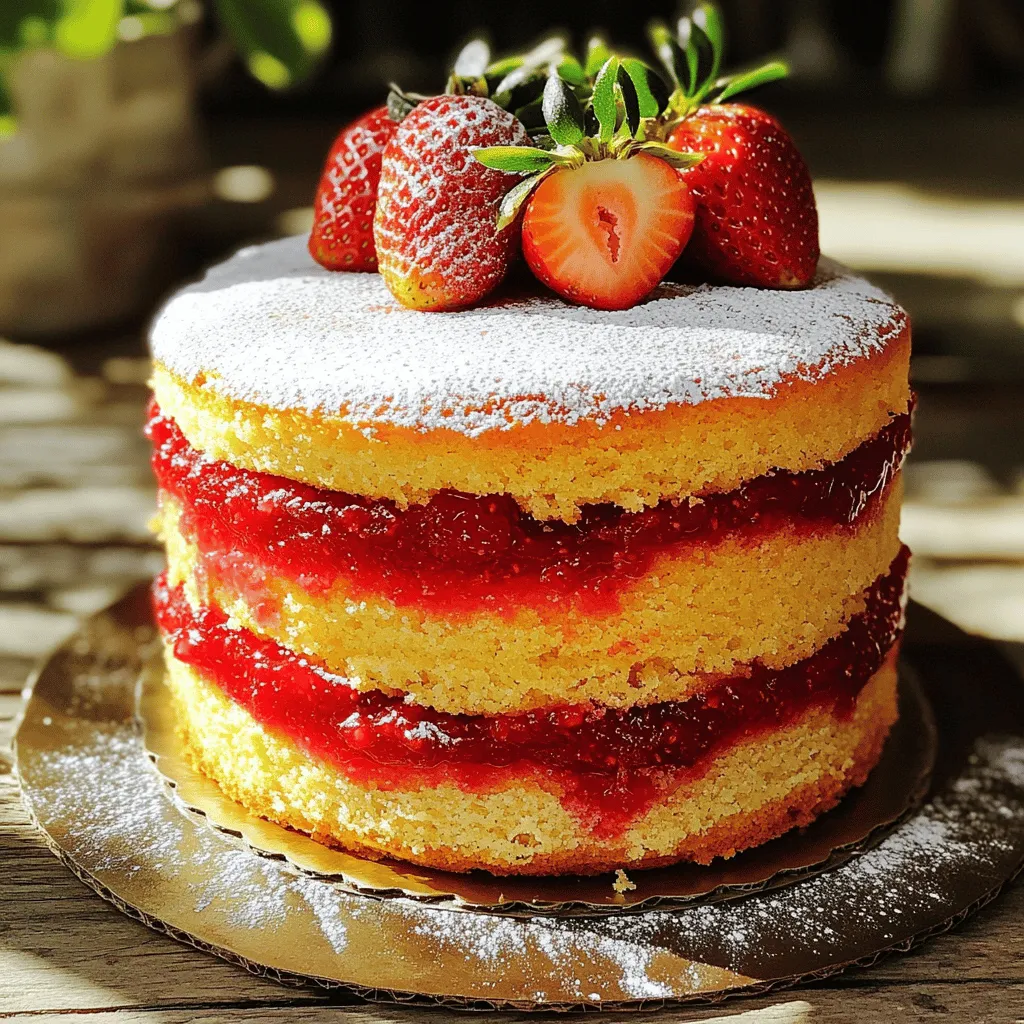 - 2 cups all-purpose flour - 1 ½ cups granulated sugar - ½ cup unsalted butter, softened to room temperature - 3 large eggs, at room temperature - 1 cup buttermilk, at room temperature These main ingredients create the base of your cake. The flour gives the cake structure. The sugar adds sweetness. Butter brings richness, while eggs help with binding. Buttermilk adds moisture and a slight tang. - 1 teaspoon freshly grated lemon zest - 1 cup strawberry jam, either homemade or your favorite brand The lemon zest brightens the flavor. It gives the cake a fresh note. Strawberry jam adds a fruity touch. This mix makes each bite delightful and fun. - Fresh strawberries - Powdered sugar Fresh strawberries enhance the look. They also add a burst of flavor. Dusting with powdered sugar gives a sweet finish. Together, they make the cake even more tempting and pretty. For the complete recipe, check the [Full Recipe]. 1. Preheating the oven: Start by preheating your oven to 350°F (175°C). This ensures the cake bakes evenly. 2. Greasing and flouring cake pans: Take two 9-inch round cake pans. Grease them well with butter or oil. Sprinkle flour into each pan, shaking off the excess. This step helps the cake come out easily after baking. 1. Creaming butter and sugar: In a large bowl, add ½ cup of softened butter and 1 ½ cups of granulated sugar. Use an electric mixer to beat them together until the mix is light and fluffy. This should take about 3-5 minutes. 2. Incorporating eggs, vanilla, and lemon zest: Add 3 large eggs, one at a time, mixing well after each. Now, add 1 teaspoon of pure vanilla extract and 1 teaspoon of freshly grated lemon zest. Mix until everything is well blended. 1. Whisking flour, baking powder, baking soda, and salt: In another bowl, whisk together 2 cups of all-purpose flour, 2 teaspoons of baking powder, 1 teaspoon of baking soda, and ½ teaspoon of fine salt. This helps to aerate the flour. 2. Alternating dry ingredients and buttermilk: Gradually add the dry mix to the butter mix. Alternate this with 1 cup of room temperature buttermilk. Start with one-third of the dry mix, then half of the buttermilk. Repeat, ending with dry ingredients. Mix gently until just combined. 1. Creating the marbled effect: Carefully fold in 1 cup of strawberry jam with a spatula. Do not fully mix it in; leave swirls to create a marbled look. Each slice will have lovely bursts of strawberry flavor. 1. Dividing the batter and baking: Pour the batter evenly into the two prepared pans. Smooth the tops with a spatula. 2. Cooling procedure: Bake for 25-30 minutes. To check if they are done, insert a toothpick in the center. If it comes out clean, they are ready. Let the cakes cool in the pans for 10 minutes, then transfer them to a wire rack. 1. Layering with strawberry jam: Once the cakes are cool, place one layer on a serving plate. Spread a thick layer of strawberry jam on top. Carefully add the second layer. 2. Dusting with powdered sugar and garnishing: Use a fine sieve to dust powdered sugar on top. Garnish with fresh strawberries for a beautiful look. You can find the full recipe for this delightful cake above. To make your cake soft and fluffy, always use room temperature ingredients. This includes butter, eggs, and buttermilk. They mix better and help create air in the batter. Avoid overmixing once you combine the wet and dry ingredients. Mix just until you see no dry flour. Overmixing can make your cake dense and tough. Use a toothpick to check if your cake is done. Insert it in the center of the cake. If it comes out clean, your cake is ready. To cool your cake without it getting soggy, place it on a wire rack. This allows air to circulate around it. If you leave it in the pan too long, moisture can build up. This cake shines when served at room temperature. Add a dollop of whipped cream or a scoop of vanilla ice cream for a tasty treat. For presentation, slice the cake neatly and arrange fresh strawberries on top. Dust it lightly with powdered sugar for a beautiful finish. You can also serve it on a colorful plate to make it pop. Enjoy the delightful flavors! {{image_4}} You can change the berries in this cake. Blueberries or raspberries work well too. Just swap them for strawberries. The cake will have a new flavor twist. You can also add lemon curd. This gives the cake an extra zing. The tart taste of lemon pairs nicely with sweet berries. If you need a gluten-free cake, use a gluten-free flour blend. This will keep the taste and texture great. You can also make this cake dairy-free. Use almond milk or coconut milk instead of buttermilk. These swaps help everyone enjoy the cake. Want to try something different? Add fresh herbs like basil or mint. These give a fresh taste that brightens the cake. You can also mix in nuts like walnuts or almonds. This adds a nice crunch and depth to each bite. For the full recipe, check the [Full Recipe]. To keep your Lemon Strawberry Jam Cake fresh, use an airtight container. This helps to lock in moisture and flavor. Make sure the cake is completely cooled before you store it. If you have leftover pieces, wrap them tightly in plastic wrap. This will help prevent them from drying out. You can freeze individual slices of the cake for later. Wrap each slice in plastic wrap, then place them in a freezer-safe bag. This keeps them fresh for up to three months. When you want to enjoy a slice, take it out of the freezer. Let it thaw at room temperature for about an hour. It will taste just as good as fresh! At room temperature, the cake stays delicious for about two days. If you want it to last longer, store it in the fridge. In the fridge, the cake remains tasty for about a week. Just remember to keep it in an airtight container to maintain its flavor. Enjoy your cake whenever you crave a sweet treat! Yes, you can use homemade strawberry jam. It adds a special touch. Fresh jam enhances the taste and texture. If you made your jam, it will work perfectly in this cake. Just be sure it has a nice spreadable consistency. You can use milk mixed with vinegar or lemon juice. Just add one tablespoon of vinegar or lemon juice to a cup of milk. Let it sit for about five minutes. This makes a great buttermilk substitute. To adjust sweetness, you can cut back on sugar. Try reducing the sugar by a quarter cup. You can also use a sugar substitute if you prefer. Just remember that it may change the texture a little. Yes, you can make this cake ahead of time. Bake it a day in advance and store it in an airtight container. This allows the flavors to blend nicely. Just add the jam and garnish on the day you serve. To cut the cake, use a sharp knife. Clean the knife between cuts for neat slices. Serve at room temperature for the best taste. You can add whipped cream or ice cream for extra delight. For added flair, place fresh strawberries on top. We explored the essential ingredients for a delicious cake and outlined the step-by-step process needed to create it. I shared tips to ensure the perfect texture and offered variations to cater to different tastes. In the end, this cake is not just a treat; it’s an opportunity to express your creativity. Keep experimenting and enjoy the process of baking! The journey brings joy, and the cake will delight all who taste it.