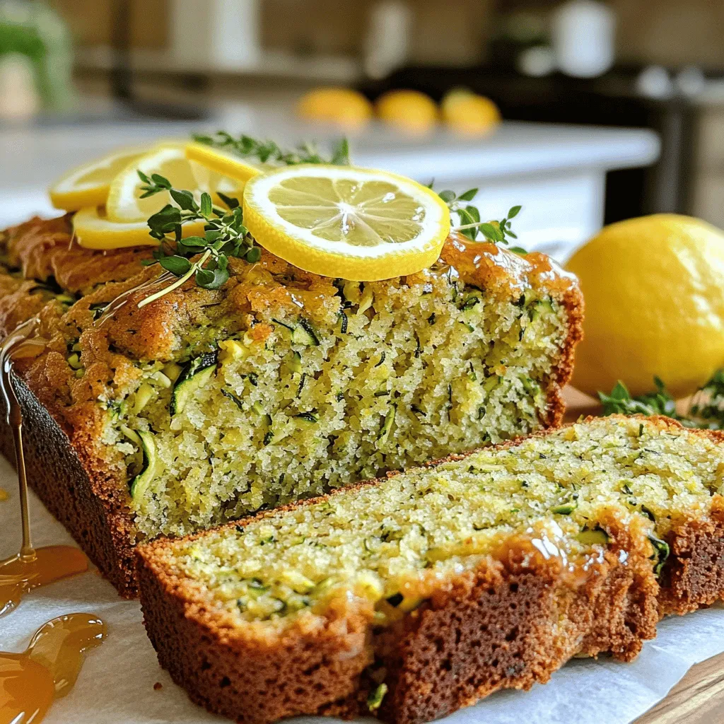 - 2 medium zucchinis, finely grated - 1 cup all-purpose flour - 1 cup whole wheat flour - 1 cup granulated sugar - ½ cup packed brown sugar - 3 large eggs, at room temperature - ½ cup vegetable oil or melted coconut oil - Zest and juice of 1 large lemon - ½ teaspoon salt - 2 teaspoons ground cinnamon - ½ cup chopped walnuts or pecans Using fresh ingredients makes a big difference. Zucchini adds moisture and nutrients. I love combining all-purpose and whole wheat flour for texture and flavor. The lemon zest brightens the bread, while the sugars give it sweetness. You can experiment with optional ingredients. Salt enhances flavor. Ground cinnamon adds warmth. Chopped nuts give a nice crunch. Feel free to adjust these to suit your taste. For the full recipe, check out the detailed instructions for baking this delightful zucchini bread. Enjoy the process, and remember, the right ingredients make all the difference! - Preheat your oven to 350°F (175°C). - Prepare a 9x5 inch loaf pan by greasing it or lining it with parchment paper. - In a medium bowl, combine the all-purpose flour, whole wheat flour, baking soda, baking powder, salt, and ground cinnamon. - Whisk these dry ingredients together until blended well. - In a large bowl, cream the granulated sugar, brown sugar, and eggs. - Gradually add the vegetable oil or melted coconut oil, then mix in the vanilla extract. - Add the lemon zest and juice, stirring until well combined. - Gently fold in the grated zucchini until it’s mixed in without overmixing. - Slowly add the flour mixture into the wet ingredients. - Use a spatula to fold it in carefully until just combined. - If you like, fold in the chopped walnuts or pecans for added crunch. - Pour the batter into the prepared loaf pan and smooth the top. - Bake it in the preheated oven for 50 to 60 minutes. - To check if it's done, insert a toothpick in the center; it should come out clean. - Once baked, let the bread cool in the pan for 10 minutes. - Carefully transfer the loaf to a wire rack to cool completely before slicing. This recipe is simple and fun, perfect for a cozy day in the kitchen. For the full recipe, check out the details above. Enjoy your zucchini bread! - Ensure zucchinis are well-drained: After grating, place the zucchini in a clean towel. Squeeze out excess moisture. This step keeps your bread from becoming soggy. - Avoid overmixing the batter: When you combine wet and dry ingredients, mix just until they blend. Overmixing can make the bread tough. - Experiment with spices: Try adding nutmeg or ginger to your batter. These spices add warmth and depth. - Add chocolate chips or dried fruit for variety: Toss in some chocolate chips or raisins. They bring sweetness and fun to your bread. - Serve with honey or cream cheese spread: A dollop of cream cheese or a drizzle of honey makes each slice special. - Garnish ideas: Use thin lemon slices or fresh herbs. They brighten the dish and make it look beautiful. For more details on making this delicious recipe, check the Full Recipe. {{image_4}} You can make this bread gluten-free easily. Just substitute the all-purpose flour with a gluten-free flour blend. This swap keeps the bread moist and flavorful. Look for blends that combine rice flour, tapioca flour, and potato starch. These options work well and give great results. To turn this into a vegan treat, replace the eggs. Use applesauce or a flax egg instead. A flax egg is made by mixing one tablespoon of ground flaxseed with three tablespoons of water. Let it sit for about five minutes. For oil, you can use coconut oil or any plant-based oil. Both add moisture and flavor. You can easily add new flavors to your zucchini bread. Try adding citrus zest, like orange or lemon, for a fresh twist. Almond extract can also enhance the taste. If you're feeling bold, add fresh herbs like rosemary or thyme for a savory version. These additions make your zucchini bread unique and exciting. For the full recipe, visit the Zesty Lemon Zucchini Bread section. To keep zucchini bread fresh at room temperature, use an airtight container. This helps retain moisture and flavor. Place the bread in the container as soon as it cools. Keep it away from direct sunlight or heat sources. This way, you can enjoy your bread for up to three days. For longer freshness, refrigerate zucchini bread. Wrap it tightly in plastic wrap before placing it in the fridge. This keeps it fresh for about a week. If you want to store it even longer, freezing is a great option. Slice the bread first for easy serving later. Wrap each slice in plastic wrap, then place them in a freezer bag. This method helps prevent freezer burn, allowing you to enjoy your zucchini bread for up to three months. When warming up leftovers, the best methods are the oven or microwave. For the oven, preheat to 350°F (175°C) and heat for about 10 to 15 minutes. This keeps the bread crust nice and crisp. If you use a microwave, place a slice on a microwave-safe plate. Heat for about 15 to 20 seconds. Be careful not to overheat it, as that can make the bread soggy. Enjoy your warm zucchini bread with a spread or on its own! To check if your zucchini bread is done, insert a toothpick into the center. If it comes out clean, your bread is ready. This simple test helps you avoid undercooking or overcooking. Trust me, a clean toothpick means a perfectly baked loaf. Yes, you can. If you don’t have zucchini, try using grated carrots or yellow squash. These options add moisture and flavor. Feel free to experiment with what you have at home. Each vegetable brings its own taste to the bread. Zucchini is low in calories but high in nutrients. It offers vitamins A and C, plus potassium. Compared to regular bread, zucchini bread has more fiber and moisture. This makes it a healthier choice for snacks or breakfast. Absolutely! You can use mini loaf pans for smaller portions. Just remember to adjust the baking time. Mini loaves often need about 30 to 40 minutes in the oven. Keep checking with that toothpick! Serve your zucchini bread warm or at room temperature. It pairs well with a light drizzle of honey or a spread of cream cheese. For a fun twist, add lemon slices or fresh herbs on top. These add flavor and make your plate look pretty. Enjoy your delicious creation! Zucchini bread is a fun and tasty way to enjoy this versatile veggie. You learned about the key ingredients, step-by-step instructions, and helpful tips to make it perfect. You can also explore variations, storage tips, and answers to common questions. Try adding your favorite flavors, like nuts or spices, to make it yours. With this guide, you'll create a moist and flavorful zucchini bread. Enjoy sharing this treat with family and friends!
