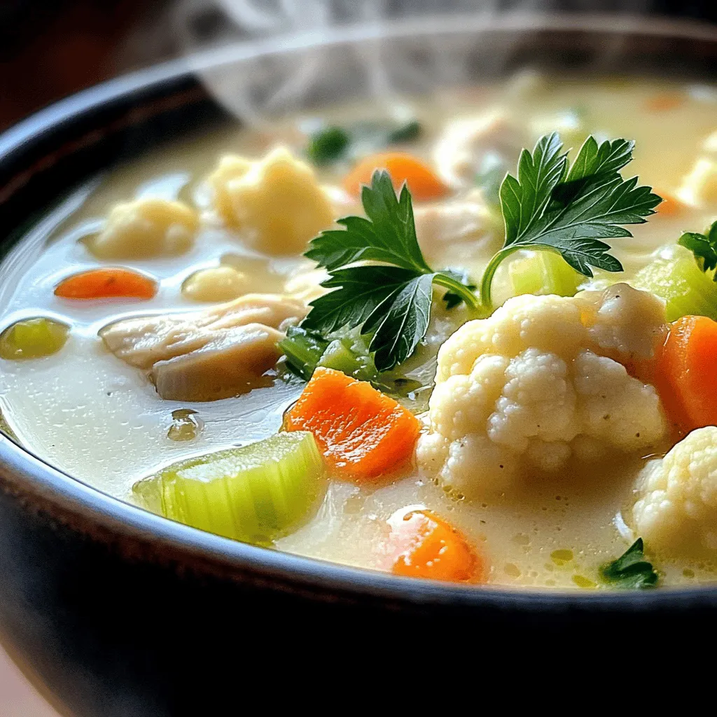 - Chicken and Vegetables - 1 pound boneless, skinless chicken breast, diced into bite-sized pieces - 1 medium head of cauliflower, separated into florets - 1 medium onion, finely chopped - 2 cloves garlic, minced - 1 cup carrots, diced - 1 cup celery, diced - Spices and Seasonings - 1 teaspoon dried thyme - 1 teaspoon smoked paprika - Salt and pepper to taste - Liquids and Garnishes - 4 cups low-sodium chicken broth - 1 cup milk (or a plant-based alternative, like almond or oat milk) - 2 tablespoons olive oil - Fresh parsley, chopped (for garnish) When I create this soup, I focus on fresh ingredients. The chicken provides protein and flavor. Cauliflower adds creaminess and nutrition. Onions and garlic give a solid base for taste. Carrots and celery add color and texture. For spices, thyme and smoked paprika really make the soup sing. They bring warmth and depth. Salt and pepper help balance all the flavors. Don't forget the liquids! Chicken broth is key for a rich soup. Milk (or a plant-based milk) adds creaminess. Finally, fresh parsley on top makes it look lovely and bright. If you want the full recipe, check the [Full Recipe]. It has all the details you need to make this meal. To make this soup, you need to follow some simple steps. First, gather all your ingredients. This makes cooking easier. Here’s a quick list for you: - 1 pound boneless, skinless chicken breast, diced into bite-sized pieces - 1 medium head of cauliflower, separated into florets - 1 medium onion, finely chopped - 2 cloves garlic, minced - 4 cups low-sodium chicken broth - 1 cup carrots, diced - 1 cup celery, diced - 1 cup milk (or a plant-based alternative, like almond or oat milk) - 2 tablespoons olive oil - 1 teaspoon dried thyme - 1 teaspoon smoked paprika - Salt and pepper to taste - Fresh parsley, chopped (for garnish) For best results, chop all your veggies and chicken before you start cooking. This saves time. Cooking the Chicken and Vegetables Start by heating the olive oil in a large pot over medium heat. Once hot, add the onion and garlic. Cook these until the onion is soft and fragrant, about 3-4 minutes. Now, add the diced chicken. Cook it for 5-7 minutes until it’s brown and cooked through. Next, add the carrots and celery. Cook these for another 3-4 minutes. They should begin to soften. Now, it’s time to add the cauliflower, thyme, smoked paprika, salt, and pepper. Stir well to mix all the flavors together. Blending the Soup to Perfection Pour in the chicken broth, bring the soup to a boil, and then lower the heat. Let it simmer for about 15 minutes, or until the cauliflower is soft. I love using an immersion blender for this next step. Blend the soup until it’s smooth. If you like some texture, blend just half of it. Adding Creaminess with Milk Once blended, stir in the milk and heat for an extra 2-3 minutes. This makes the soup creamy and rich. Taste the soup and adjust the seasoning with more salt and pepper if needed. Serve it hot, garnished with fresh parsley. For the full recipe, check out the Cooking Instructions section. Seasoning Adjustments Start with salt and pepper. They are key for bringing out the soup's taste. Adjust the seasoning after blending. If you want more flavor, add a pinch of cayenne pepper or garlic powder. These spices can give your soup a nice kick. Adding Fresh Herbs Fresh herbs can change everything. Try adding chopped parsley or dill. They add a bright touch. You can stir them in right before serving. This keeps their taste fresh and lively. Best Sautéing Methods Sauté the onion and garlic until they soften. This step builds a base of flavor. Use medium heat for best results. Stir often to avoid burning. A good sauté makes your soup rich and tasty. Blending Options for Texture You can blend the soup fully for a smooth finish. If you like some chunks, blend half the soup. This gives a nice mix of creamy and chunky textures. Use an immersion blender for easy blending right in the pot. Perfect Pairings to Serve with Soup Serve this soup with a slice of crusty bread. It’s perfect for dipping. A side salad with light dressing also works well. The crisp greens contrast nicely with the creamy soup. Creative Toppings for Added Flavor Get creative with toppings! Add a swirl of olive oil for richness. For a bit of crunch, sprinkle toasted nuts or seeds on top. A dollop of yogurt or sour cream can add creaminess. Each topping brings its own flavor twist. For the complete recipe, check out the Full Recipe section. Enjoy your flavorful journey with this soup! {{image_4}} Substituting Different Vegetables You can easily switch up the veggies in this soup. Try using broccoli instead of cauliflower. Zucchini or spinach can work well too. Each vegetable brings its own taste and texture. This lets you personalize the soup to your liking. Using Alternative Proteins If you want to change the protein, consider using turkey or tofu. These options still give you protein while changing the flavor. Shredded rotisserie chicken is also a quick and easy swap. It saves you time and keeps the soup tasty. Making it Dairy-Free To make this soup dairy-free, simply swap out regular milk for a plant-based milk. Almond or oat milk are great choices. They add creaminess without the dairy. You can still enjoy the same comforting taste. Low-Carb or Keto-Friendly Options For a low-carb version, skip the carrots and use more cauliflower. This keeps the soup light and healthy. You can also add in some heavy cream for richness without the carbs. This way, you still get a delicious meal that fits your diet. Check out the Full Recipe for even more tips and ideas! Refrigeration Tips Store any leftover soup in an airtight container. Let it cool to room temperature first. Place it in the fridge for up to three days. Label the container with the date. This helps you keep track of freshness. Freezing Instructions If you want to save it longer, freezing works great. Pour the cooled soup into freezer-safe bags or containers. Leave some space at the top for expansion. It can last for up to three months in the freezer. Thaw it in the fridge overnight before reheating. Best Methods for Reheating The best way to reheat this soup is on the stove. Pour it into a pot over medium heat. Stir often to ensure even warming. You can also use a microwave. Heat in a microwave-safe bowl, stirring every minute. This prevents hot spots. Tips to Maintain Creaminess To keep the soup creamy, add a splash of milk when reheating. Stir well to combine. If it seems too thick, add some broth or water. This helps restore its smooth texture. Enjoy your warm, comforting bowl of soup! How can I thicken the soup? You can thicken the soup by blending more cauliflower until smooth. Adding a bit of cornstarch mixed with cold water can also work wonders. Just stir it in and let it cook for a few minutes. Can I make this soup in a slow cooker? Yes, you can use a slow cooker. Start by sautéing the onions and garlic in a pan. Then, add all the ingredients to the slow cooker. Cook on low for 6-8 hours or high for 3-4 hours. What can I do if I don’t have chicken broth? If you lack chicken broth, use vegetable broth or water with added spices. You can also use bouillon cubes to give it flavor. How long does the soup last in the fridge? The soup stays fresh in the fridge for about 3-4 days. Store it in an airtight container to keep it safe. Can I add different spices for an extra kick? Absolutely! You can add chili powder, cumin, or even curry powder for a unique taste. Just adjust the amount to suit your spice level. What if I want to cook it longer for more flavor? If you want more flavor, cook it longer on low heat. Just keep an eye on the cauliflower to avoid overcooking. Is prep time included in the total cooking time? No, the prep time is separate. The total cooking time of 30 minutes does not include the 10 minutes needed to prepare the ingredients. For the complete recipe, check out the Full Recipe! Before you dive into making this tasty soup, check the Full Recipe for all the details. This ensures you have everything on hand. With easy steps, you can whip it up in just 30 minutes. Gather your ingredients first, so you're ready to go. This makes cooking smooth and fun. Once you have everything, you can focus on blending flavors. Enjoy the cooking process! This blog post covered how to make a delicious soup. We went over the key ingredients, cooking steps, and pro tips to boost flavor. You learned about different variations, storage tips, and common questions. Now, it's time to get cooking! With these insights, you can create your perfect soup at home. Enjoy the process and share your tasty results with others. Your kitchen adventures await!
