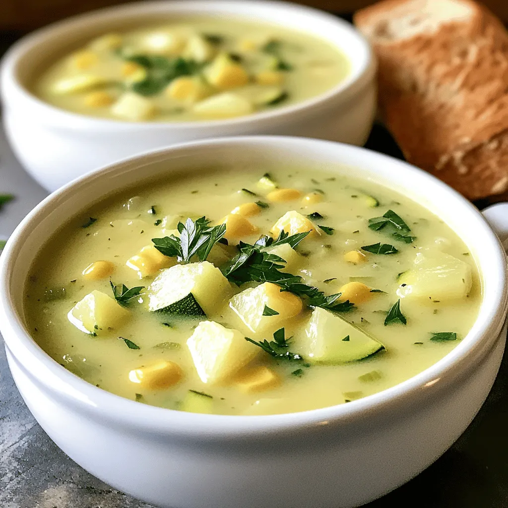 To make a great zucchini chowder, gather these ingredients: - 3 medium zucchinis, diced into bite-sized pieces - 1 cup sweet corn (freshly shucked or thawed from frozen) - 1 large onion, finely chopped - 2 cloves garlic, minced - 3 medium potatoes, peeled and cut into small cubes - 4 cups vegetable broth (homemade or store-bought) - 1 cup creamy coconut milk - 1 teaspoon dried thyme - 1 teaspoon smoked paprika - 2 tablespoons extra virgin olive oil - Salt and freshly cracked black pepper, to taste - Fresh parsley, finely chopped (for garnish) You might not have all the ingredients. Here are some easy swaps: - Use yellow squash if you can't find zucchini. - Swap coconut milk with heavy cream for a richer taste. - If you don't like thyme, use basil or oregano instead. - Any broth can work; chicken broth is a great option for non-vegan chowder. - For a crunch, add some bell peppers or carrots. Fresh ingredients give the best taste. They have vibrant flavors that really shine. If you can, choose fresh zucchinis and corn. However, frozen veggies work well too. They are picked at peak ripeness and often save time. When using frozen corn, make sure to thaw it first for even cooking. Fresh herbs like parsley will boost the flavor. Remember, quality ingredients make a big difference in your chowder's taste. 1. Start by heating olive oil in a large pot over medium heat. Once hot, add chopped onion. Cook for about 5 minutes until it looks soft and clear. 2. Next, add minced garlic to the pot. Stir and cook for one more minute. Watch it closely so it doesn’t burn. 3. Add diced potatoes and pour in vegetable broth. Turn the heat up to bring it to a boil. Then, lower the heat and let it simmer for 10 minutes. The potatoes should be tender enough to pierce with a fork. 4. Now, fold in the diced zucchinis and sweet corn. Keep simmering for another 5 to 7 minutes. The zucchinis should be soft but still bright green. 5. Stir in dried thyme, smoked paprika, and creamy coconut milk. Taste and add salt and pepper to your liking. Let it simmer for another 3 to 5 minutes. 6. For a creamier chowder, use an immersion blender to blend a part of it. If you like it chunky, leave it as is. 7. Finally, taste the chowder again. Adjust the seasoning if needed by adding more salt or pepper. To make this chowder pop, use fresh herbs. Fresh thyme can add a brighter flavor compared to dried. You might also try toasting the spices in the pot before adding the broth. This releases their oils and intensifies the taste. Adding a splash of lemon juice at the end brightens the entire dish. It cuts through the creaminess and balances the flavors. If you have a gas stove, the heat control is quick. Keep an eye on the chowder to avoid overcooking. Electric stoves may take longer to heat. You might need to adjust the simmering time slightly for the potatoes to cook all the way through. Using a pressure cooker can speed things up. You could reduce the time for cooking potatoes to about 5 minutes under pressure. Just release the pressure carefully before adding the zucchinis and corn. For the full recipe, refer to the earlier section. Enjoy making this creamy, comforting delight! To make your chowder creamy, use coconut milk. It adds a rich flavor. You can blend part of the chowder to make it smooth. An immersion blender works well for this. If you want more texture, leave some chunks. This way, you get both creaminess and heartiness in each bite. Store your chowder in an airtight container. This keeps it fresh and tasty. Let it cool before putting it in the fridge. You can enjoy it for up to three days. If you want to keep it longer, freeze it. Just make sure to leave some space in the container for expansion. Garnish your chowder for a beautiful look. Fresh parsley adds color and flavor. You can also drizzle a bit of olive oil on top. This enhances the taste and makes the dish pop. Serve it in warm bowls with crusty bread. This creates a cozy and inviting meal. {{image_4}} You can easily make this chowder vegetarian or vegan. Start with the base recipe. Use vegetable broth and coconut milk. For a vegan twist, skip any animal products. You can add more veggies like carrots or bell peppers for extra flavor. Use nutritional yeast for a cheesy taste. This adds depth and richness without dairy. Want more protein? You have options! For a hearty chowder, add cooked chicken or crispy bacon. Both give great flavor. If you want plant-based protein, try adding lentils or chickpeas. They will blend well with the other ingredients. Just cook them ahead of time and stir them into the chowder. If you love spice, add some heat! Chopped jalapeños or crushed red pepper flakes can kick it up a notch. You can also add a splash of hot sauce for a tangy twist. Fresh herbs like cilantro or basil add a fresh taste. Experiment with these additions to find your perfect flavor. For the full recipe, check out the details above! To store zucchini chowder, let it cool completely first. Use airtight containers to keep it fresh. This helps prevent any smells from mixing in your fridge. Label the container with the date for easy tracking. If you plan to eat it later, store it in the fridge for up to four days. If you want to freeze zucchini chowder, use freezer-safe containers. Fill them, leaving some space at the top for expansion. The chowder can freeze for up to three months. When you’re ready to eat, thaw it in the fridge overnight. Reheat it on the stove over low heat. Stir often to keep it creamy. You can also use the microwave, but be sure to heat it in short bursts, stirring in between. Zucchini chowder lasts about four days in the fridge. If you notice any off smells, changes in color, or mold, it’s best to toss it. Always trust your senses. If it looks or smells bad, it’s not safe to eat. Keeping your chowder fresh ensures you enjoy its creamy goodness every time. It takes about 15 minutes to prep and 30 minutes to cook. You can enjoy a warm bowl of Zucchini Chowder in just 45 minutes. This chowder is quick, making it perfect for busy days. Yes, you can use other veggies! Carrots, bell peppers, or even green beans work well. Feel free to mix in any vegetables you have. Just cut them into small bites for even cooking. Seasonings like thyme, smoked paprika, and black pepper add great flavor. You can also try dill or cumin for a twist. Experiment with herbs to find your favorite blend. For a kick, add a pinch of red pepper flakes. For the full recipe, check out the details above. In this blog post, we explored how to make Zucchini Chowder. We covered essential ingredients, cooking steps, and expert tips for flavor. You learned about ingredient swaps and how fresh produce can enhance taste. I shared ways to make your chowder creamy and add proteins for more depth. Also, we discussed storage methods to keep your chowder fresh longer. Zucchini Chowder is flexible and fun. Try new variations to find your favorite. Cooking can be a simple joy. Enjoy making this dish your own!