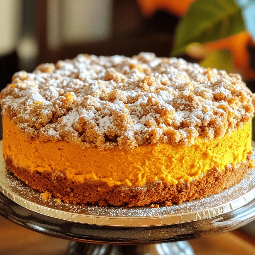 - 2 cups all-purpose flour - 1/2 teaspoon baking powder - 1/2 teaspoon baking soda - 1 teaspoon ground cinnamon - 1/2 teaspoon ground nutmeg - 1/2 teaspoon salt I use all-purpose flour for this cake. It gives the cake a nice texture. Baking powder and baking soda help the cake rise and stay fluffy. Ground cinnamon and nutmeg add warm flavors. A pinch of salt enhances all these flavors. - 1 cup granulated sugar - 1/2 cup brown sugar, packed - 1/2 cup unsalted butter, softened - 2 large eggs, at room temperature - 1 cup canned pumpkin puree - 1 teaspoon vanilla extract - 1/2 cup sour cream, at room temperature For the wet mix, I start with granulated sugar and brown sugar. Both sugars add sweetness and moisture. Softened butter brings richness to the cake. Adding eggs gives structure, while pumpkin puree keeps it moist. Vanilla extract adds a lovely aroma. Finally, sour cream makes the cake tender and rich. - 1/2 cup all-purpose flour - 1/3 cup brown sugar, packed - 1 teaspoon ground cinnamon - 1/4 cup unsalted butter, melted - 1/4 cup chopped walnuts (optional) The streusel topping is a must. It adds a sweet crunch. I mix flour, brown sugar, and cinnamon for flavor. Then, I add melted butter to bind it. If you like, add walnuts for extra texture. This topping elevates the coffee cake and makes it special. Check out the Full Recipe for all the steps to create this delightful treat! - Preheat the oven to 350°F (175°C). - Grease and flour a 9x13 inch baking dish to stop sticking. This step is vital for a clean release later. - In a medium bowl, mix the dry ingredients: flour, baking powder, baking soda, cinnamon, nutmeg, and salt. This mix gives flavor and structure to your cake. - In a large bowl, cream together the softened butter, granulated sugar, and brown sugar. Beat until light and fluffy, about 2-3 minutes. This step adds air and texture. - Add the eggs one by one, mixing well after each addition. Then, stir in the pumpkin puree and vanilla. This makes the batter rich and moist. - Gradually add the dry mixture to the wet mixture. Mix gently until just combined. Then, add the sour cream. Take care not to over-mix, or your cake may become tough. - In a separate bowl, make the streusel topping. Mix flour, brown sugar, and cinnamon. Pour in the melted butter and stir until the mix looks like coarse crumbs. If you want, add chopped walnuts for crunch. - Pour half of the pumpkin batter into the prepared dish. Spread it evenly. Sprinkle half of the streusel on top. Then, pour the rest of the batter, finishing with the remaining streusel. - Bake in the preheated oven for 35-40 minutes. The cake is done when a toothpick comes out clean or with a few moist crumbs. - Let it cool in the pan for 10 minutes. Then, move it to a wire rack to cool completely before slicing. This Cinnamon Streusel Pumpkin Coffee Cake is a big hit! You can find the full recipe here. One big mistake is overmixing the batter. When you mix too much, the cake can turn out dense. Mix just until the ingredients blend. This keeps your cake light and fluffy. Another common error is not setting the right oven temperature. An oven that is too hot can burn the cake. Use an oven thermometer to check if your oven is accurate. Baking at 350°F (175°C) gives the best results for this cake. To make your cake even tastier, try adding extra spices. Ground ginger or allspice can add warmth. These spices will deepen the flavor and make each bite special. You can also add nuts or chocolate chips. Chopped walnuts or pecans give a nice crunch. If you love chocolate, mix in some dark or milk chocolate chips. This adds richness and complements the pumpkin well. For a lovely finish, dust your cooled cake with powdered sugar. This simple step makes the cake look fancy. It adds a touch of sweetness too. You can serve your cake with toppings for extra flavor. A dollop of whipped cream adds creaminess. A drizzle of caramel sauce can make it feel like dessert. Try serving it warm for a cozy treat. For the complete recipe, check out the Full Recipe. {{image_4}} You can enjoy this cake without gluten. Just swap all-purpose flour with a gluten-free flour blend. Check the label to ensure it works for baking. I recommend a blend with xanthan gum for the best texture. This will help the cake rise and hold together well. Want a vegan version? Replace the eggs with flaxseed meal or applesauce. Use 1 tablespoon of flaxseed meal mixed with 2.5 tablespoons of water for each egg. For butter, try vegan butter or coconut oil. These swaps make the cake just as tasty! You can add your twist with spices. Try ginger or allspice for a warm kick. A splash of almond or maple extract can also enhance the flavor. For toppings, think beyond streusel. Fresh fruits like sliced apples or blueberries can add a nice touch. Drizzle with a simple glaze for extra sweetness. These changes let you make this cake your own. For the Full Recipe, see the earlier section. To keep your cinnamon streusel pumpkin coffee cake fresh, cooling it properly is key. After baking, let it cool in the pan for about 10 minutes. Then, transfer it to a wire rack to cool completely. This helps prevent sogginess. Once it's cool, wrap the cake tightly in plastic wrap or foil. You can also place it in an airtight container. Store it at room temperature for the best flavor. The ideal temperature for storing leftovers is between 68°F and 72°F. Avoid storing the cake in the fridge unless you expect it to last more than a week. If you want to keep the cake longer, freezing is a great option. Here’s how to do it step-by-step: 1. Cool the Cake: Make sure the cake is completely cool. 2. Wrap it Well: Wrap the cake tightly with plastic wrap. This keeps air out and prevents freezer burn. 3. Add a Layer: For extra protection, wrap the cake in aluminum foil or place it in a freezer-safe bag. 4. Label and Date: Write the date on the bag. This helps you track how long it's been frozen. When you're ready to enjoy your cake, thaw it in the fridge overnight. You can also leave it at room temperature for a few hours. Avoid microwaving it, as this can change the texture. At room temperature, your coffee cake stays fresh for about 3 to 5 days. If you store it in the fridge, it can last up to a week. Freezing extends its shelf life to about 3 months. Just remember, while it may still be safe to eat past these dates, the taste and texture may change. Enjoy this delightful treat while it’s at its best! To make your coffee cake moist, focus on the ingredients and baking method. Use room temperature eggs and sour cream. These ingredients blend better, keeping the batter smooth. Also, don’t overmix the batter; this can make the cake tough. Mix just until combined. Lastly, bake at the right temperature. An oven that runs hot can dry out your cake. I recommend using an oven thermometer to ensure accuracy. Yes, you can use fresh pumpkin! Start by selecting a sugar pumpkin. Cut it into halves and remove the seeds. Roast the pumpkin halves in the oven at 350°F (175°C) for about 45 minutes. Once it’s tender, scoop out the flesh and blend until smooth. You need about one cup of pureed fresh pumpkin for this recipe. This fresh pumpkin will add a vibrant flavor to your coffee cake. To check if your coffee cake is done, look for a few signs. The top should be golden brown and spring back when lightly pressed. Insert a toothpick into the center; it should come out clean or with a few moist crumbs. If it has wet batter, give it more time in the oven. The baking time is usually around 35-40 minutes. Pair this delightful cake with a steaming cup of coffee or tea. The warm spices in the cake complement these drinks perfectly. You can also serve it with a side of whipped cream or a scoop of vanilla ice cream for a treat. A drizzle of caramel sauce on top can add an extra touch of sweetness. Enjoy it as a breakfast item or a comforting dessert. In this blog post, we explored the key ingredients for a delicious Cinnamon Streusel Pumpkin Coffee Cake. We learned the best way to mix dry and wet elements, along with helpful baking tips. Plus, we covered variations for gluten-free and vegan diets. To wrap it all up, baking is about fun and creativity. Try different flavors and toppings. Enjoy your coffee cake with friends over a warm cup. Happy baking!