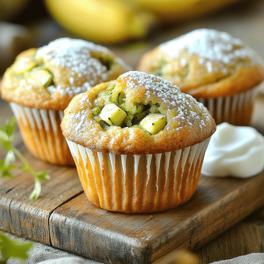 To make these tasty muffins, you will need: - 1 cup ripe bananas, mashed (about 2-3 medium bananas) - 1 cup freshly grated zucchini (make sure to squeeze out extra moisture) - 1/2 cup Greek yogurt (you can use applesauce for a vegan option) - 1/3 cup honey or pure maple syrup - 1/4 cup vegetable oil (or melted coconut oil for more flavor) - 2 large eggs (or flax eggs for a vegan option) - 1 teaspoon vanilla extract - 1 1/2 cups whole wheat flour (or a gluten-free flour blend) - 1 teaspoon baking powder - 1/2 teaspoon baking soda - 1/2 teaspoon ground cinnamon - 1/4 teaspoon sea salt You can switch some ingredients to fit your needs. For example: - Use almond milk instead of Greek yogurt for a lighter muffin. - Swap honey for agave syrup if you prefer. - Try vegetable puree instead of oil to cut fat. - Use flax eggs to make the recipe vegan. These swaps let you enjoy the muffins in different ways while keeping them healthy. Want to make your muffins even better? Here are some fun add-ins: - 1/2 cup chopped walnuts or pecans - 1/2 cup semi-sweet or dark chocolate chips - A pinch of nutmeg or cardamom for a spice kick These additions can add crunch or sweetness to your muffins. You can mix and match based on what you like! For the full recipe, check out the earlier sections. Start by gathering all your ingredients. You need ripe bananas, zucchini, yogurt, honey, oil, eggs, and vanilla. Don't forget your dry ingredients: whole wheat flour, baking powder, baking soda, cinnamon, and salt. Grate your zucchini first and squeeze out any extra moisture. This step helps keep your muffins from getting soggy. Mash the bananas in a bowl until smooth. In a large bowl, mix the mashed bananas, grated zucchini, yogurt, honey, oil, eggs, and vanilla. Use a whisk to blend everything until smooth. In another bowl, combine the flour, baking powder, baking soda, cinnamon, and salt. Whisk these dry ingredients until they are well mixed. Gradually add the dry mix to the wet mixture. Use a spatula to fold them together gently. It's okay if some lumps remain. Don't overmix; this keeps your muffins light and fluffy. Now, preheat your oven to 350°F (175°C). Prepare your muffin tin with paper liners or grease it well. Spoon the muffin batter into each cup, filling them about two-thirds full. This gives the muffins room to rise while they bake. Bake for 18-20 minutes. Check them by inserting a toothpick into the center. If it comes out clean, they are done! Let the muffins cool in the tin for about five minutes. Then, move them to a wire rack to cool completely. For the full recipe, refer to the earlier section. Enjoy your tasty treats! To keep your muffins moist, use ripe bananas. They add natural sweetness and moisture. Grate your zucchini finely and squeeze out excess water. This step helps prevent soggy muffins. Mixing in Greek yogurt adds creaminess and keeps the texture light. Remember, do not overmix the batter. This keeps your muffins fluffy and soft. Accurate measurements ensure a great bake. Use dry measuring cups for flour and a liquid cup for yogurt or oil. When measuring flour, spoon it into the cup, then level it off with a knife. Avoid packing the flour down, as it can lead to dense muffins. For honey or syrup, use a liquid measuring cup and coat it with oil for easy pouring. One common mistake is not preheating the oven. This can affect how your muffins rise. Another is filling the muffin cups too full. Aim for two-thirds full to allow space for rising. Lastly, check for doneness using a toothpick. If it comes out clean, your muffins are ready. Avoid opening the oven door too often, as this lets heat escape. {{image_4}} You can easily make gluten-free banana zucchini muffins. Just swap the whole wheat flour with a gluten-free flour blend. This keeps the muffins light and fluffy. Make sure the blend you use has xanthan gum. This helps bind the ingredients. You will not miss the gluten at all! Want to make these muffins vegan? It’s simple! Replace the eggs with flax eggs. To do this, mix 1 tablespoon of ground flaxseed with 2.5 tablespoons of water. Let it sit for a few minutes until it thickens. You can also use applesauce instead of Greek yogurt. This swap keeps them moist and tasty! Adding nuts, spices, or fruits can change the flavor of your muffins. Try adding 1/2 cup of chopped walnuts or pecans for crunch. You can also stir in some chocolate chips for a sweet touch. Want a warm spice flavor? Add a teaspoon of nutmeg or more cinnamon. You could even fold in dried fruits like raisins or cranberries. Each twist gives you a new treat to enjoy! To keep your banana zucchini muffins fresh, store them in an airtight container. Place the container at room temperature for up to three days. If you want them to last longer, refrigerate them. Cold storage helps keep moisture in check. Make sure to let them cool completely before sealing to avoid sogginess. Freezing banana zucchini muffins is easy and a great way to save them. First, let the muffins cool fully. Wrap each muffin in plastic wrap or aluminum foil. Then, place them in a freezer-safe bag or container. Label the bag with the date. You can freeze them for up to three months. When you want to enjoy one, just take it out and let it thaw. When you’re ready to eat your muffins, reheating brings back their fresh taste. You can microwave a muffin for about 15-20 seconds. If you prefer, use an oven. Preheat to 350°F (175°C) and heat for about 5-10 minutes. This method keeps the muffin warm and soft. Enjoy them warm for the best flavor! Banana Zucchini Muffins stay fresh for about 3 days at room temperature. Store them in an airtight container to keep them moist. If you want them to last longer, you can put them in the fridge for up to a week. For the best taste, eat them within a few days. Yes, you can use frozen bananas or zucchini! Just make sure to thaw them first. Squeeze out any extra water from the zucchini before mixing. This helps keep your muffins from getting too soggy. Frozen fruit works well and can save time. Serve these muffins warm for the best flavor. You can sprinkle powdered sugar on top for a sweet touch. Another option is to add a spoonful of Greek yogurt for creaminess. They are perfect for breakfast or a tasty snack any time. Enjoy your muffins fresh from the oven or at room temperature! You learned about making delicious banana zucchini muffins. We covered key ingredients, easy steps, and helpful tips. You can try different variations, too. Remember to store your muffins right for the best taste. Whether you choose gluten-free, vegan, or add-ins, each option offers unique flavors. Enjoy baking and sharing these tasty treats!