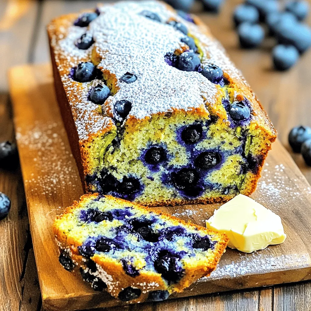To make the best blueberry zucchini bread, you need these key ingredients: - 1 cup grated zucchini (from about 1 medium zucchini) - 1 cup fresh blueberries (thawed frozen blueberries work too) - 1/2 cup unsweetened applesauce - 1/2 cup vegetable oil - 3/4 cup granulated sugar - 1/4 cup packed brown sugar - 2 large eggs - 1 teaspoon pure vanilla extract - 1 1/2 cups all-purpose flour - 1 teaspoon baking soda - 1/2 teaspoon baking powder - 1/2 teaspoon salt - 1 teaspoon ground cinnamon - 1/4 teaspoon ground nutmeg (optional) These ingredients come together to create a moist and flavorful bread. The zucchini adds moisture without a strong taste. The blueberries burst with sweetness, making each bite a treat. You might want to add some extras to enhance your bread. Here are a few ideas: - 1/4 cup chopped walnuts or pecans for crunch - 1/4 teaspoon ground ginger for warmth - Zest from 1 lemon for a bright note These add-ins can make your bread even more unique and delicious. If you're feeling adventurous, try mixing in different spices or nuts. Before you start baking, gather your tools. You will need: - A box grater for the zucchini - A large mixing bowl for wet ingredients - A separate bowl for dry ingredients - A whisk for mixing - A loaf pan (9x5 inches) - An oven for baking Having all your equipment ready will make cooking simple and fun. You can focus on the joy of baking without scrambling for tools! For the full recipe, check out the details above. First, set your oven to 350°F (175°C). This ensures even baking. Next, take your 9x5-inch loaf pan. Grease it with butter or use cooking spray. You can also line it with parchment paper for easy removal later. This step is key for a perfect loaf. Grab one medium zucchini and wash it well. Using a box grater, grate the zucchini. After grating, place it in a clean kitchen towel. Squeeze out any extra water. This keeps your bread from being too wet. We want it moist, but not soggy. In a large mixing bowl, combine the grated zucchini, unsweetened applesauce, and vegetable oil. Add granulated sugar and brown sugar next. Crack in two large eggs and pour in pure vanilla extract. Whisk all these together until smooth. In another bowl, sift together the flour, baking soda, baking powder, salt, and spices. This helps mix the dry ingredients evenly. Now, slowly add the dry mix to the wet mix. Stir gently until just combined. It’s okay if you see some lumps. Next, carefully fold in your fresh blueberries. If you like, add chopped nuts for crunch. Make sure the blueberries are evenly mixed in. Pour the batter into your prepared loaf pan. Spread it evenly with a spatula for nice rising. Place the pan in the oven and bake for 55 to 60 minutes. To check if it’s done, stick a toothpick in the center. If it comes out clean, your bread is ready. Let it cool in the pan for about 10 minutes. Then, remove it and place it on a wire rack to cool completely. Enjoy the smell as it fills your kitchen! To get the best texture in your blueberry zucchini bread, moisture control is key. Start by grating your zucchini finely. After grating, place it in a clean kitchen towel. Squeeze out the extra liquid. This prevents the bread from being too wet. Use fresh blueberries for the best taste. If using frozen ones, thaw and drain them first. This helps maintain the right balance of moisture. One common mistake is overmixing the batter. When you combine wet and dry ingredients, mix gently until just combined. Some lumps are okay. Overmixing can make the bread tough. Another mistake is not measuring ingredients correctly. Use measuring cups and spoons for accuracy. Lastly, avoid skipping the cooling time. Let the bread cool in the pan for ten minutes before transferring it to a rack. For added flavor, consider using spices like cinnamon and nutmeg. They add warmth and depth to your bread. You can also mix in chopped walnuts or pecans for a crunchy texture. If you want a citrus twist, add some lemon zest. This brightens the flavors and makes it refreshing. You can find the full recipe in the earlier sections. {{image_4}} You can easily make a gluten-free version of blueberry zucchini bread. Use gluten-free flour instead of regular flour. Almond flour or a gluten-free blend works well. These options keep the bread light and tasty. Just be sure to check that your baking powder is gluten-free too. To make this recipe vegan, swap the eggs for flax eggs. Mix one tablespoon of ground flaxseed with three tablespoons of water. Let it sit for five minutes to thicken. You can also replace the vegetable oil with coconut oil or applesauce. This keeps the bread moist and adds flavor. Seasonal fruits can add a nice twist to your bread. Try adding lemon zest for bright flavor in the summer. In the fall, switch blueberries for cranberries for a tart bite. Each variation keeps the bread fresh and exciting throughout the year. For more details, check out the Full Recipe. To keep your blueberry zucchini bread fresh, store it in an airtight container. Place it at room temperature for up to three days. For longer storage, refrigerate it. Make sure to wrap it in plastic wrap to avoid drying out. To freeze your bread, wait until it cools completely. Wrap it tightly in plastic wrap, then place it in a freezer bag. This method can keep it fresh for up to three months. When you're ready to enjoy it, thaw it in the fridge overnight. To reheat your bread, use your oven for the best results. Preheat the oven to 350°F (175°C). Place the bread on a baking sheet and heat for about 10-15 minutes. This warms it through and helps restore its lovely texture. For a quick option, use the microwave, but be careful not to overheat it. Enjoy this treat warm for the best taste! [Full Recipe] Yes, you can use frozen blueberries. Just thaw them first. Drain any extra juice to avoid soggy bread. Frozen blueberries work well and save time. To check if the bread is done, insert a toothpick into the center. If it comes out clean, the bread is ready. You can also check for a golden-brown crust. To make this recipe healthier, you can use whole wheat flour instead of all-purpose flour. You can also reduce the sugar or use honey. Adding nuts boosts the healthy fats too. Blueberry zucchini bread pairs well with cream cheese or butter. You can also serve it with fresh fruit or yogurt. A cup of tea or coffee makes it even better. Yes, you can double the recipe. Just make sure you have a larger mixing bowl and loaf pan. Bake time may slightly increase, so check for doneness as usual. For the full recipe, check the section above. Enjoy your baking! This blog post showed you how to make the best blueberry zucchini bread. I covered essential ingredients, easy steps, and helpful tips. You learned about variations, like gluten-free and vegan options. The storage tips ensure your bread stays fresh longer. Feel free to experiment with flavors and share your own twists. Enjoy baking this yummy treat and impress your friends and family! With practice, you’ll master this recipe for any occasion.