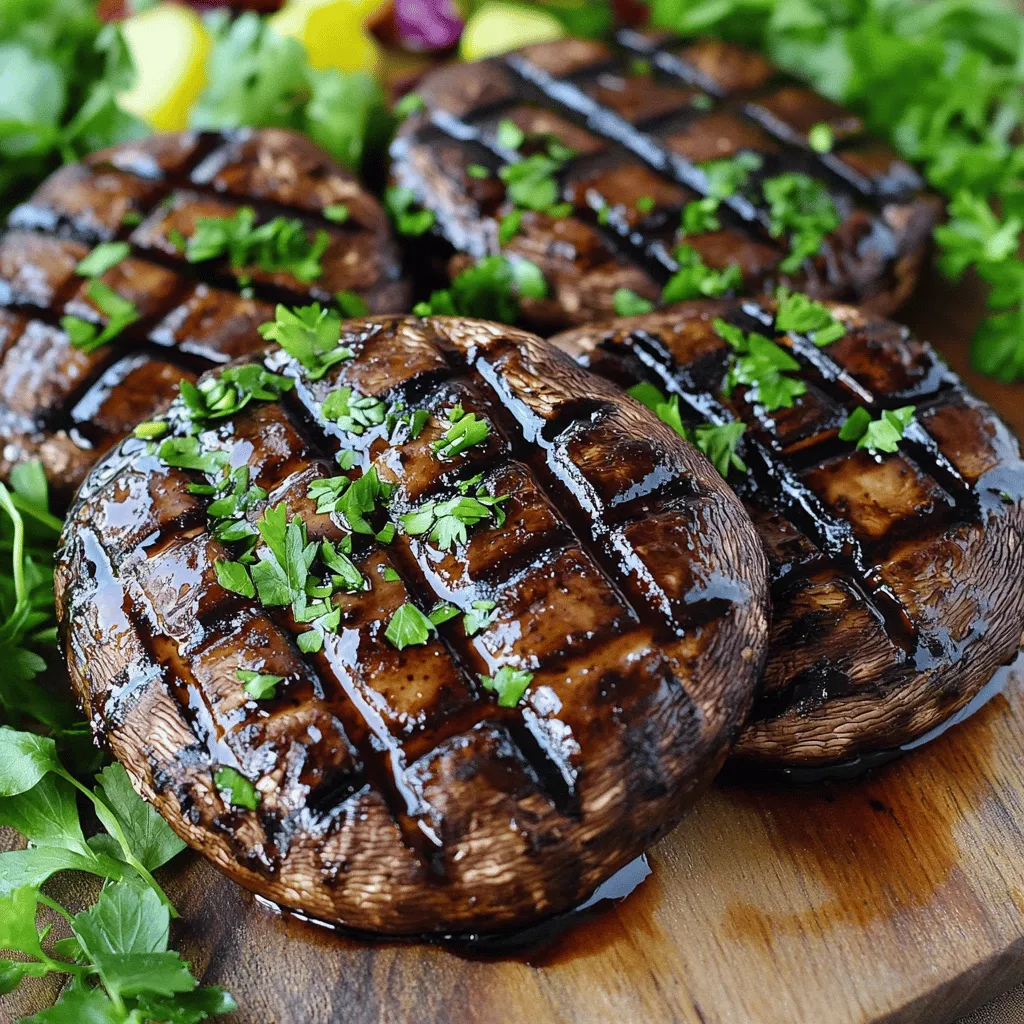 To make grilled portobello mushrooms with balsamic glaze, you will need these items: - 4 large portobello mushrooms, cleaned with stems removed - 4 tablespoons balsamic vinegar - 2 tablespoons extra virgin olive oil - 2 garlic cloves, finely minced - 1 teaspoon dried thyme - 1 teaspoon dried oregano - Salt and freshly ground black pepper, to taste - Fresh parsley, finely chopped (for garnish) If you don't have something on hand, here are some swaps you can use: - Portobello mushrooms: Use large button mushrooms or shiitake mushrooms. - Balsamic vinegar: Red wine vinegar or apple cider vinegar can work. - Extra virgin olive oil: Avocado oil or canola oil are good options. - Garlic: Garlic powder can replace fresh garlic if needed. - Dried herbs: Fresh herbs like thyme or oregano can replace dried ones in a pinch. Grilled portobello mushrooms are not only tasty but also healthy. - Calories: About 70 calories per serving - Protein: 2 grams - Fat: 5 grams - Carbohydrates: 6 grams - Fiber: 2 grams These mushrooms are low in calories and rich in flavor. They provide a great source of antioxidants and are a good option for vegetarian meals. For the full recipe, check out the detailed instructions. To start, get a small mixing bowl. In this bowl, add 4 tablespoons of balsamic vinegar. Next, pour in 2 tablespoons of extra virgin olive oil. Then, add 2 minced garlic cloves, 1 teaspoon of dried thyme, and 1 teaspoon of dried oregano. Mix these ingredients well. This marinade will give your mushrooms a great flavor. Take your 4 large portobello mushrooms and clean them well. Remove the stems, then place them in a shallow dish with the gill side facing up. Pour the marinade over the mushrooms. Make sure each one gets a good coat. Let them sit for at least 30 minutes. Turn them occasionally. This allows the mushrooms to soak up all the tasty flavors. While they marinate, preheat your grill to medium-high heat. When the grill is ready, carefully place the portobello mushrooms on it with the gill side down. Grill for 5-7 minutes. You want to see nice grill marks and a bit of char. After that, flip the mushrooms using tongs. Grill them for another 5 minutes until they are tender. Once done, take the mushrooms off the grill and let them rest for a few minutes. This will help keep them juicy. Drizzle any leftover balsamic marinade over the mushrooms for extra flavor. Finally, sprinkle some fresh parsley on top for color. This dish is now ready to serve. For the full recipe, check out the details provided earlier. To get those beautiful grill marks, heat your grill well before cooking. A hot grill helps sear the mushrooms quickly. Place the mushrooms on the grill without moving them for the first 5-7 minutes. This creates those nice lines. When you flip them, do it gently so they stay intact. You can adjust the flavors by changing the marinade. For more zest, add lemon juice or zest. Want it spicy? Try adding some red pepper flakes. Fresh herbs like basil or rosemary can also change the taste. Play around with what you like best! Grilling portobello mushrooms takes about 10-12 minutes total. Start with high heat, then lower it if needed. Keep an eye on them to avoid burning. They should be tender when done, and their juices should flow. Let them rest for a couple of minutes after grilling to lock in moisture. You will love the result! For the full recipe, check the earlier section. {{image_4}} You can change the flavor of grilled portobello mushrooms by adding herbs and spices. Try using fresh basil or rosemary for a bright taste. Adding smoked paprika can give the mushrooms a warm, smoky flavor. Experimenting with fresh herbs is fun. You can try cooking them with a mix of parsley, thyme, and chives. Each herb brings a unique taste that enhances the dish. Marinating is key to flavor. Besides balsamic vinegar, you can use soy sauce or lemon juice. These options add a different twist to your mushrooms. For a spicy kick, mix in some chili flakes or Sriracha. You might also try adding honey for sweetness. The right marinade makes all the difference. It lets the flavors soak into the mushrooms and makes them delicious. Grilled portobello mushrooms are great on their own but shine with sides. Serve them on a bed of fresh greens like arugula or spinach. You can also add roasted vegetables for a hearty meal. Try pairing them with quinoa or couscous for added texture. A dollop of yogurt or goat cheese on top makes a rich finish. For a fun twist, use them in a burger instead of meat. Each option adds a new layer of flavor to your meal. Don’t forget to check out the Full Recipe for more ideas! After enjoying your grilled portobello mushrooms, store any leftovers in an airtight container. Let them cool down first. Place them in the fridge within two hours of cooking. They stay fresh for about three days. Keep in mind that mushrooms can lose their texture over time, so enjoy them soon. To reheat your mushrooms, use a skillet on medium heat. Add a bit of olive oil to prevent sticking. Heat them for about 5 minutes until warm. You can also use a microwave. Place them in a microwave-safe dish and cover it. Heat for 30 seconds, then check. Repeat until warm, but be careful not to overcook them. You can freeze grilled portobello mushrooms if you need to save them for later. Make sure they are fully cooled. Place them in a freezer-safe bag or container. Remove as much air as possible before sealing. They will last for about three months. When ready to eat, thaw them in the fridge overnight. You can reheat them after thawing for a tasty meal. For the full recipe, check out the main article! To make grilled portobello mushrooms with balsamic glaze, start by mixing: - 4 tablespoons balsamic vinegar - 2 tablespoons extra virgin olive oil - 2 minced garlic cloves - 1 teaspoon dried thyme - 1 teaspoon dried oregano - Salt and pepper to taste Whisk these ingredients together in a bowl. Next, clean 4 large portobello mushrooms and remove their stems. Place them gill side up in a shallow dish. Pour the marinade over the mushrooms, coating them well. Let them sit for at least 30 minutes. Preheat your grill to medium-high heat. Grill the mushrooms gill side down for 5-7 minutes, then flip and grill for another 5 minutes. Remove them from the grill and drizzle any leftover marinade on top. Garnish with freshly chopped parsley for a pop of color. This recipe is simple and packed with flavor. You can find the full recipe in the article. Grilled portobello mushrooms pair well with many sides. Here are some ideas: - Mixed green salad with vinaigrette - Quinoa or rice pilaf - Grilled vegetables like zucchini or bell peppers - Crusty bread or garlic bread - Pasta with olive oil and herbs These sides bring out the earthy flavor of the mushrooms. You can mix and match to suit your taste. You can tell portobello mushrooms are done when they become tender. Look for deep grill marks on both sides. The mushrooms should shrink slightly and feel soft to the touch. If you insert a fork, it should go in easily. Cooking them for about 10-12 minutes total should achieve this. Let them rest for a couple of minutes after grilling to keep their juices in. Enjoy your perfectly grilled mushrooms! In this post, we explored the key ingredients for grilled portobello mushrooms and their substitutes. I provided you with step-by-step instructions for marinating and grilling, plus tips for perfect grill marks. You learned about flavor variations, storage tips, and how to reheat leftovers. Grilled portobello mushrooms are easy to make and very tasty. Use these methods and ideas to enjoy a delicious meal. Happy grilling!