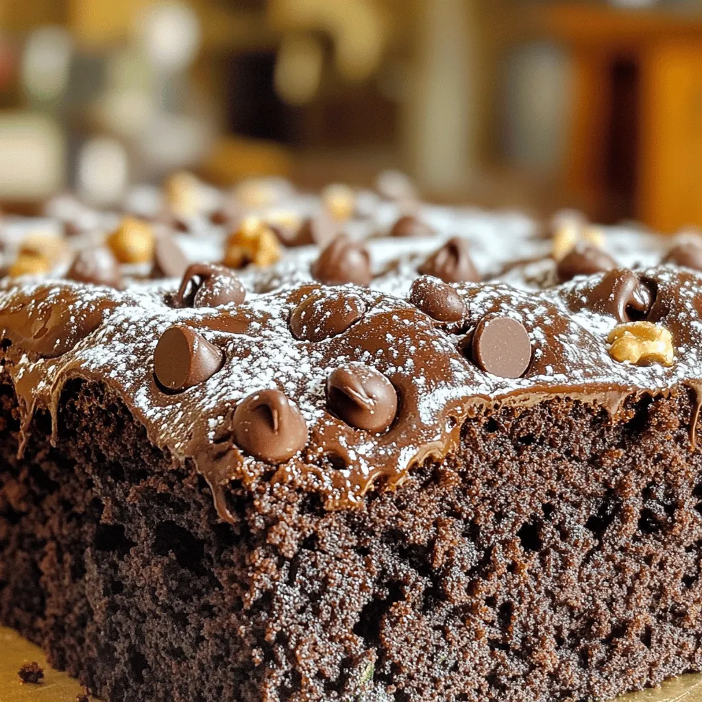 - 2 cups finely grated zucchini (approximately 2 medium zucchinis) - 1 ¾ cups all-purpose flour - ½ cup unsweetened cocoa powder - 1 teaspoon baking soda - ½ teaspoon baking powder - ½ teaspoon salt - 1 cup granulated sugar - ½ cup packed brown sugar - ½ cup vegetable oil - 1 teaspoon vanilla extract - 3 large eggs - 1 cup semi-sweet chocolate chips - ½ cup chopped walnuts (optional) The star of this cake is the zucchini. It adds moisture and keeps the cake soft. The cocoa powder gives rich flavor. The sugars help it stay sweet and delicious. Eggs bind everything together, while the oil adds richness. Baking soda and baking powder help it rise. - ½ teaspoon cinnamon - ½ cup shredded coconut - ½ cup chopped pecans You can mix in cinnamon for warmth. Coconut adds a chewy texture. Pecans give a nice crunch. Feel free to use any of these options to make it your own! Zucchini is low in calories and high in vitamins. It helps keep the cake moist without extra fat. This veggie is rich in antioxidants, which support health. It also adds fiber, making the cake more filling. You get great taste and some good nutrition at the same time! For the complete recipe, check out the Full Recipe. Start by preheating your oven to 350°F (175°C). This step is crucial. While the oven heats up, take a 9x13-inch baking pan. Grease it well with butter or oil. You can also sprinkle flour over it, or line it with parchment paper. This makes it easy to take the cake out later. In a large bowl, combine the finely grated zucchini, granulated sugar, brown sugar, vegetable oil, eggs, and vanilla extract. Use a whisk to mix them until smooth. In a different bowl, mix the all-purpose flour, cocoa powder, baking soda, baking powder, and salt. Whisk these dry ingredients together. This helps them blend well. Next, add the dry mixture to the wet ingredients. Stir gently with a spatula or wooden spoon. Be careful not to overmix. The batter should look slightly lumpy for the best texture. Now, fold in the semi-sweet chocolate chips and walnuts if you want some extra crunch. Pour the cake batter into your prepared baking pan. Use a spatula to smooth the top out. Place the pan in the oven and bake for 30 to 35 minutes. To check if it's done, insert a toothpick into the center. It should come out clean or with a few moist crumbs. Once baked, let the cake cool in the pan for about 10 minutes. After that, transfer it to a wire rack to cool completely. This cooling step is vital to keep your cake from becoming soggy. After it cools, you can dust it with powdered sugar or top it with chocolate ganache for a special treat. Enjoy your Chocolate Lover’s Zucchini Cake! Find the Full Recipe for all the details. Grating zucchini is simple but important. Use a box grater or food processor. Make sure the zucchini is clean and dry. I like to cut off the ends first. Grate the zucchini into fine pieces. This helps it mix well in the batter. You can squeeze out some extra moisture, but don't remove all the juice. A little moisture makes the cake moist and soft. Baking can be tricky, but I have some tips to help you succeed. First, measure your ingredients carefully. Use the spoon and level method for flour. Overpacking can make the cake dense. Next, don’t overmix the batter. Stir just until combined for a light texture. Also, check your oven temperature. An oven thermometer can help ensure it’s accurate. Lastly, let the cake cool a bit before cutting. This keeps it from falling apart. Toppings can take your zucchini cake to the next level. A light dusting of powdered sugar adds a nice touch. If you want something richer, try a chocolate ganache. To make it, heat cream and pour it over chocolate until melted. Stir until smooth and pour over the cooled cake. You can also add fresh fruit or chopped nuts for extra flavor. A scoop of vanilla ice cream pairs well too. Explore these ideas and find your favorite way to enjoy the cake! {{image_4}} If you want a gluten-free Chocolate Lover’s Zucchini Cake, you can easily swap the flour. Use a gluten-free all-purpose flour blend. Make sure it contains xanthan gum. This helps the cake rise and gives it structure. Your cake will still be moist and delicious, just like the original. You can make this cake your own by adding mix-ins. Consider using chopped nuts, like walnuts or pecans. They add a nice crunch and flavor. You can also mix in dried fruits like raisins or cherries. Fresh fruits, like blueberries, can work too! Just keep the overall balance of wet and dry ingredients in mind. To make a vegan version, replace the eggs with flax eggs. Mix one tablespoon of ground flaxseed with three tablespoons of water. Let it sit for five minutes to thicken. Use a plant-based oil, like coconut or canola oil. For a low-sugar option, you can cut the sugar in half or use a sugar substitute. This way, you can enjoy a healthier treat without losing flavor. After you enjoy your Chocolate Lover’s Zucchini Cake, store it properly. Keep the cake in an airtight container. If you don't have one, wrap it tightly in plastic wrap. This keeps the cake moist and fresh. Store it at room temperature for up to three days. If you live in a hot area, put it in the fridge. The cold air will help it last longer. Want to save some cake for later? Freezing is a great option! Slice the cake into pieces. Wrap each piece in plastic wrap. Then, place the wrapped slices in a freezer bag. Be sure to label the bag with the date. The cake will stay fresh for up to three months. When you’re ready to eat it, thaw the slices in the fridge overnight. If your cake has been sitting for a day, it may feel a bit dry. To refresh it, use a simple trick. Preheat your oven to 350°F (175°C). Place the cake in the oven for about 10 minutes. This warms it up and makes it soft again. You can also add a drizzle of warm chocolate sauce on top for extra flavor. Enjoy your cake just like the first day! Yes, you can use frozen zucchini. Just make sure to thaw it first. Drain any extra water, as too much moisture can affect the cake's texture. Frozen zucchini works well because it is already grated. You can serve this cake with a scoop of vanilla ice cream or a dollop of whipped cream. Fresh berries also make a great topping. If you want to add crunch, sprinkle some chopped nuts on top. Check the cake with a toothpick. Insert it in the center; it should come out clean or with a few moist crumbs. If it’s too wet, bake it a few more minutes. The edges should also pull away from the pan slightly. In this post, we explored how to make a delicious Chocolate Lover’s Zucchini Cake. We looked at key and optional ingredients, plus the health benefits of zucchini. I provided clear steps for baking and important tips for perfect results. We also discussed variations, storage methods, and answered some common questions. Baking with zucchini adds moisture and nutrition to your cake. Enjoy experimenting with flavors and sharing this treat with others. Your next baking adventure awaits!