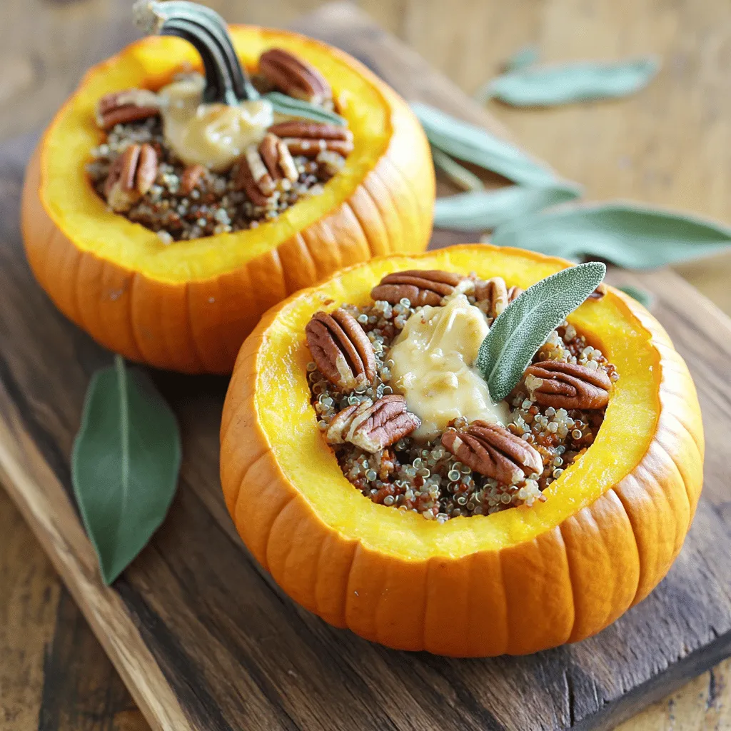 - 2 small sugar pumpkins - 1 pound ground turkey - 1 cup cooked quinoa - 1 medium onion - 2 cloves garlic - Fresh sage leaves - Pecans - Brown butter - Ground cinnamon - Salt and pepper - Grated Parmesan cheese (optional) - Olive oil - Sharp knife for pumpkin preparation - Large skillet for cooking - Baking dish Choosing the right ingredients is key to making Ground Turkey & Brown Butter Sage Stuffed Pumpkins. First, select two small sugar pumpkins. They should be firm and heavy for their size. Next, gather a pound of ground turkey. It’s lean and perfect for stuffing. You will also need one cup of cooked quinoa. This adds texture and is a healthy choice. Chop one medium onion and mince two cloves of garlic. These ingredients will give your dish great flavor. Fresh sage leaves are a must for that autumn taste. Add a quarter cup of chopped pecans for some crunch. The brown butter will add richness to your filling. You’ll also need ground cinnamon, salt, and pepper for seasoning. If you like cheese, get half a cup of grated Parmesan. Finally, have some olive oil ready for drizzling. These ingredients come together to create a warm, savory meal. Plus, they make your kitchen smell amazing! - Preheat the oven to 375°F (190°C). - Prepare the pumpkins by slicing off the tops and scooping out the insides. - In a large skillet, heat a drizzle of olive oil over medium heat. - Sauté the onion and garlic until fragrant, about 3-4 minutes. - Add the ground turkey and cook thoroughly, breaking it apart with a spatula. - Stir in chopped sage, pecans, quinoa, and melted brown butter. - Adjust the seasoning with salt and pepper to taste. - Carefully pack the turkey mixture into each pumpkin. - If you like, sprinkle Parmesan cheese on top. - Cover the baking dish with foil and bake for 30 minutes. - Remove the foil and bake for another 15-20 minutes until tender. - Make sure the turkey is browned well. This step adds great flavor to your dish. - Use fresh sage leaves. They give a nice, strong taste that brightens the filling. - Serve the stuffed pumpkins on a wooden board. This makes for a rustic, inviting look. - Garnish the dish with fresh sage leaves and a drizzle of balsamic glaze. This adds color and flavor to your meal. - You can swap ground turkey for ground chicken or beef if you prefer. This change keeps the recipe flexible. - Feel free to use different nuts or grains based on what you like. Chopped walnuts or rice can work well too. For more details, check out the full recipe. {{image_4}} You can change this dish with seasonal items. Adding cranberries gives it a nice fall taste. You can also toss in some seasonal vegetables, like bell peppers, to add color and crunch. If you need a gluten-free option, use quinoa instead of bread crumbs. You can skip some cheeses to keep it safe for gluten-free diets. For a vegan version, use lentils or plant-based protein to replace the ground turkey. Feel free to mix up the herbs! Thyme or rosemary can add a new twist. You can also play with spices like nutmeg or allspice. These changes can make the dish your own while keeping it tasty. You can store leftovers in airtight containers. They will stay good for up to 3 days. This way, you can enjoy your delicious stuffed pumpkins again! If you want to save them longer, freeze the stuffed pumpkins. Wrap each pumpkin in plastic wrap. They last up to 2 months in the freezer. This option is great for meal prep! To reheat, bake from frozen directly. You can also refrigerate them overnight to make it easier. Then place them in the oven to warm up. This keeps the flavors rich and tasty. Look for small, even-shaped pumpkins that feel heavy for their size. This tells you they are fresh and will hold the filling well. Sugar pumpkins are a great choice since they are sweet and tender. Yes, rice or couscous can be great substitutes for quinoa. Both add texture and absorb flavors nicely. If you prefer, even barley or farro can work well in this recipe. Serve with a side salad or garlic bread for a complete meal. A light salad adds freshness, while garlic bread brings a comforting touch. Ground turkey typically takes 8-10 minutes to cook fully. Make sure to break it apart as it cooks. This helps it brown evenly and keeps it juicy. The full recipe can be found in the recipe section of this article. You’ll get all the steps and tips to make this dish perfectly. In this blog post, we explored how to make delicious stuffed sugar pumpkins. We discussed the key ingredients, suggested tools, and step-by-step instructions. I shared cooking tips and creative variations to suit dietary needs. Storing tips help you enjoy leftovers, while FAQs answer common questions. Stuffed pumpkins are a fun dish, perfect for any season. They bring warmth and flavor to your table. I hope you try this recipe and enjoy the process of cooking and sharing it with others.
