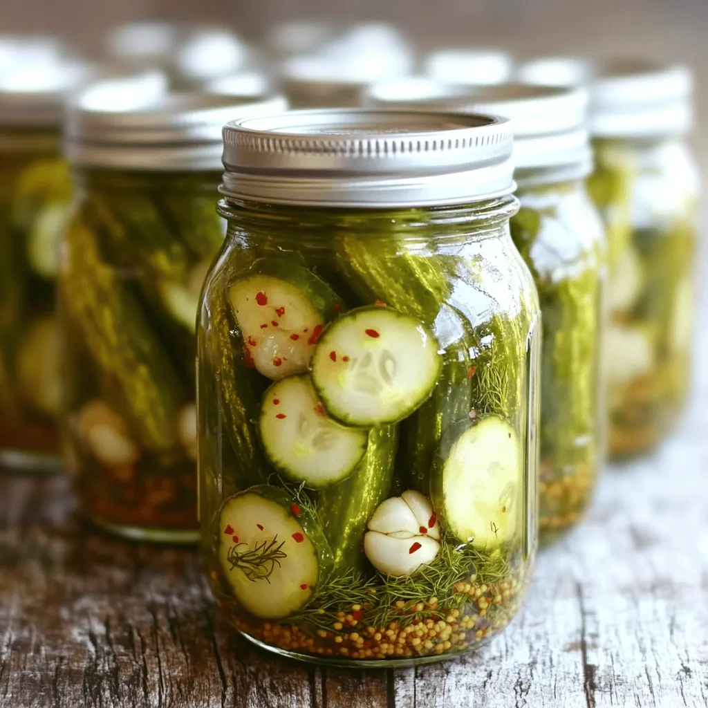 - 6-8 small pickling cucumbers - 1 cup distilled white vinegar - 1/3 cup kosher salt For the best sour pickles, start with small pickling cucumbers. They are firm and have a great crunch. Choose cucumbers that are fresh and blemish-free for the best flavor. The vinegar adds the tangy taste, while kosher salt helps in preserving and flavoring. - 4 garlic cloves - 2 tablespoons dill seeds or a handful of fresh dill sprigs - 1 teaspoon black peppercorns - 1 teaspoon mustard seeds - 1 teaspoon red chili flakes (optional) Garlic gives a strong flavor to your pickles. Dill seeds or fresh sprigs add a lovely herbal note. Black peppercorns and mustard seeds enhance the taste, while chili flakes can add extra heat if you like spicy pickles. The right balance of brine to cucumbers is key. Use 4 cups of water for every cup of vinegar and 1/3 cup of salt. You can adjust the salt and vinegar based on your taste. If you like it more tangy, add more vinegar. If you prefer less salty, reduce the salt. This Full Recipe helps you get it just right. Wash your cucumbers under cold water. This removes dirt and helps them stay fresh. Trim off the ends to cut bitterness. Choose firm, small pickling cucumbers. They give the best crunch and flavor. In a large pot, mix vinegar, water, and kosher salt. Heat this over medium heat. Stir until the salt fully dissolves. Once dissolved, remove it from heat and let it cool to room temperature. This cooling step is key. It prevents cooking the cucumbers when you pour the brine on them. First, sterilize your jars by boiling them for 10 minutes. This keeps your pickles safe. Let the jars cool before packing. Start adding smashed garlic cloves, dill seeds, black peppercorns, and mustard seeds to each jar. Then, pack the cucumbers standing up. Make sure they fit snugly. If you want spice, add red chili flakes between the layers. Next, pour the cooled brine over the cucumbers. Ensure they are fully submerged. Leave half an inch of space at the top of each jar. This lets the brine expand during fermentation. Finally, wipe the rims of the jars and seal them tightly. Store the jars in a cool, dark place for 1 to 2 days to ferment. After that, pop them in the fridge. For the best taste, let them sit for at least one week. To get the best flavor, balance the saltiness and tanginess. Use just the right amount of salt. Too much can make your pickles salty. Too little will leave them bland. I recommend sticking to the recipe for the best results. Fermentation time is key. It can change the taste and texture of your pickles. Let them ferment for 1 to 2 days at room temperature. This helps develop great flavors. After that, place them in the fridge for at least one week. The longer they sit, the better they taste. One mistake to avoid is overpacking your jars. If you cram in too many cucumbers, they won’t pickle properly. Pack them snugly, but leave some room for the brine to flow. Another common mistake is skipping the sterilization process. Always sterilize your jars before packing. This step helps keep your pickles safe and tasty. Boil the jars for 10 minutes to kill any germs. Let them cool before adding your cucumbers and brine. To enhance the crunch, pre-soak your cucumbers in ice water for 1 to 2 hours. This simple step makes a big difference. It helps the cucumbers stay firm during fermentation. You can also try using grape leaves or a bit of alum in your brine. These options help maintain that satisfying crunch. Just remember, fresh ingredients lead to the best pickles. For the complete method, check the Full Recipe above. {{image_4}} To make spicy sour pickles, add chili flakes to the brine. Just one teaspoon gives a nice kick. You can also infuse the pickles with spices like coriander or cumin for more flavor. Experiment and find your perfect heat level! For sweet and sour pickles, mix sugar into the brine. Start with half a cup and taste. You might want more or less sugar based on your preference. Adjust spices too, like adding cinnamon or allspice. This creates a unique twist on the classic recipe. Using herbs like tarragon or thyme can change the taste of your pickles. Add a few sprigs to each jar for a fresh flavor. You can also combine different seasonings, like dill with oregano. This gives a fun and tasty variety to your pickles. Try these variations to find your favorite! Each one adds a new twist to the best sour pickles recipe. Store your sour pickles in the fridge. They stay fresh and tasty this way. Use clean, airtight containers like mason jars. This keeps the pickles crisp for a long time. Make sure to submerge them in the brine. Fermented pickles last longer than unfermented ones. You can keep fermented pickles in the fridge for up to six months. Unfermented pickles, on the other hand, last about one month. Watch out for signs of spoilage. If you see mold or an off smell, toss them out. Can you freeze pickles? Yes, but it may change their crunch. If you want to freeze them, use freezer-safe bags. Remove as much air as you can. Label the bags with the date. They can stay in the freezer for up to a year. However, plan to use them in cooked dishes for the best taste. For the full recipe, check out the Crunchy Dill Pickles section. Homemade sour pickles last about 2 to 3 months in the fridge. Keep them in a sealed jar. You may notice they taste better as they sit. After a while, the flavor gets deeper. If you see any mold or smell something off, it’s time to toss them. Yes, you can use regular cucumbers. However, pickling cucumbers are firmer and crunchier. This firmness makes them ideal for pickling. If you use regular ones, they might turn soft and mushy. For the best results, choose small, firm cucumbers, like English cucumbers or Kirby cucumbers. Sour pickles shine on a charcuterie board. They add a tangy bite next to meats and cheeses. You can also serve them with sandwiches or burgers for extra crunch. Another fun option is to cut them into spears and serve with toothpicks for easy snacking. - Presentation Tips: - Use clear jars to show off the vibrant colors. - Arrange pickles neatly on a platter. - Add herbs or fresh veggies for a pop of color. If your pickles are not crunchy, it could be due to a few reasons. One common issue is over-soaking the cucumbers in brine. This can cause them to lose their crispness. Another reason may be the type of cucumbers used. Old or soft cucumbers will not have the right texture. - Troubleshooting Texture Issues: - Use fresh, firm cucumbers. - Avoid soaking them too long in the brine. - Consider adding a few grape leaves or a piece of horseradish to the jars. These can help keep pickles crunchy. Making sour pickles at home is easy and fun. You learned the key ingredients, like cucumbers, vinegar, and salt, along with essential flavorings. I shared steps on preparing, brining, and packing your pickles for the best results. Use tips to avoid common mistakes and enhance crunchiness. Lastly, explore variations to suit your taste. Enjoy your pickling journey, and remember, practice makes perfect! Your next batch could be even better.