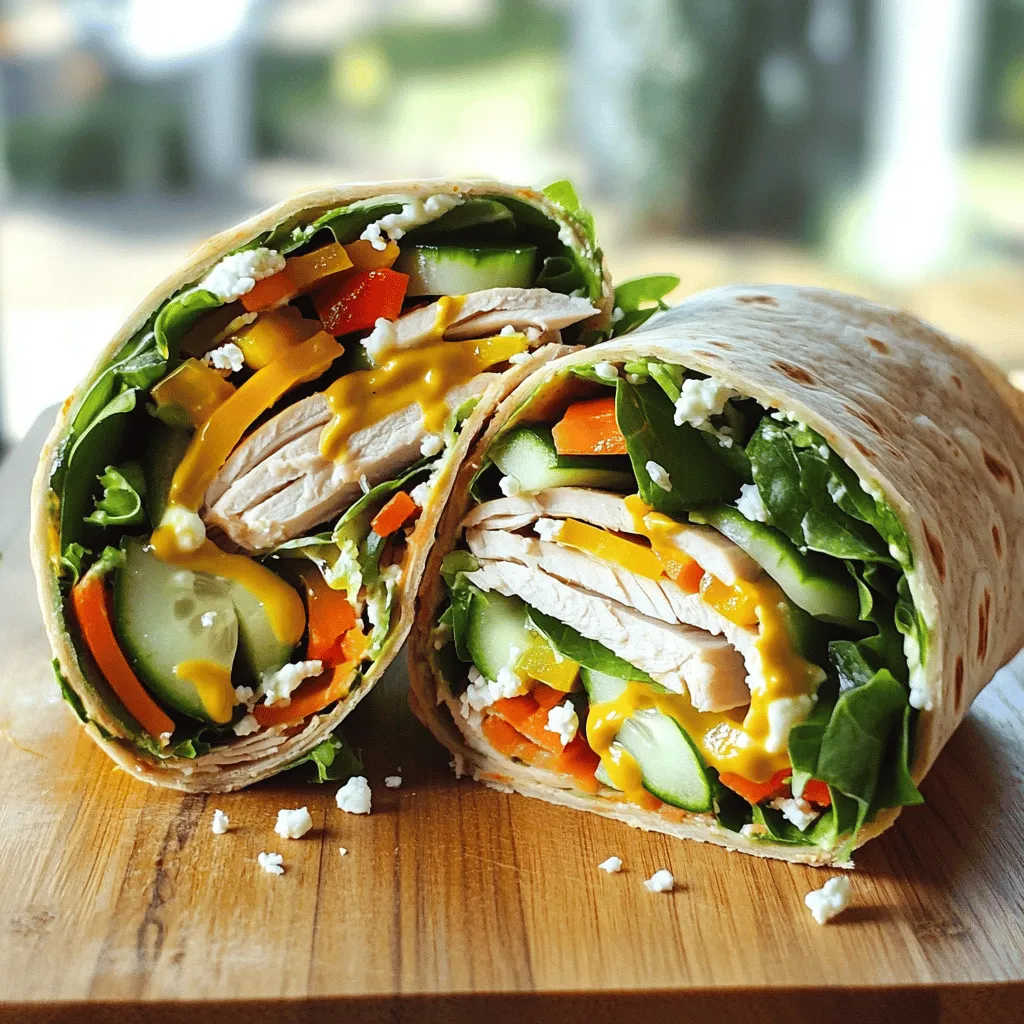 - 4 whole wheat tortillas - 8 ounces sliced turkey breast - 1 cup mixed greens (a refreshing blend of spinach, arugula, and other greens) - 1 cup bell peppers, sliced (choose a combination of vibrant red, yellow, or orange) - 1/2 cup cucumber, thinly sliced for crunch - 1/2 cup shredded carrots for sweetness - 1/4 cup creamy hummus - 1 tablespoon tangy Dijon mustard - A sprinkle of crumbled feta cheese or slices of creamy avocado for added richness These ingredients come together to create a fun lunch that kids will love. The whole wheat tortillas offer fiber, while the turkey adds protein. Mixed greens bring vitamins, and colorful veggies keep things exciting. You can customize each wrap to suit your child's taste. For extra flavor, adding hummus and mustard makes each bite pop. Kids enjoy the crunchy cucumbers and sweet carrots. You can even sneak in some feta or avocado for a creamy touch. Mix and match ingredients based on what you have or what your kids prefer. This flexibility helps keep lunchtime exciting. Check out the Full Recipe for easy step-by-step instructions. First, clean and organize your cooking area. A tidy space helps you focus. Lay each tortilla flat on the surface. This makes assembly easy and fun. Spread hummus on each tortilla. Use about one tablespoon for even coverage. Next, layer the sliced turkey breast on top of the hummus. This adds a tasty protein boost. Now, grab a handful of mixed greens. Place them on the turkey. Follow with sliced bell peppers, cucumber rounds, and shredded carrots. Each bite should be colorful and crunchy. Drizzle some Dijon mustard over the veggies. This gives a nice tangy flavor. Sprinkle salt and pepper to taste. For an extra treat, add crumbled feta cheese or avocado slices. These make the wraps even richer. Now, it’s time to roll. Starting from one end, carefully roll each tortilla tightly. If needed, use toothpicks to hold them together. Slice each wrap in half for easy handling. Pack them in lunch containers. To make it a complete meal, add crunchy baby carrots or fresh apple slices. This makes the lunch not just tasty, but also balanced. Enjoy the fun of making these wraps! To make lunch prep a breeze, batch preparation works wonders. You can make several wraps at once. This saves time on busy mornings. I recommend using pre-sliced vegetables. They add crunch and color without extra work. Grab a bag of mixed bell peppers or pre-shredded carrots. These small steps really cut down on prep time. Flavor is key to a tasty wrap. Try adding spices like smoked paprika or garlic powder. A drizzle of ranch dressing or a touch of sriracha can jazz things up too. Pairing sides with your wraps is also important. Crunchy baby carrots or apple slices make great companions. They add balance and more flavors to the meal. Choosing the right lunch container is crucial. I like using containers with separate sections. This keeps wraps fresh and prevents sogginess. You can also wrap each one in parchment paper. This way, they stay tight and easy to grab. Remember to pack an ice pack if it's warm out. Keeping wraps cool helps them taste great at lunchtime. {{image_4}} You can easily swap turkey for plant-based protein. Try using black beans or chickpeas. They add great flavor and protein. Another option is to use hummus as the main protein source. Hummus is smooth and creamy. It pairs well with veggies. Spread a thick layer of hummus on your tortilla. This makes your wrap tasty and filling. Want a low-carb option? Use lettuce wraps instead of tortillas. Leafy greens like romaine or butter lettuce work great. They add crunch and keep things light. You can also use other low-carb ingredients. Try adding avocado slices or cheese. These ingredients boost flavor without extra carbs. Get creative by adding fruits like apples or pears. Thinly slice them for a sweet crunch. This contrast makes your wrap exciting. You can also try different sauces and spreads. Use ranch dressing, salsa, or spicy mayo. Each option changes the wrap’s taste. Don't be afraid to experiment with flavors! For a full recipe of this delicious wrap, check out the [Full Recipe]. To keep your wraps fresh, store them in the fridge right away. Wrap them tightly in plastic wrap or foil. This helps keep air out. Use containers with tight lids that fit your wraps snugly. This way, they won't get soggy. You can also add a paper towel inside the container. The towel absorbs extra moisture and keeps the wraps crisp. Wraps stay fresh in the fridge for about 3 days. After that, they may lose their taste or texture. Check for signs of spoilage. If you see any discoloration or a strange smell, it's best to toss them. A good wrap should still smell fresh and look appetizing. You can freeze your wraps for longer storage. First, wrap each one tightly in plastic wrap. Then, place them in a freezer bag. Make sure to squeeze out all the air before sealing. To enjoy them later, take a wrap out and thaw it in the fridge overnight. For quick thawing, you can use the microwave. Just unwrap it and heat it for 30 seconds. This will keep the taste and texture intact. Enjoy your tasty Turkey & Veggie Wrap Delight even after school! Yes, you can make these wraps ahead of time! Meal prep makes busy mornings easier. Wraps stay fresh in the fridge for up to two days. To prep, follow these steps: - Assemble the wraps: Prepare the wraps as directed in the Full Recipe. - Wrap tightly: Use plastic wrap or foil to cover them well. - Store in the fridge: Keep them in an airtight container to avoid moisture. Absolutely! You can easily adjust the recipe for different needs. Here are some ideas: - Nut-free: Skip any nut-based dips or toppings. - Dairy-free: Replace feta cheese with extra hummus or avocado. - Gluten-free: Use gluten-free tortillas for the wraps. These options allow everyone to enjoy the deliciousness of the turkey and veggie wraps. Keeping wraps fresh is key to a great lunch. Here are some tips for moisture control: - Use dry ingredients: Pat vegetables dry before adding them to the wrap. - Spread wisely: Apply hummus sparingly to avoid excess moisture. - Pack smart: Use a compartmentalized lunchbox. Keep wet and dry items separate until mealtime. These simple steps will help maintain that crunchy, tasty texture in your wraps! The Tasty Turkey & Veggie Wrap Delight is simple and fun to make. You learned about key ingredients, from tortillas to fresh veggies. I showed you easy steps to prepare and pack them. You also discovered tips for flavor and ways to customize your wraps. Finally, storing leftovers is a breeze with our methods. Experiment with variations and enjoy every bite! Your lunch can be healthy and delightful. Try it out and share your tasty creations!
