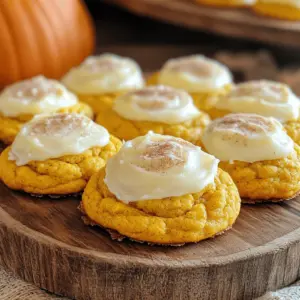 - 1 cup pure pumpkin puree - 1 cup granulated sugar - 1/2 cup packed brown sugar - 1/2 cup unsalted butter, softened to room temperature I love using pure pumpkin puree for these cookies. It gives them a rich flavor and moist texture. Using a mix of granulated and brown sugar adds sweetness and deepens the taste. The unsalted butter is key for a soft cookie that melts in your mouth. - 1 large egg - 1 teaspoon vanilla extract - 2 cups all-purpose flour - 1 teaspoon baking powder - 1 teaspoon baking soda - 1 teaspoon ground cinnamon - 1/2 teaspoon ground nutmeg - 1/4 teaspoon ground ginger - 1/4 teaspoon salt The large egg binds everything together, while vanilla adds a warm note. The all-purpose flour gives structure, and the leavening agents ensure the cookies rise nicely. I like to use a mix of spices—cinnamon, nutmeg, and ginger—to create that classic pumpkin flavor. Don’t forget the salt; it balances the sweetness. - 4 oz cream cheese, softened to room temperature - 1/4 cup unsalted butter, softened - 1 teaspoon vanilla extract - 1-2 cups powdered sugar (adjust to taste) For the icing, I use cream cheese for its tangy flavor that pairs perfectly with pumpkin. The butter adds creaminess. Mixing in vanilla makes it even better. Adjust the powdered sugar to find your perfect sweetness. You can find the Full Recipe for these delightful cookies in the section above. - Preheat your oven to 350°F (175°C) and line a baking sheet with parchment paper. - In a large bowl, cream together 1/2 cup softened butter, 1 cup granulated sugar, and 1/2 cup brown sugar. Use a hand mixer or whisk until light and fluffy. This takes about 2-3 minutes. - Add 1 cup pure pumpkin puree, 1 large egg, and 1 teaspoon vanilla extract to the mixture. Mix well until smooth and combined. - In a separate bowl, whisk together 2 cups all-purpose flour, 1 teaspoon baking powder, 1 teaspoon baking soda, 1 teaspoon ground cinnamon, 1/2 teaspoon ground nutmeg, 1/4 teaspoon ground ginger, and 1/4 teaspoon salt. - Gradually add the dry ingredients to the pumpkin mixture. Stir gently with a spatula or wooden spoon until a soft dough forms. Be careful not to overmix; this helps keep the cookies soft. - Using a cookie scoop or tablespoon, drop mounds of dough onto the prepared baking sheet. Leave about 2 inches of space between each mound for spreading. - Bake in the preheated oven for 12-15 minutes. The edges should be lightly golden, and the centers should look just set. They shouldn’t look wet. Cool on the baking sheet for 5 minutes before moving them to a wire rack. - In a mixing bowl, beat together 4 oz softened cream cheese and 1/4 cup softened butter until smooth. - Add 1 teaspoon vanilla extract, then mix in 1-2 cups powdered sugar. Adjust the sweetness to your liking while mixing. - Once the cookies are completely cool, spread or pipe the cream cheese icing on top. Let it cascade slightly over the edges for a nice look. - For presentation, arrange the cookies on a festive platter. A light dusting of cinnamon or a few candy corn pieces adds a fun touch. Enjoy your soft pumpkin cookies with cream cheese icing! To keep your pumpkin cookies soft, avoid overmixing the dough. When you combine the wet and dry ingredients, mix just until they come together. If you mix too long, the cookies may turn out tough. Adjusting your baking time also helps. Keep an eye on your cookies as they bake. They should be lightly golden around the edges and just set in the middle. If they look wet, give them more time. For the perfect cream cheese icing, focus on achieving a smooth consistency. Start with softened cream cheese and butter. Beat them together until they are creamy. Gradually add the powdered sugar. This way, you can adjust sweetness to your taste. Piping techniques can add flair. Use a piping bag with a decorative tip for pretty designs. If you don’t have a piping bag, a simple zip-top bag with a corner cut works well. Want to elevate the flavor? Try adding chocolate chips or nuts to the dough. They add great texture and taste. You can use dark chocolate chips for a rich contrast. Seasonal spices also enhance the cookies. Consider adding a pinch of allspice or cloves. These spices add warmth and depth, perfect for autumn flavors. {{image_4}} You can switch to gluten-free flour if needed. I recommend using a 1:1 gluten-free blend. This keeps the cookies soft and tasty. When using different flours, check the dough's texture. You might need to adjust the baking time slightly. Gluten-free dough can bake faster, so keep an eye on them. Adding new spices can change the cookie flavor. Try allspice or cloves for a warm twist. You can also swap out pumpkin puree for sweet potato puree. This gives the cookies a different taste and texture. Experimenting with flavors keeps baking fun! For a chocolate icing, add cocoa powder to the cream cheese mix. Start with a few tablespoons, then mix well. You can also try different flavored extracts, like almond or maple. This makes the icing unique and personal. Check the Full Recipe for more ideas! To keep your pumpkin cookies soft, store them in an airtight container. A good option is a cookie jar or a plastic container with a tight lid. You can also place a slice of bread in the container. The bread adds moisture, helping keep the cookies soft longer. You can freeze baked cookies for later enjoyment. To do this, let them cool completely first. Then, layer the cookies between sheets of parchment paper in a freezer-safe bag. Seal it tightly. When you're ready to enjoy, take them out and let them thaw at room temperature for about an hour. For an even softer texture, you can warm them briefly in the microwave. These cookies stay fresh for about 5 days at room temperature. If you freeze them, they can last up to 3 months. Watch for signs of spoilage, such as hardening or off smells. If you notice either, it's best to discard them. Enjoy your treats while they're fresh! For the full recipe, check out the deliciously soft pumpkin cookies with creamy vanilla icing. The cookies are done when the edges are lightly golden. The centers should look set, not wet. You can also gently press the cookie; it should spring back. In about 12 to 15 minutes, you’ll see these signs. Remember, overbaking makes them dry. Yes, you can make the dough ahead of time. Just wrap it tightly in plastic wrap. Refrigerate it for up to three days. If you want to keep it longer, freeze the dough. It stays good in the freezer for about three months. Thaw overnight in the fridge before baking. If you want to swap cream cheese, use mascarpone cheese for a rich taste. Greek yogurt can also work; it adds tanginess. For a lighter icing, try whipped cream or a simple glaze with powdered sugar and milk. Each option gives a unique flavor twist. This blog post covered everything you need to know about making delicious pumpkin cookies. We discussed key ingredients, including pure pumpkin puree and cream cheese icing. You learned step-by-step instructions for baking and icing, along with tips for keeping your cookies soft. We shared variations and storage tips to keep your treats fresh. In conclusion, making pumpkin cookies is simple and fun. Try different flavors and techniques to make them your own. Enjoy baking and sharing these tasty cookies!