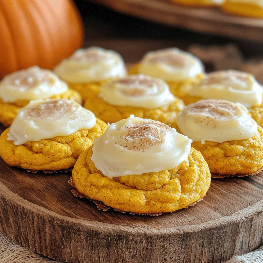 - 1 cup pure pumpkin puree - 1 cup granulated sugar - 1/2 cup packed brown sugar - 1/2 cup unsalted butter, softened to room temperature I love using pure pumpkin puree for these cookies. It gives them a rich flavor and moist texture. Using a mix of granulated and brown sugar adds sweetness and deepens the taste. The unsalted butter is key for a soft cookie that melts in your mouth. - 1 large egg - 1 teaspoon vanilla extract - 2 cups all-purpose flour - 1 teaspoon baking powder - 1 teaspoon baking soda - 1 teaspoon ground cinnamon - 1/2 teaspoon ground nutmeg - 1/4 teaspoon ground ginger - 1/4 teaspoon salt The large egg binds everything together, while vanilla adds a warm note. The all-purpose flour gives structure, and the leavening agents ensure the cookies rise nicely. I like to use a mix of spices—cinnamon, nutmeg, and ginger—to create that classic pumpkin flavor. Don’t forget the salt; it balances the sweetness. - 4 oz cream cheese, softened to room temperature - 1/4 cup unsalted butter, softened - 1 teaspoon vanilla extract - 1-2 cups powdered sugar (adjust to taste) For the icing, I use cream cheese for its tangy flavor that pairs perfectly with pumpkin. The butter adds creaminess. Mixing in vanilla makes it even better. Adjust the powdered sugar to find your perfect sweetness. You can find the Full Recipe for these delightful cookies in the section above. - Preheat your oven to 350°F (175°C) and line a baking sheet with parchment paper. - In a large bowl, cream together 1/2 cup softened butter, 1 cup granulated sugar, and 1/2 cup brown sugar. Use a hand mixer or whisk until light and fluffy. This takes about 2-3 minutes. - Add 1 cup pure pumpkin puree, 1 large egg, and 1 teaspoon vanilla extract to the mixture. Mix well until smooth and combined. - In a separate bowl, whisk together 2 cups all-purpose flour, 1 teaspoon baking powder, 1 teaspoon baking soda, 1 teaspoon ground cinnamon, 1/2 teaspoon ground nutmeg, 1/4 teaspoon ground ginger, and 1/4 teaspoon salt. - Gradually add the dry ingredients to the pumpkin mixture. Stir gently with a spatula or wooden spoon until a soft dough forms. Be careful not to overmix; this helps keep the cookies soft. - Using a cookie scoop or tablespoon, drop mounds of dough onto the prepared baking sheet. Leave about 2 inches of space between each mound for spreading. - Bake in the preheated oven for 12-15 minutes. The edges should be lightly golden, and the centers should look just set. They shouldn’t look wet. Cool on the baking sheet for 5 minutes before moving them to a wire rack. - In a mixing bowl, beat together 4 oz softened cream cheese and 1/4 cup softened butter until smooth. - Add 1 teaspoon vanilla extract, then mix in 1-2 cups powdered sugar. Adjust the sweetness to your liking while mixing. - Once the cookies are completely cool, spread or pipe the cream cheese icing on top. Let it cascade slightly over the edges for a nice look. - For presentation, arrange the cookies on a festive platter. A light dusting of cinnamon or a few candy corn pieces adds a fun touch. Enjoy your soft pumpkin cookies with cream cheese icing! To keep your pumpkin cookies soft, avoid overmixing the dough. When you combine the wet and dry ingredients, mix just until they come together. If you mix too long, the cookies may turn out tough. Adjusting your baking time also helps. Keep an eye on your cookies as they bake. They should be lightly golden around the edges and just set in the middle. If they look wet, give them more time. For the perfect cream cheese icing, focus on achieving a smooth consistency. Start with softened cream cheese and butter. Beat them together until they are creamy. Gradually add the powdered sugar. This way, you can adjust sweetness to your taste. Piping techniques can add flair. Use a piping bag with a decorative tip for pretty designs. If you don’t have a piping bag, a simple zip-top bag with a corner cut works well. Want to elevate the flavor? Try adding chocolate chips or nuts to the dough. They add great texture and taste. You can use dark chocolate chips for a rich contrast. Seasonal spices also enhance the cookies. Consider adding a pinch of allspice or cloves. These spices add warmth and depth, perfect for autumn flavors. {{image_4}} You can switch to gluten-free flour if needed. I recommend using a 1:1 gluten-free blend. This keeps the cookies soft and tasty. When using different flours, check the dough's texture. You might need to adjust the baking time slightly. Gluten-free dough can bake faster, so keep an eye on them. Adding new spices can change the cookie flavor. Try allspice or cloves for a warm twist. You can also swap out pumpkin puree for sweet potato puree. This gives the cookies a different taste and texture. Experimenting with flavors keeps baking fun! For a chocolate icing, add cocoa powder to the cream cheese mix. Start with a few tablespoons, then mix well. You can also try different flavored extracts, like almond or maple. This makes the icing unique and personal. Check the Full Recipe for more ideas! To keep your pumpkin cookies soft, store them in an airtight container. A good option is a cookie jar or a plastic container with a tight lid. You can also place a slice of bread in the container. The bread adds moisture, helping keep the cookies soft longer. You can freeze baked cookies for later enjoyment. To do this, let them cool completely first. Then, layer the cookies between sheets of parchment paper in a freezer-safe bag. Seal it tightly. When you're ready to enjoy, take them out and let them thaw at room temperature for about an hour. For an even softer texture, you can warm them briefly in the microwave. These cookies stay fresh for about 5 days at room temperature. If you freeze them, they can last up to 3 months. Watch for signs of spoilage, such as hardening or off smells. If you notice either, it's best to discard them. Enjoy your treats while they're fresh! For the full recipe, check out the deliciously soft pumpkin cookies with creamy vanilla icing. The cookies are done when the edges are lightly golden. The centers should look set, not wet. You can also gently press the cookie; it should spring back. In about 12 to 15 minutes, you’ll see these signs. Remember, overbaking makes them dry. Yes, you can make the dough ahead of time. Just wrap it tightly in plastic wrap. Refrigerate it for up to three days. If you want to keep it longer, freeze the dough. It stays good in the freezer for about three months. Thaw overnight in the fridge before baking. If you want to swap cream cheese, use mascarpone cheese for a rich taste. Greek yogurt can also work; it adds tanginess. For a lighter icing, try whipped cream or a simple glaze with powdered sugar and milk. Each option gives a unique flavor twist. This blog post covered everything you need to know about making delicious pumpkin cookies. We discussed key ingredients, including pure pumpkin puree and cream cheese icing. You learned step-by-step instructions for baking and icing, along with tips for keeping your cookies soft. We shared variations and storage tips to keep your treats fresh. In conclusion, making pumpkin cookies is simple and fun. Try different flavors and techniques to make them your own. Enjoy baking and sharing these tasty cookies!