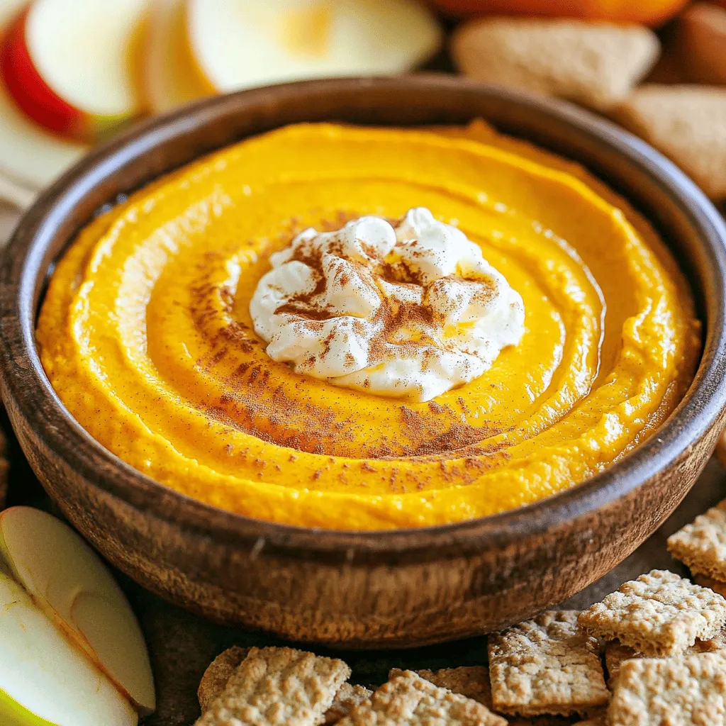 - 1 cup canned pumpkin puree - 8 oz cream cheese, softened to room temperature - 1 cup powdered sugar - 1 cup whipped topping These main ingredients form the heart of the dip. Canned pumpkin puree gives the dip its signature flavor and smooth texture. Cream cheese adds richness and creaminess, while powdered sugar balances the flavors with sweetness. The whipped topping lightens everything up, making it fluffy and fun to enjoy. - 1 teaspoon pure vanilla extract - 1 teaspoon ground cinnamon - 1/2 teaspoon ground nutmeg - 1/4 teaspoon ground ginger - 1/4 teaspoon fine salt Spices make this dip truly special. Vanilla extract adds warmth. Cinnamon brings a familiar fall taste, while nutmeg and ginger add depth. A pinch of salt enhances the sweetness of the dip, making every bite better. Together, these flavors remind us of classic pumpkin pie. - Graham crackers - Apple slices - Assorted cookies For dipping, I love using graham crackers. They add crunch and sweetness. Apple slices bring a fresh taste that balances the creamy dip. Assorted cookies allow guests to choose their favorites. Each dipper adds a lovely twist to the experience. For the full recipe, check [Full Recipe]. Start by placing the cream cheese and powdered sugar in a large bowl. Use an electric mixer to beat the mixture on medium speed. Keep mixing until it is smooth and creamy, which takes about 1 to 2 minutes. This step gives the dip its rich base. Next, mix in the canned pumpkin puree and all the spices. Add the vanilla extract, ground cinnamon, ground nutmeg, ginger, and salt. Blend everything on low speed until it is well combined. You want a smooth consistency, which takes about 1 minute. The spices add warmth and flavor to the dip. Now, it’s time to fold in the whipped topping. Use a spatula or a wooden spoon to gently incorporate it. Be careful not to overmix, as you want to keep the dip light and airy. If you mix too much, the texture may become dense. For more detailed instructions, refer to the Full Recipe. To make your pumpkin pie dip extra special, try adding more spices. You can sprinkle in a bit of allspice or cardamom. These spices bring warmth and depth to the dip. You can also add a splash of maple syrup. This sweet touch makes the dip taste like fall in every bite. Just mix it in slowly so you keep the creamy texture. When serving, make it look festive! Use a fun bowl that matches your fall theme. You can arrange colorful dippers like apple slices and cookies around the dip. For a cute garnish, sprinkle some cinnamon or graham cracker crumbs on top. You can even add cinnamon sticks. They act as perfect stirrers and look great! If you have leftovers, store them in an airtight container. The dip stays fresh in the fridge for about three days. If you want to keep it longer, you can freeze it. Just make sure to use a freezer-safe container. It lasts for up to a month in the freezer. When you want to enjoy it again, thaw it in the fridge overnight before serving. {{image_4}} You can make this dip a bit healthier. Try using low-fat cream cheese. This keeps the dip creamy but cuts some fat. You can also swap out powdered sugar for a sugar alternative. Options like stevia or monk fruit can work well. Just adjust the amount to taste. Want to make this dip even more special? Add chocolate chips for a sweet twist. Dark chocolate chips give a nice contrast to the pumpkin flavor. You can also incorporate caramel into the dip. Swirl it in for a rich, sweet layer. Fall means pumpkin spice! You can add extra pumpkin spice to boost the flavor. It really brings out that cozy feeling. For holidays, think about adding a splash of eggnog or even whipped cream. These seasonal enhancements can make your dip a festive treat. For the full recipe, check out the complete guide. What should I serve with pumpkin pie dip? You can use many fun dippable options. I love using: - Graham crackers - Apple slices - Assorted cookies These dippers add crunch and flavor. You can also mix it up with pretzels for a salty twist. For a fun touch, arrange these on a colorful platter around the dip. It makes for an eye-catching display. How can I serve the dip creatively? Try these ideas. Use small cups for individual servings. This makes it easy for guests to grab. You can also place cinnamon sticks in the dip for stirring. This adds a festive look! What are some great events for pumpkin pie dip? Fall-themed parties are perfect! This dip brings warmth and comfort. Set the scene with cozy blankets and fall decorations. The dip fits right in with your pumpkin spice lattes. What about holiday gatherings? Serve this dip at Thanksgiving or Christmas. It adds a sweet touch to the dessert table. You can also pair it with other fall flavors. Think apple cider or pecan pie for a full spread. What dippers work best for kids? They love fun shapes! Use cookie cutters to make apple slices or graham crackers into fun shapes. This encourages kids to try new flavors. How can I make the dip fun for kids? Try making it interactive. Set up a “dip bar” with various toppings. Add sprinkles, mini chocolate chips, or whipped cream. Kids will love to create their own tasty treats! You can store pumpkin pie dip in the fridge for about 3 to 5 days. Keep it in an airtight container. This helps keep it fresh and tasty. If you see any signs of spoilage, toss it out. Yes, you can make this dip a day before your event. Just prepare it and store it in the fridge. It actually tastes better after chilling for a while. When ready, serve it cold with your favorite dippers. Yes, pumpkin pie dip is naturally gluten-free. For dipping, use gluten-free options like rice crackers or fresh fruits. Apple slices are a great choice too! Just check labels if you buy packaged items to ensure they are gluten-free. Pumpkin pie dip is easy and fun to make. You need just a few key ingredients, including pumpkin puree and cream cheese. Mixing in spices adds flavor, while whipped topping makes it light. You have many tasty dippers, from graham crackers to apple slices. Experiment with variations and serving ideas for your next gathering. This dip is not just tasty; it's perfect for fall-themed fun and holiday joy. Enjoy every creamy bite!