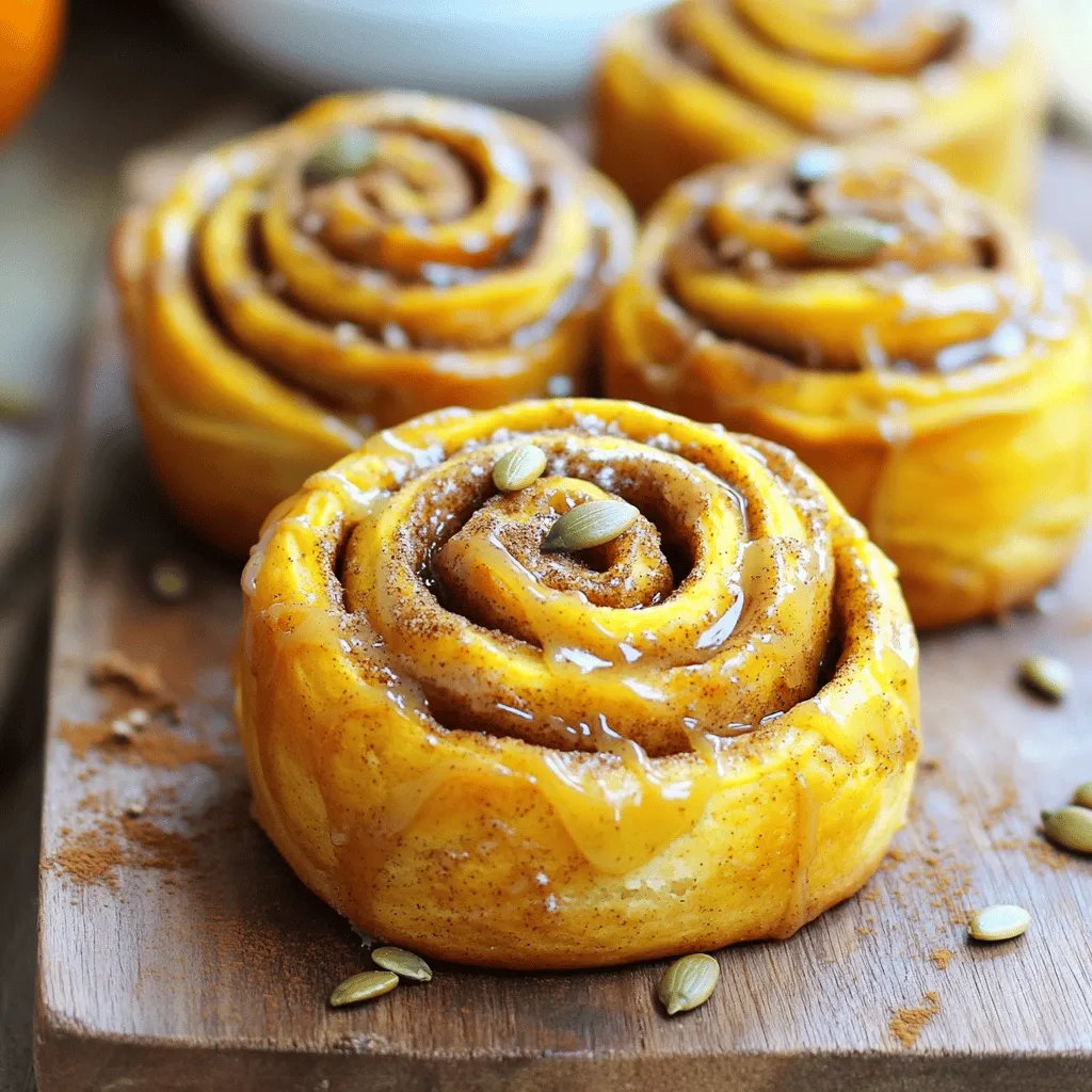- 2 cups all-purpose flour - 1/4 cup granulated sugar - 1 teaspoon active dry yeast - 1/2 teaspoon baking soda - 1/2 teaspoon baking powder - 1/2 teaspoon salt - 1/2 teaspoon ground cinnamon - 1/4 teaspoon ground nutmeg - 1 cup canned pumpkin puree - 1/4 cup warm milk - 1/2 teaspoon vanilla extract - 1/4 cup unsalted butter, melted - 1/2 cup brown sugar - 1 tablespoon ground cinnamon - 1 cup powdered sugar - 2 tablespoons brewed coffee (cooled) - 1 tablespoon maple syrup - 1 tablespoon unsalted butter, softened When I make pumpkin cinnamon rolls, I start with the dry ingredients. You need flour, granulated sugar, yeast, baking soda, baking powder, salt, cinnamon, and nutmeg. These spices bring warmth and flavor. Next, I grab the wet ingredients. Canned pumpkin puree is key here. It keeps the rolls moist. I mix that with warm milk, vanilla extract, and melted butter. This blend gives the dough a rich taste. For the filling, I whip up brown sugar and cinnamon. This sweet mixture adds a lovely surprise inside the rolls. Now, we can't forget the frosting! I combine powdered sugar, brewed coffee, maple syrup, and softened butter. This creamy topping adds a nice sweetness that pairs perfectly with the rolls. By using the Full Recipe, you’ll have everything needed to create this delicious treat. - Combine warm milk, granulated sugar, and yeast. - Let it rest until frothy. To start, pour warm milk into a medium bowl. Add granulated sugar and yeast. Stir gently. Now, let this mixture sit for about 5 to 7 minutes. You want it to look frothy. This means the yeast is active and ready to help your rolls rise. - Mix dry ingredients in a large bowl. - Add wet ingredients and combine. In a large mixing bowl, whisk together the flour, baking soda, baking powder, salt, ground cinnamon, and nutmeg. This blend gives the rolls their warm, cozy flavor. Next, add the yeast mixture, canned pumpkin puree, vanilla extract, and melted butter. Mix until everything is well combined. You need a soft dough that sticks together but isn’t too sticky. - Knead the dough until smooth. - Let the dough rise in a warm area. Transfer the dough to a floured surface. Knead the dough for about 5 minutes. It should feel smooth and elastic when done. Next, place the dough in a greased bowl. Cover it with a kitchen cloth. Let it rise in a warm spot for about 1 hour. The dough should double in size. - Roll out the dough, add filling, and cut into slices. - Place slices in a greased baking dish. Once the dough has risen, punch it down to release the air. Roll it out into a rectangle, about 12x18 inches. In a small bowl, mix brown sugar and cinnamon. Spread this mixture evenly over the dough. Starting at one long side, roll the dough tightly into a log. Slice the log into 12 equal pieces. Place these slices cut-side up in a greased baking dish. - Let rolls rise for another 30 minutes. - Bake at 350°F (175°C) for 20-25 minutes. Cover the rolls with a cloth again. Let them rise for another 30 minutes. This second rise makes them fluffy. Preheat your oven to 350°F (175°C). Bake the rolls for 20 to 25 minutes. They should be golden brown when done. - Whisk frosting ingredients until smooth. - Drizzle over warm rolls. While the rolls bake, mix the frosting. In a bowl, whisk together softened butter, powdered sugar, cooled coffee, and maple syrup. Blend until smooth and creamy. If the frosting seems too thick, add a bit more coffee. When your rolls are out of the oven, let them cool for a bit. Then, drizzle the Coffee Maple Frosting generously over the warm rolls. For the full recipe, check out the complete instructions above! To make soft and fluffy rolls, knead the dough well. Aim for about five minutes. You want it smooth and elastic. If your dough feels sticky, add a little flour. Start with a tablespoon at a time. Keep kneading until it feels right. It should not stick to your hands anymore. Want to jazz up your rolls? Try adding spices like ginger or allspice. These add warmth and depth. You can also add chopped nuts or dried fruit for a fun twist. For drink pairings, these rolls go great with coffee or herbal tea. The flavors blend perfectly for a cozy treat. Serve your rolls on a beautiful wooden board. Drizzle the Coffee Maple Frosting on top. To make it look extra special, sprinkle a little cinnamon over the rolls. Add some toasted pumpkin seeds for crunch and color. This simple touch makes your dish pop! Check out the Full Recipe for more details. {{image_4}} You can switch up the frosting for your rolls. Cream cheese frosting adds a rich, tangy taste. Mix softened cream cheese with powdered sugar and a splash of vanilla. This change makes your rolls creamy and delicious. Another option is a maple butter glaze. Just combine melted butter, maple syrup, and powdered sugar. This glaze gives a sweet, buttery touch that pairs well with pumpkin. If you need gluten-free rolls, swap all-purpose flour for a gluten-free blend. Look for one that works well for baking. This keeps the texture light and fluffy. For a vegan version, replace butter with coconut oil or vegan butter. Use a plant-based milk in place of regular milk. You can also make the frosting with vegan butter. It still tastes great without dairy. Try adding cranberries for a tart bite. Just fold in a cup of fresh or dried cranberries into the dough. They add a splash of color and flavor. Pecans also make a lovely addition. Chop them and sprinkle them in the filling for a nice crunch. For a fresh twist, add a dash of orange zest to the dough. This brightens up the flavor and gives a hint of citrus. For the complete recipe, check out the Full Recipe linked above. To keep your pumpkin cinnamon rolls fresh, store them in an airtight container. You can place them in the fridge for up to five days. If you want to save them for a longer time, freeze the rolls. First, let them cool completely. Wrap each roll tightly in plastic wrap, then place them in a freezer bag. They can last in the freezer for about three months. When you're ready to enjoy your rolls, preheat your oven to 350°F (175°C). Place the rolls on a baking sheet and cover them with foil. Heat for about 10-15 minutes. This method helps keep the rolls soft. You can also use the microwave if you're in a hurry. Heat them for about 15-20 seconds. Be careful not to overheat, or they may become tough. When stored properly, pumpkin cinnamon rolls can stay fresh for five days in the fridge. In the freezer, they remain good for about three months. Always check for signs of spoilage before eating. If you see any mold, or if the rolls smell off, it's best to toss them out. Enjoy your sweet treats while they’re fresh for the best flavor! Yes, you can use fresh pumpkin. Fresh pumpkin has a different texture than canned. Canned pumpkin is smoother and more consistent. Fresh pumpkin can be watery. You should cook and strain fresh pumpkin to remove excess moisture. This helps get the right dough consistency. Look for a golden brown color on top. The rolls should feel firm but soft to the touch. You can also insert a toothpick into the center. If it comes out clean, your rolls are done. The smell of warm spices will fill your kitchen, too! Yes, you can prepare the dough ahead of time. Mix the dough and let it rise. After the first rise, cover it and place it in the fridge. It can stay there overnight. When ready, let it warm up and shape it. Definitely! You can prepare them the night before. Form the rolls and place them in your baking dish. Cover and refrigerate them. In the morning, let them rise for about 30 minutes before baking. You’ll enjoy fresh rolls with less morning fuss. You can easily adjust the sweetness. If you want it less sweet, use less powdered sugar. If you love sweet flavors, add more sugar. Taste as you mix. You can also try adding more maple syrup for a different taste. These pumpkin rolls are simple and fun to make. We covered the key ingredients, step-by-step instructions, and helpful tips throughout the process. You learned about variations, storage options, and answers to common questions. Now, with this knowledge, you can create delicious pumpkin rolls. Enjoy the warm smell filling your kitchen. Share them with friends and family for a delightful treat that will impress everyone. Happy baking!