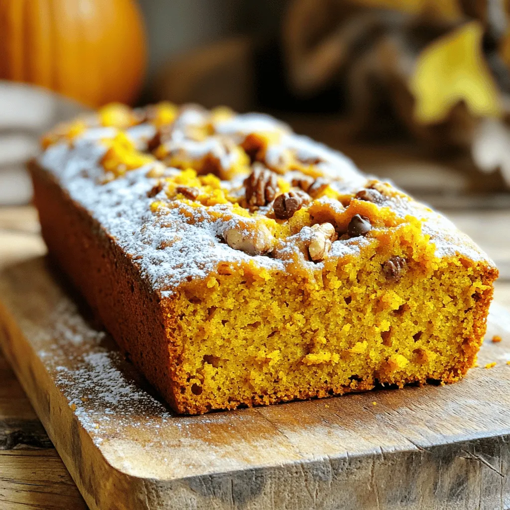 - 1 cup canned pumpkin puree - 1 cup instant vanilla pudding mix - 1/2 cup vegetable oil - 3/4 cup granulated sugar - 2 large eggs, at room temperature - 1 teaspoon pure vanilla extract - 1 1/2 cups all-purpose flour - 1 teaspoon baking soda - 1 teaspoon baking powder - 1 teaspoon ground cinnamon - 1/2 teaspoon ground nutmeg - 1/4 teaspoon salt - 1/2 cup chopped walnuts (optional) - 1/2 cup semi-sweet chocolate chips (optional) To make Vanilla Pudding Pumpkin Bread, you need these simple ingredients. Each one plays a key role. The canned pumpkin gives moisture and flavor. The instant vanilla pudding mix adds sweetness and creaminess. The vegetable oil keeps the bread tender. Sugar adds sweetness, while eggs help with structure. Pure vanilla extract enhances the flavor. All-purpose flour is the base that holds everything together. Baking soda and baking powder help the bread rise. Ground cinnamon and nutmeg add warm spice. Salt balances the sweetness. Optional walnuts give crunch. Semi-sweet chocolate chips add a sweet surprise. Gather all these ingredients before you start cooking. It makes the process easier. You can find the full recipe above for more detailed steps. - Preheat your oven to 350°F (175°C). - Grease and flour the loaf pan to prevent sticking. - Combine the pumpkin puree, vanilla pudding mix, oil, sugar, eggs, and vanilla. - Beat until smooth for 2-3 minutes. - Sift together flour, baking soda, baking powder, cinnamon, nutmeg, and salt. - Gradually mix with the wet ingredients until just combined. - Fold in optional walnuts and chocolate chips. - Pour batter into the prepared pan and smooth the top. - Bake for 55-60 minutes until a toothpick comes out clean. - Allow cooling in the pan for 10 minutes. - Transfer to a wire rack to cool completely. This is where the magic happens. The blend of pumpkin and vanilla pudding makes this bread moist and tasty. For the full recipe, follow the steps above, and trust me, you will love the results! - Avoid overmixing the batter to keep the bread light. - Use room temperature ingredients for better blending. To get a fluffy texture, mix just until combined. Overmixing will make your bread dense. It’s like magic—keep it light and airy. Also, let your eggs and pumpkin sit out for about 30 minutes. This helps everything blend better. - Experiment with spices like ginger or allspice for added flavor. - Consider adding a cream cheese swirl for a delightful twist. Adding spices can change the whole vibe of your bread. A little ginger or allspice gives it warmth. For a fun twist, try swirling in cream cheese. It adds richness and a nice contrast to the pumpkin flavor. - Dust with powdered sugar for an elegant finish. - Drizzle with vanilla glaze for added sweetness. Making your bread look great is easy! A light dusting of powdered sugar can make it pop. If you want to go all out, drizzle a vanilla glaze on top. This adds a sweet touch and makes it look fancy. For the full recipe, check out the earlier section. {{image_4}} You can change the nuts in this recipe. Instead of walnuts, try pecans or almonds. These nuts add their own unique flavor and crunch. If you prefer a nut-free bread, just leave the nuts out. The bread will still taste great without them. For a fun chocolate twist, swap semi-sweet chocolate chips with white chocolate or butterscotch. Each option gives a different taste. You can also create a chocolate swirl. Just mix some cocoa powder into part of the batter. This gives the bread a nice, rich flavor. Want a healthier version? Use whole wheat flour instead of all-purpose flour. This adds fiber and nutrients. You can also swap sugar with a natural sweetener. Honey or maple syrup works well here. These changes make the bread lighter and a bit healthier without losing flavor. You can find the Full Recipe above for more details. To keep your Vanilla Pudding Pumpkin Bread fresh, store it in an airtight container. It lasts at room temperature for up to 3 days. If you want it to last longer, refrigerate it. This way, it can stay fresh for up to a week. If you have extra bread, wrap the loaf tightly. Use plastic wrap first, then cover it with aluminum foil. This helps to keep it fresh. You can freeze it for up to 3 months. For the best quality, eat it within this time. To enjoy your frozen bread, thaw it overnight in the fridge. This makes sure it stays moist. Once thawed, warm slices in the microwave for a few seconds. This gives you that fresh-out-of-the-oven taste! Follow the detailed recipe provided above for step-by-step guidance. This recipe gives you all the tools you need to create a moist and flavorful bread. Yes, just make sure to puree and adequately measure the fresh pumpkin. Fresh pumpkin can add a nice flavor and texture. It may take a bit more work, but it’s worth it. Insert a toothpick in the center; it should come out clean or with a few moist crumbs. This simple test will help you avoid overbaking. Yes, use a gluten-free all-purpose flour blend for substitution. This way, those with gluten sensitivities can enjoy this tasty treat too. Pair with whipped cream, ice cream, or a simple vanilla glaze for added flavor. Each option enhances the bread's taste and makes it even more delightful. You now have a simple and tasty recipe for Vanilla Pudding Pumpkin Bread. We covered the key ingredients, tools, and step-by-step instructions. The tips and variations will help you make it your own. Remember, using fresh ingredients leads to the best flavor. Store your bread properly to keep it fresh longer. Enjoy this delicious treat with your favorite toppings. Happy baking!