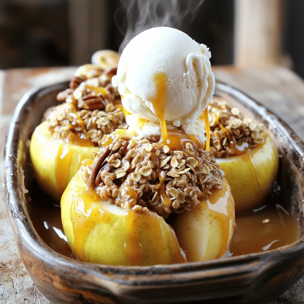 - 4 medium-sized apples (Granny Smith or Honeycrisp recommended) - 1 cup rolled oats - ½ cup packed brown sugar - 1 teaspoon ground cinnamon - ¼ teaspoon ground nutmeg - A pinch of salt - ¼ cup all-purpose flour - ½ cup unsalted butter, melted - ½ cup chopped pecans or walnuts (optional) When choosing apples, I love using Granny Smith or Honeycrisp. They bring the right balance of tartness. The oats and brown sugar create a rich base for the filling. The spices like cinnamon and nutmeg add warmth and depth to each bite. For the topping, the melted butter combines with flour and nuts, giving it a crunchy texture. You can skip the nuts if you want a simpler version. I often prepare this recipe with kids, who love to help fill the apples. If you want to make it even more special, serve the baked apples with vanilla ice cream or whipped cream on the side. This adds creaminess that pairs well with the crisp. For the full recipe, check the detailed guide above. - Preheat the oven to 350°F (175°C). - Core the apples without cutting through the bottoms. This keeps the juice inside. Use a corer or a knife. Be careful not to cut too deep. Set the cored apples aside. - Combine oats, brown sugar, cinnamon, nutmeg, flour, and salt in a bowl. - Mix in melted butter and vanilla extract. Stir until it looks crumbly. If you want a crunch, add chopped pecans or walnuts here. - Fill each apple with the oat mixture. Press it down gently. This makes sure the filling stays in. - Add about ¼ cup of water to the baking dish. This helps steam the apples. Cover the dish tightly with foil. - Bake for 25 minutes covered. After that, remove the foil. Bake for another 15-20 minutes. The apples should feel tender, and the topping should be golden brown. These steps make a simple yet delicious dessert. Enjoy the warm, sweet goodness of your baked apples! For the complete recipe, check out the Full Recipe. For the best apple crisp baked apples, I often use Granny Smith or Honeycrisp apples. These types have a nice mix of sweet and tart flavors. They hold their shape well when baked, too. You want apples that are firm, not soft. Soft apples can turn mushy and ruin the dish. To make your baked apples special, consider adding spices. You can use nutmeg or allspice for extra warmth. You might also add raisins or cranberries for a pop of color and sweetness. I sometimes mix in a bit of orange zest for a fresh taste. This tiny tweak can really brighten the dish. The topping is key to a great apple crisp. Use rolled oats for a chewy texture and add a bit of flour for binding. To get that perfect crunch, make sure to mix in melted butter well. For added crunch, toss in chopped nuts. I like pecans or walnuts. Bake until golden brown. This gives you that delightful crunch that everyone loves. For the complete recipe, check out the Full Recipe. {{image_4}} You can switch up the nuts or fruits in your baked apples. Try adding almonds or hazelnuts for a new crunch. You can also mix in dried cranberries or raisins for a sweet touch. Each choice adds a unique flavor twist to your dish. Experiment with your favorite nuts to find the best combo. Want to make this dish gluten-free? Swap the all-purpose flour for almond flour or a gluten-free blend. For a vegan version, replace the butter with coconut oil and use maple syrup instead of brown sugar. You can also find vegan ice cream to serve on top. These changes let everyone enjoy this treat without worry. To make your dessert even better, serve it with a scoop of vanilla ice cream. The warm apples and cold ice cream mix perfectly. You can also add a drizzle of caramel sauce for extra sweetness. If you want a bit of spice, sprinkle more cinnamon on top. These ideas create a complete dessert experience that will impress your guests. You can find the full recipe for this delightful treat in the earlier sections. To keep your apple crisp baked apples fresh, place them in an airtight container. Store them in the fridge. They will stay good for about 3 to 4 days. When you want to enjoy them again, simply reheat in the oven. Preheat the oven to 350°F (175°C). Bake for about 10 minutes until warmed through. This keeps the topping crispy and delicious. You can freeze these baked apples for later enjoyment. Let them cool completely before freezing. Wrap each apple in plastic wrap, then place them in a freezer-safe bag. They can last up to 3 months in the freezer. When ready to eat, thaw them in the fridge overnight. Reheat them in the oven at 350°F (175°C) for about 15-20 minutes. In the fridge, expect your apple crisp baked apples to last 3 to 4 days. In the freezer, they can stay fresh for up to 3 months. Always check for signs of spoilage before consuming. Enjoy the tasty flavors at their best! Yes, you can prepare these baked apples in advance. Core the apples and mix the filling a day ahead. Keep them in the fridge until you’re ready to bake. This saves time and keeps the flavors fresh. Just remember to add a little water to the baking dish before baking. You can get creative with toppings! Instead of nuts, try using shredded coconut or sunflower seeds. You can also add a swirl of caramel sauce for extra sweetness. If you like chocolate, sprinkle some mini chocolate chips on top. Each option adds a fun twist to your baked apples. The apples are done when they are soft to the touch. You can poke them gently with a fork. The topping should be golden brown and crisp. If the apples feel firm, give them more time in the oven. Trust your senses for the best results! For a detailed recipe guide, visit [Full Recipe]. These baked apples are delicious and easy to make. We covered key ingredients, step-by-step instructions, and helpful tips to ensure success. You learned about variations, storage, and common questions. Now it's time for you to try this tasty treat. Enjoy every bite as warm flavors fill your home. Happy baking!