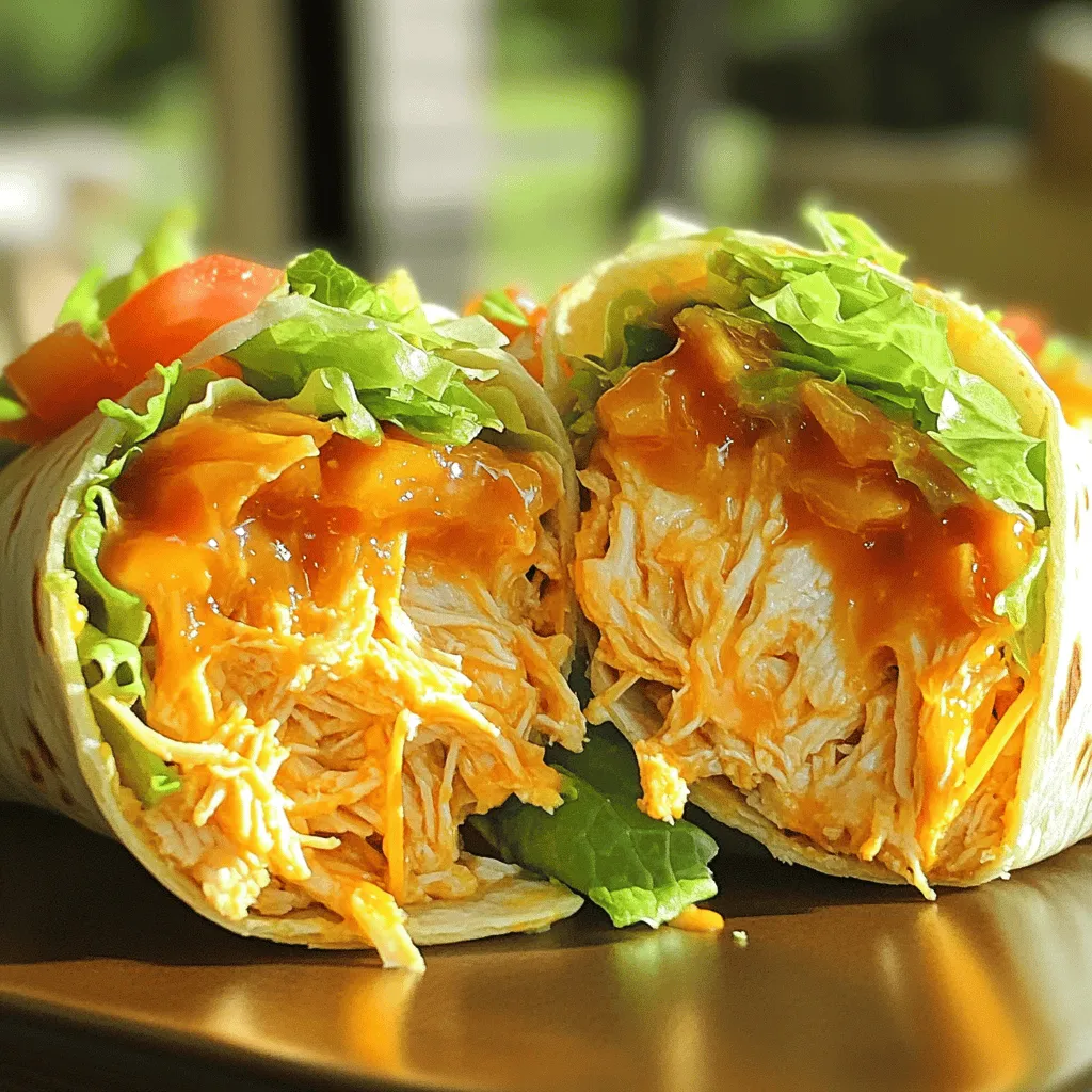 - Mixing the buffalo chicken: Start by placing 2 cups of shredded chicken in a bowl. Add 1/2 cup of spicy buffalo sauce. Stir well until the chicken is fully coated in the sauce. This mix gives your wrap that bold flavor everyone loves. - Preparing the cream cheese: In another bowl, take 1/2 cup of softened cream cheese. Use a fork to smooth it out. Add a pinch of salt and some cracked pepper. Mix until it’s creamy and well blended. This adds a nice, rich layer to your wrap. - Spreading cream cheese on tortillas: Lay out 4 large flour tortillas on a clean surface. Use a spoon to spread a generous tablespoon of the cream cheese mixture in the center of each tortilla. Leave some space at the edges for easy rolling. - Adding buffalo chicken and toppings: Spoon the buffalo chicken mixture over the cream cheese on each tortilla. Make sure to divide it evenly. Top it with a handful of shredded lettuce, some diced tomatoes, and a sprinkle of shredded cheddar cheese for extra flavor. - Rolling the wrap securely: Now, fold the sides of the tortilla inward. Then, roll it tightly from the bottom up. Keep it snug to hold all the tasty filling inside. - Heating the skillet: Heat 1 tablespoon of extra virgin olive oil in a skillet over medium heat. Wait until it’s hot before adding the wraps. - Cooking instructions for crispiness: Place the wraps seam-side down in the pan. Cook for about 2-3 minutes on each side. You want them to turn golden brown and crispy. Once done, take them out of the skillet. Let them cool for a minute before slicing them in half. This makes them easy to eat. For the full recipe, check out the detailed instructions. Enjoy your tasty buffalo chicken wraps! - Ensuring even cooking: Preheat your skillet before adding the wraps. This step helps them get crispy all over. Flip them gently to avoid tearing. Cook each side for about 2-3 minutes until golden brown. - Adjusting spice levels: If you prefer less heat, mix in a little cream cheese with the buffalo sauce. This will tone down the spice. You can also use mild buffalo sauce for a gentler flavor. - Serving suggestions: Serve your wraps with extra buffalo sauce for dipping. A side salad with fresh greens adds a nice crunch. You might even try pairing it with carrot and celery sticks for a classic touch. - Best practices for storage: Place any leftovers in an airtight container. Keep them in the fridge for up to three days. Make sure to separate the sauce to keep the wraps from getting soggy. - Reheating tips for optimal taste: Reheat in a skillet over medium heat for a few minutes. This method keeps the wraps crisp. You can also use a microwave but be careful; it may make them soft. {{image_4}} You can change the flavor of your wrap by switching the sauce. One tasty option is BBQ sauce. It gives a sweet and smoky flavor. You can mix it with the buffalo sauce for a fun twist. This combo makes the chicken even more exciting. Another option is to use ranch dressing. It adds a creamy, herby taste. Just spread it over the cream cheese for a great layer of flavor. You can also mix ranch with buffalo sauce. This gives you a nice blend of spicy and cool. If you want a healthier wrap, try using whole wheat tortillas. They are full of fiber and nutrients. This change makes your meal more filling and good for you. You can also swap cream cheese for Greek yogurt. Greek yogurt has less fat and more protein. It adds a nice tangy flavor while keeping the wrap creamy. You can mix it with some spices to add more taste. Explore these variations to make your easy buffalo chicken wrap fit your taste and health goals. For the full recipe, check out the Buffalo Bliss Chicken Wraps! Each serving of your Easy Buffalo Chicken Wrap has about 350 calories. The macro breakdown is as follows: - Protein: 28 grams - Carbohydrates: 28 grams - Fat: 16 grams This wrap packs a punch with protein from the chicken and cream cheese. The carbohydrates come mainly from the tortillas, making this a filling meal. Common allergens in this recipe include: - Chicken - Dairy (cream cheese and cheese) - Wheat (tortillas) If you need substitutions, consider using: - Dairy-free cream cheese for a lactose-free option - Gluten-free tortillas for a wheat-free meal - Lean turkey or tofu instead of chicken These swaps can help you enjoy the wrap while avoiding allergens. To add heat to your buffalo chicken wrap, use these tips: - Add extra buffalo sauce. - Mix in some diced jalapeños. - Use a spicier sauce, like habanero. - Sprinkle cayenne pepper into the chicken mix. These options will make your wrap fiery and full of flavor. You can adjust the heat level to your taste. Always start with a little and add more if needed. Yes, rotisserie chicken is a great choice! Here are some benefits: - It saves time since it’s already cooked. - It adds rich flavor without extra work. - You can use any leftover chicken for this wrap. Using rotisserie chicken makes this meal quick and easy. Just shred the chicken and mix it with buffalo sauce. It’s a smart shortcut! Pair these wraps with tasty sides for a complete meal: - Celery sticks with ranch dressing. - A fresh green salad. - Sweet potato fries. - Chips and salsa. These sides complement the spicy wrap well. They add crunch and freshness, making your meal even better. For a fuller experience, try the full recipe! You learned how to make a tasty buffalo chicken wrap. We covered simple steps from mixing the chicken to cooking the wrap until crispy. You can adjust spice levels and try different sauces too. Storing leftovers is easy, and reheating keeps the taste fresh. With these tips and tricks, you can enjoy wraps any time. Make it your own with fun add-ins and variations. Happy cooking!