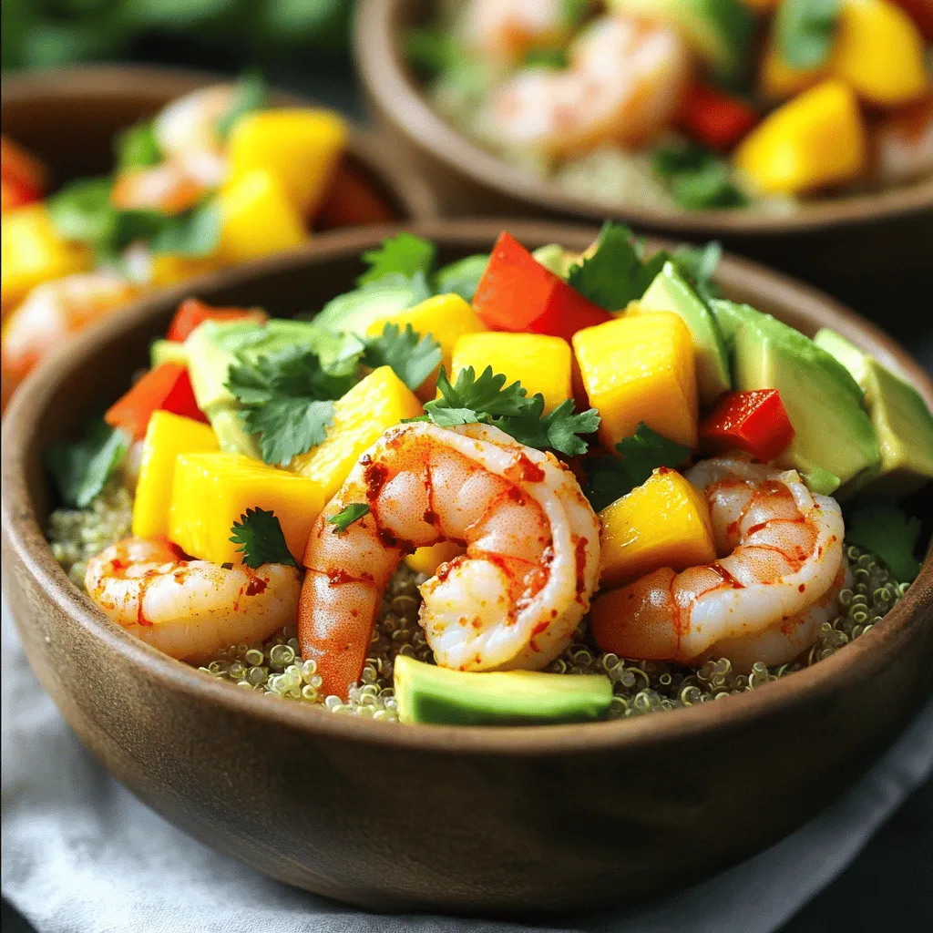 - 1 pound large shrimp, peeled and deveined - 1 ripe mango, diced - 2 ripe avocados, diced - 1 cup quinoa, rinsed and cooked - 1 red bell pepper, diced - 1 small red onion, finely chopped - 2 tablespoons fresh lime juice - 2 tablespoons extra virgin olive oil - 1 teaspoon honey for sweetness - 1 teaspoon chili powder and seasoning - Fresh cilantro for garnish When I make Shrimp Avocado Mango Bowls, I focus on fresh, vibrant flavors. The main ingredients are key to the dish's success. Large shrimp bring a sweet, juicy taste. Ripe mango adds a tropical flair. Ripe avocados lend a creamy texture. Quinoa acts as a hearty base. For added crunch and color, I always include red bell pepper and red onion. These ingredients not only look good but also taste great. A drizzle of fresh lime juice adds tang, while extra virgin olive oil enriches the mix. If you want to enhance the sweetness, honey works well. A little chili powder can spice things up. Fresh cilantro is a lovely garnish that adds a pop of color and flavor. Gathering these ingredients makes the cooking process enjoyable. Each item plays its part in this colorful, fresh bowl. To see the full details, refer to the Full Recipe. First, grab a medium bowl. Add your peeled and deveined shrimp. Pour in some olive oil. Sprinkle chili powder, salt, and pepper over the top. Toss the shrimp until they are well coated. Let them sit for about 15 minutes. This helps the shrimp soak in the flavors. Next, take 1 cup of quinoa. Rinse it under cold water. This step removes any bitterness. Then, cook the quinoa according to the package instructions. Usually, this takes about 15 minutes in boiling water. It should be fluffy and the grains clear. Now, heat a skillet over medium-high heat. When the skillet is hot, add the marinated shrimp. Cook each side for about 2-3 minutes. The shrimp will turn pink and opaque when done. Remove them from the skillet and set aside. While the shrimp cooks, chop your mango, avocados, and red bell pepper. Aim for bite-sized pieces. In a large bowl, mix the diced mango, avocado, red bell pepper, and finely chopped red onion. Drizzle fresh lime juice over the mix and toss gently. Start with a generous layer of cooked quinoa in each bowl. Place the sautéed shrimp on top. Then, add the colorful mix of mango, avocado, and red bell pepper. This layering creates a beautiful bowl. If you like a bit of sweetness, drizzle honey over your bowl. Finally, finish with freshly chopped cilantro. It adds a burst of flavor and a nice touch of green. For the full recipe, check out the details above. - To avoid overcooking shrimp, cook them until they turn pink. - They only need 2-3 minutes on each side. - If you prefer, grill or bake them for a smoky flavor. - Rinse quinoa well to remove its bitter coating. - Cook it in broth for added taste instead of water. - For fluffy quinoa, let it steam off heat for a few minutes. - Use clear or colorful bowls to show off the vibrant layers. - Create a rainbow effect with the shrimp, mango, and avocado. - Serve with lime wedges for a fresh burst of flavor. Remember to check out the Full Recipe for detailed steps. Enjoy your cooking journey! {{image_4}} You can switch up the shrimp for other seafood. Scallops or crab work great. If you prefer a non-seafood option, try grilled chicken or tofu. For the base, quinoa is a favorite, but brown rice or farro can add a nice twist. They both bring unique flavors and textures. To change the taste, try different dressings. A light vinaigrette or a creamy avocado dressing can add zest. You can also add spicy or sweet elements. A sprinkle of hot sauce or diced jalapeños gives it a kick. For sweetness, consider adding mango salsa or a drizzle of honey. If you want a vegan or vegetarian bowl, skip the shrimp. Use chickpeas or lentils instead for protein. For gluten-free options, quinoa is already gluten-free, but always check labels when using other grains. This ensures your meal stays friendly for all diets. To keep your shrimp avocado mango bowls fresh, store them in airtight containers. Glass containers work best. They help prevent odors and keep food fresh. You can keep them in the fridge for up to three days. After that, the shrimp may lose its taste. When reheating shrimp, avoid the microwave if you can. Instead, use a skillet on low heat. This method helps keep the shrimp tender and juicy. Stir gently to avoid overcooking. If you must use a microwave, warm it in short bursts. Check every 30 seconds to keep it from becoming rubbery. For quick meals, chop your mango, avocado, and bell pepper in advance. Store them in separate containers. You can also cook quinoa ahead and refrigerate it. This way, you can assemble fresh bowls in minutes. Just mix the prepared ingredients and top with shrimp. Enjoy a tasty bowl anytime! To keep avocado fresh, use a few simple tips. First, add lime juice to the diced avocado. The acid in lime juice slows down browning. Second, store the avocado tightly covered. Use plastic wrap or an airtight container. Lastly, keep the pit in if you have leftover avocado. This can help slow oxidation. Yes, you can prepare shrimp avocado mango bowls in advance. Cook the quinoa and shrimp in advance. Store them in separate containers in the fridge. Chop the mango and avocado just before serving. This keeps them fresh and bright. You can also mix the veggies ahead but add lime juice right before serving. If you want to change the base, try brown rice or farro. Both have a nice texture and flavor. You can also use cauliflower rice for a low-carb option. Each substitute adds different nutrients, so feel free to mix and match. Yes, these bowls are packed with nutrients. Shrimp is a great source of protein and low in calories. Avocado offers healthy fats and fiber. Mango adds vitamins, like A and C. Quinoa provides complex carbs and more fiber. Together, they make a balanced meal that supports your health. In this post, we covered the key ingredients for shrimp avocado mango bowls, step-by-step cooking methods, and tips for success. You learned to prepare flavorful shrimp, fluffy quinoa, and vibrant veggies. Also, we looked at storage and meal prep ideas. These bowls are healthy and customizable, perfect for any meal. Enjoy creating your own delicious variations at home!