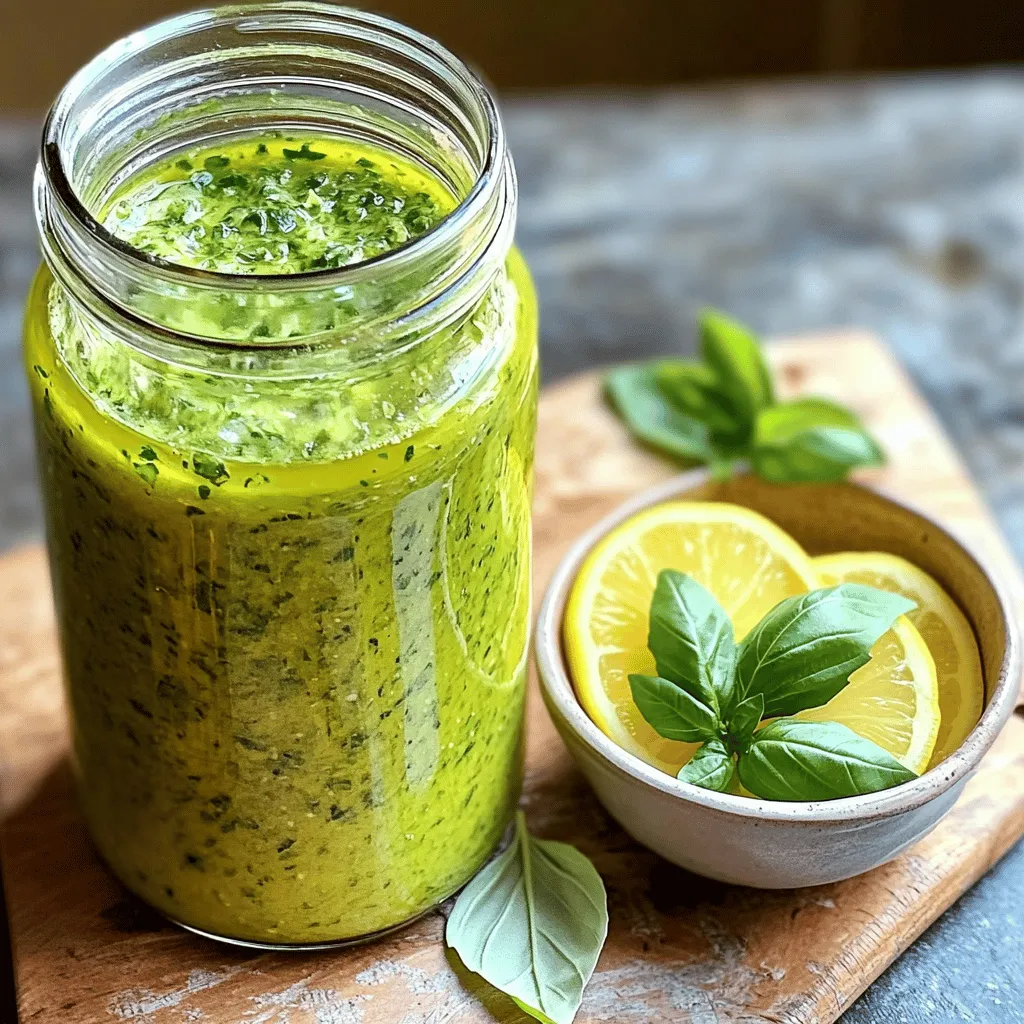 Fresh basil is the star of this vinaigrette. It gives a bright, fresh taste. You need one cup of tightly packed basil leaves. Look for deep green leaves that smell fragrant. Avoid any yellow or wilted leaves. Rinse them well under cold water to remove dirt. Then, dry them gently with a towel. Extra virgin olive oil is key for a rich flavor. You’ll need half a cup for this recipe. The oil adds a smooth texture and balances the acidity of lemon. Choose a high-quality oil for the best results. Look for one with a fruity taste that complements the basil. You'll need some more simple ingredients to bring out the flavor: - 1/4 cup freshly squeezed lemon juice - 2 tablespoons honey or maple syrup (for a vegan option) - 1 teaspoon Dijon mustard - 1 clove garlic, finely minced - Salt and freshly ground black pepper, to taste The lemon juice adds a zesty kick. Honey or maple syrup sweetens the vinaigrette, balancing the tartness. Dijon mustard gives it a touch of creaminess and depth. Garlic adds a nice punch, making the flavor pop. Finally, season with salt and pepper to taste. For the complete recipe, you can check out the Full Recipe. First, rinse your fresh basil leaves under cold running water. This step helps remove dust and dirt. After rinsing, gently pat them dry using a clean paper towel. This keeps the leaves fresh and ready for blending. Now, grab your food processor or high-speed blender. Add the packed basil leaves, fresh lemon juice, honey or maple syrup, Dijon mustard, and the minced garlic clove. These ingredients work together to create a bright and zesty flavor. Pulse the mixture a few times until the basil is finely chopped. Then, while blending, slowly drizzle in the olive oil. This step forms a creamy and smooth vinaigrette. Pause to taste your dressing. Add salt and freshly ground black pepper as you like. Blend briefly again to mix in the seasoning. Now your vinaigrette is ready! For the best taste, chill it in the fridge for at least 30 minutes. Enjoy your fresh basil vinaigrette with salads or grilled veggies. For the full recipe, check the instructions above. To make your fresh basil vinaigrette truly shine, focus on the quality of your ingredients. Use fresh basil, as it brings a vibrant flavor. Look for bright green leaves without any brown spots. For the olive oil, choose high-quality extra virgin. It adds depth and richness. Freshly squeezed lemon juice is key. It gives a bright, zesty kick. If you want a hint of sweetness, try honey or maple syrup. You can also add a pinch of red pepper flakes for an exciting twist. Store your vinaigrette in a clean, airtight jar. This keeps it fresh and prevents strong odors from other foods. It’s best to chill it in the fridge. The flavors will meld beautifully. Just remember to shake or stir before use. The vinaigrette may separate, and that’s normal. Use it within one week for the best taste. You can also freeze small portions. Just pour it into ice cube trays. Once frozen, transfer the cubes to a zip-top bag. This way, you can enjoy it later. This vinaigrette pairs well with many dishes. Drizzle it over a garden salad for a refreshing touch. It’s also fantastic on grilled veggies. Try it on roasted potatoes or as a marinade for chicken. You can even use it as a dip for fresh bread. For a fun twist, add it to pasta salads for a burst of flavor. The options are endless! To see the full recipe, check out the [Full Recipe]. {{image_4}} You can change the sweetener in this vinaigrette to suit your taste. Honey adds a nice touch, but you can also use maple syrup. If you want a low-calorie option, try agave nectar or stevia. Each sweetener gives a different flavor, so feel free to experiment. You might find a new favorite! Fresh basil shines in this recipe, but other herbs work too. Try using cilantro for a fresh twist or parsley for a milder flavor. Mint adds a bright note, perfect for summer salads. Mix and match herbs to create your own unique vinaigrette. Each herb brings its own magic to the dish. If you love creamy dressings, I have a tasty option for you. Add a few tablespoons of Greek yogurt or sour cream to the mix. This will give your vinaigrette a rich texture. Blend it well with the other ingredients for a smooth finish. This creamy twist is great on salads or as a dip for veggies. It makes every bite more delightful! For the complete guide, check out the Full Recipe. After making your Fresh Basil Vinaigrette, store it in a clean jar. Seal it tightly to keep air out. Place the jar in the fridge right away. This helps keep the flavors fresh. Your vinaigrette stays good in the fridge for about 5 to 7 days. Over time, the vibrant flavor of the basil may fade. Always check for any off smells or changes in color before using. If it looks or smells odd, it’s best to toss it. You can freeze this vinaigrette if you want to keep it longer. Pour it into ice cube trays for easy use later. Once frozen, pop the cubes into a freezer bag. This way, you can grab a cube or two whenever you need a burst of flavor. Just remember to thaw it in the fridge before use. You can use dried basil, but fresh gives better flavor. Dried herbs lose some taste over time. If you use dried basil, use one-third the amount. So, for one cup of fresh basil, use one-third cup of dried. The taste will be different, but it can still work in a pinch. You can store Fresh Basil Vinaigrette in the fridge for up to one week. Keep it in a clean jar with a tight lid. The flavors meld together as it sits. Just give it a shake before using. If it separates, that’s normal. This vinaigrette adds a bright taste to many dishes. It works great on salads, especially those with mixed greens. Drizzle it over grilled vegetables for a fresh kick. You can also use it as a marinade for chicken or fish. It’s perfect for summer dishes! For the full recipe, check out the details above. In this post, we explored making a fresh basil vinaigrette. We looked at key ingredients, like fresh basil and olive oil. We covered preparation steps for mixing and blending. Useful tips helped enhance flavor and storage methods. Variations offered sweeteners and herb choices. Remember, fresh ingredients make a big difference. Enjoy your vinaigrette on salads, pasta, and more. It's a simple way to add flavor to your meals. Get creative and have fun in the kitchen!