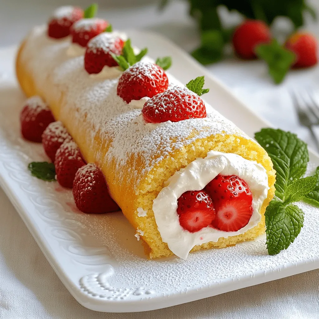 - 4 large eggs - 1 cup granulated sugar - 1 teaspoon vanilla extract - 1 cup all-purpose flour - 1 teaspoon baking powder - 1/4 teaspoon salt - 1/4 cup milk - 1 cup heavy cream - 2 tablespoons powdered sugar - 1 cup fresh strawberries, sliced - 1 tablespoon lemon juice - Fresh mint leaves (for garnish, optional) To make an airy strawberry roll cake, you need fresh, quality ingredients. The eggs act as the base for your cake. They provide structure and moisture. Granulated sugar adds sweetness and helps with the cake's fluffiness. Vanilla extract gives it a lovely aroma and flavor. Using all-purpose flour and baking powder helps the cake rise. The salt enhances all the flavors while adding balance. Milk adds moisture and lightness to the batter. Heavy cream is essential for the whipped cream filling. It makes the cream rich and thick. Fresh strawberries are key for flavor. They add a burst of freshness and sweetness. Lemon juice brightens the taste of the strawberries. Lastly, mint leaves are optional but add a nice touch for presentation. This list of ingredients works together to create a cake that is both light and delicious. You can find the Full Recipe for more detailed cooking steps. - Preheat your oven to 350°F (175°C). Prepare a 15x10 inch jelly roll pan with parchment paper and a light greasing. - In a large bowl, crack 4 large eggs. Add 1 cup granulated sugar. Beat this mixture on high speed for 5-7 minutes. You want it light and fluffy. - In another bowl, mix 1 cup all-purpose flour, 1 teaspoon baking powder, and 1/4 teaspoon salt. Gently fold this dry mix into the egg mixture. Be careful not to deflate it. - Pour the batter into the prepared pan. Spread it evenly, reaching all the edges. - Place the pan in the oven. Bake for 12-15 minutes. The cake should be a light golden color. Insert a toothpick in the center; it should come out clean. - Dust a clean kitchen towel with powdered sugar. Once the cake is baked, invert it onto the towel. Carefully peel off the parchment paper. - Roll the cake tightly in the towel from one short end. This helps it keep its shape while cooling. - To make the whipped cream, beat 1 cup heavy cream with 2 tablespoons powdered sugar in a bowl until stiff peaks form. Set aside. - In a small bowl, combine 1 cup sliced strawberries with 1 tablespoon lemon juice. Toss gently and let them sit for about 10 minutes. This enhances their sweetness. - Once cooled, carefully unroll the cake. Spread the whipped cream over the cake, leaving a small border. Top with the macerated strawberries. - Start rolling the cake up from one end, this time without the towel. Place it seam-side down on a serving platter. - For a lovely finish, dust the top with powdered sugar and add fresh mint leaves for garnish. This cake is a light and fluffy delight, perfect for any occasion. For the complete recipe, check out the Full Recipe. To make your strawberry roll cake light and fluffy, use proper folding techniques. Folding helps keep air in the batter. This air creates a nice, airy texture. When you mix the dry ingredients with the egg mixture, do it gently. Avoid over-mixing, as this can cause the batter to deflate. The ideal baking time is crucial too. Set your oven to 350°F (175°C). Bake the cake for about 12-15 minutes. Look for a light golden color. A toothpick inserted in the center should come out clean. This means the cake is ready to come out. Garnishing the cake can make it even more special. Use fresh strawberries and mint leaves for a bright touch. Slice the strawberries and spread them on top after adding the cream. The green mint adds a nice color contrast. Another simple idea is to dust the top with powdered sugar. This adds a sweet finish and looks pretty. Just sprinkle it lightly to avoid clumping. These small touches can turn your cake into a stunning centerpiece. For the full recipe, check out the details! {{image_4}} You can easily change the flavor of your airy strawberry roll cake. - Adding cocoa powder for a chocolate twist: Simply mix in a few tablespoons of cocoa powder with your dry ingredients. This gives a rich chocolate flavor to your cake. It pairs well with whipped cream and strawberries. - Using different fruits like blueberries or raspberries: Swap out strawberries for blueberries or raspberries. Both work great and add a nice color and taste to the cake. Just make sure to adjust the sugar for sweeter fruits. If you want to try something different with the filling, consider these options: - Mascarpone cheese alternative: Use mascarpone cheese instead of whipped cream. It gives a creamy texture that is rich and smooth. Just mix it with a bit of sugar to sweeten it. - Infusing flavors like almond or lemon in whipped cream: You can add almond extract or lemon zest to your whipped cream. This adds a lovely aroma and flavor that makes the cake even more special. Explore these variations to make your airy strawberry roll cake unique. For the full recipe, check the detailed steps provided earlier. To keep your cake fresh, store it in the fridge. Wrap it tightly in plastic wrap or place it in an airtight container. This way, it stays moist and delicious. You can store it for up to three days. If you want to keep it longer, freezing is a great option. Slice the cake first, and wrap each piece in plastic wrap. Then, place the slices in a freezer-safe bag or container. This method helps to save space and makes it easy to grab a slice later. In the fridge, your strawberry roll cake lasts about three days. After that, it may start to lose its taste and texture. Check for any off smells or visible mold. If you see these signs, it’s best to discard the cake. Always trust your senses. If it looks or smells bad, it’s not safe to eat. Enjoy your cake while it’s fresh for the best flavor and texture! One mistake is overmixing the batter. This can make the cake dense. Always fold gently to keep it airy. Another issue is not preparing the towel. Dusting it with sugar helps the cake not stick. Lastly, do not skip cooling the cake while rolled. This helps it keep its shape. Yes, you can! Make the cake a day before serving. Just wrap it in plastic wrap after it cools. Store it in the fridge. The flavors will blend nicely overnight. Just add the whipped cream and strawberries before serving for freshness. Check the color and texture. The cake should be light golden brown. A toothpick inserted in the center should come out clean. If it’s wet, it needs more time. Keep an eye on the cake during the last minutes of baking. Absolutely! Use a gluten-free flour blend instead of all-purpose flour. Make sure it has a good mix of starch and protein. This will help maintain the cake’s texture. Adjust the baking time as needed, since gluten-free flours can vary. If your cake breaks, don’t panic! You can still fix it. Just patch the break with whipped cream. Roll it tightly and cover the break with more cream and strawberries. This makes it look beautiful and hides any flaws. The airy strawberry roll cake is easy and fun to make. We reviewed the ingredients, steps, and tips for a perfect result. Use fresh strawberries and cream for the best flavor. Feel free to try different fruits or flavors. Store leftovers correctly to keep them fresh. This cake is sure to impress at any gathering. Enjoy making and sharing this delicious treat!