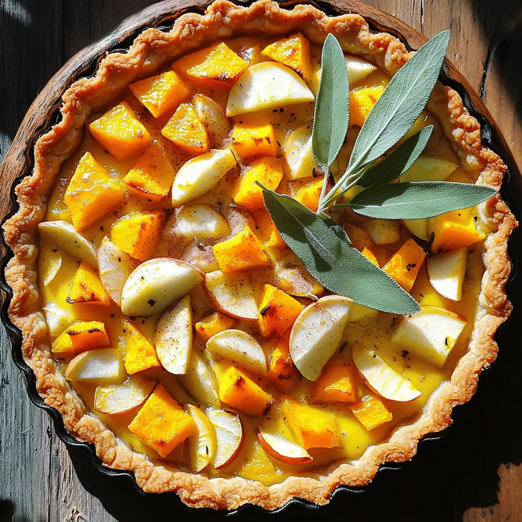 - 1 pre-made pie crust - 2 cups butternut squash, peeled and diced - 1 cup apple, peeled and diced - ½ cup yellow onion, finely chopped - 2 tablespoons extra virgin olive oil - 1 tablespoon pure maple syrup - 1 teaspoon ground cinnamon - ½ teaspoon ground nutmeg - ½ teaspoon sea salt - ¼ teaspoon black pepper - 3 large eggs - 1 cup heavy cream - Fresh sage leaves, for garnish Each ingredient plays a key role in building flavor and texture. The butternut squash brings sweetness, while the apple adds tang. The onion offers a savory touch. Olive oil ensures a smooth roast, and maple syrup enhances the natural sweetness. Spices like cinnamon and nutmeg create that warm, cozy vibe we love in fall. The eggs and cream form a rich custard that binds everything together. - Fresh sage leaves - Crème fraîche - Vanilla ice cream Garnishing with fresh sage gives a lovely aroma and a burst of color. A dollop of crème fraîche adds richness and tang. For a delightful twist, serve with a scoop of vanilla ice cream. This contrast of warm and cold makes each bite special. - Instead of butternut squash, try sweet potatoes or pumpkin. - Use any tart apple like Fuji or Braeburn if Granny Smith isn’t available. - You can swap heavy cream for half and half for a lighter option. - For a dairy-free version, use coconut cream and a plant-based pie crust. These substitutions keep the spirit of the dish while catering to your pantry or diet needs. Enjoy experimenting with what you have on hand! First, you need to preheat your oven. Set it to 400°F (200°C). This heat helps roast the vegetables perfectly. Next, take your pie crust. If you use a store-bought one, make sure it fits your pie dish well. If you're making it from scratch, roll it out to a nice thin layer. Place it in the dish, pressing gently to fit. Trim any excess crust hanging over the edges. Now, it’s time to roast those veggies. In a large bowl, mix the butternut squash, apple, and onion. Drizzle this mix with olive oil and maple syrup. Add cinnamon, nutmeg, salt, and pepper. Toss everything well to coat each piece. Spread this mixture on a baking sheet lined with parchment paper. Roast for 20 to 25 minutes. Stir halfway through to ensure even cooking. The squash should be fork-tender when done. While the vegetables roast, get ready to make the custard. In a medium bowl, whisk the eggs and heavy cream together. Mix until smooth. As you whisk, add a little more salt and pepper to taste. This custard will bind the tart and add richness. Once the vegetables are roasted and cooled slightly, it’s time to assemble. Spoon the vegetable mixture into the pie crust. Pour the egg and cream mix over the top. For the full recipe, you can look up the Cozy Autumn Harvest Tart 🥧. Now, bake your tart at 375°F (190°C) for about 30 to 35 minutes. The custard should be set and the top golden brown. After baking, let the tart cool for ten minutes before slicing. Serve warm and enjoy your cozy fall creation! To make the best tart crust, start with a cold pie crust. If you use a store-bought crust, let it sit in the fridge for a bit. A cold crust helps keep the shape while baking. If you like homemade crust, use chilled butter and cold water. This keeps your crust flaky. When rolling it out, aim for an even thickness. Press it gently into the pan and trim the edges. Don't forget to poke holes in the bottom with a fork. This helps it bake evenly. Roasting your veggies right makes a big difference. Cut the butternut squash and apple into similar sizes. This way, they cook evenly. Spread them out on the baking sheet. If they’re too close, they will steam instead of roast. Stir them halfway through cooking to avoid burning. Use parchment paper for easy cleanup and to prevent sticking. The goal is golden-brown pieces that are tender but not mushy. Store leftover tart in the fridge, wrapped well to keep it fresh. It can last up to three days. When you’re ready to eat again, reheat it in the oven. Set the oven to 350°F (175°C) and heat for about 10-15 minutes. This keeps the crust crispy. You can also microwave slices, but the crust may get soft. For a cozy treat, enjoy it warm with a scoop of ice cream. Explore the full recipe for more details on this cozy autumn harvest tart! {{image_4}} You can swap some ingredients for seasonal options. Try using sweet potatoes instead of butternut squash. They add a nice sweetness and pair well with apples. You can also use pears instead of apples. This adds a unique twist to your tart. If you want a spicy kick, consider adding diced jalapeños or chili flakes for heat. To boost the flavor, add cheese. Feta or goat cheese works great. Just crumble it over the roasted vegetables before you pour in the custard. You can also mix in cooked bacon or sausage for a savory punch. Fresh herbs like thyme or rosemary can deepen the taste. They bring a lovely aroma and warmth, perfect for fall. How you serve the tart can change the meal's vibe. For a cozy feel, slice and serve it on a wooden board. Garnish with fresh herbs to make it look special. Pair each slice with a scoop of creamy yogurt or a small side salad. This adds freshness and balance. You can even serve it in small portions as an appetizer at a gathering. This makes it ideal for sharing. After you enjoy the tart, let it cool down. Place any leftovers in an airtight container. This keeps the tart fresh and safe. You can store it in the fridge for up to three days. If you want to keep it longer, freezing is a great option. To freeze the tart, slice it into pieces. Wrap each slice in plastic wrap. Then, place them in a freezer-safe bag. Label the bag with the date. The tart will stay good for about two months in the freezer. When you're ready to eat, take out a slice and let it thaw in the fridge overnight. Reheat the tart in the oven for the best taste. Preheat your oven to 350°F (175°C). Place the tart on a baking sheet. Heat it for about 15-20 minutes, or until warm. You can also use a microwave if you're short on time. Just be careful not to overheat it, as this can make the crust soggy. Enjoy your Cozy Autumn Harvest Tart again with a fresh taste! Cottagecore is a lifestyle trend that celebrates simple, rustic living. It focuses on nature, comfort, and cozy home cooking. Fall recipes inspired by cottagecore often highlight seasonal ingredients. Think of warm spices, hearty vegetables, and sweet fruits. For example, the Cozy Autumn Harvest Tart uses butternut squash and apple, perfect for this time of year. These flavors create a warm and inviting dish, making it ideal for gatherings or quiet nights at home. Yes, you can make the tart ahead of time! It tastes great when made a day in advance. Bake it, cool it, and store it in the fridge. When you’re ready to serve, just reheat it in the oven. This way, you save time on busy days. It also allows the flavors to meld, enhancing the taste. You have many options for serving with the tart. Here are some ideas: - A fresh green salad with a light vinaigrette. - Creamy crème fraîche or a scoop of vanilla ice cream adds richness. - A warm spiced apple cider complements the flavors well. - For a savory touch, pair it with roasted vegetables or a charcuterie board. Each option balances the tart’s sweetness and adds variety to your meal. This blog post covered everything for a Cozy Autumn Harvest Tart, from key ingredients to tips for success. You learned how to roast the veggies, make the custard, and perfect the crust. We also explored various seasonal options and how to store leftovers. Embrace these ideas to create your tart. With these steps, you can enjoy the warmth of autumn in every bite!