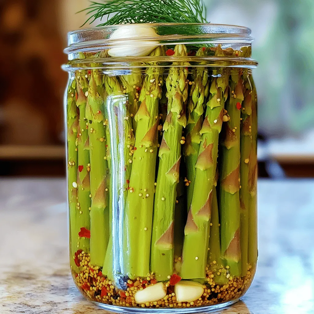 Fresh asparagus is the star of this dish. Start with: - 1 bunch of fresh asparagus - 2 cloves garlic - Fresh dill sprigs (optional for garnish) I always choose a bright green bunch of asparagus. It should feel firm and crisp. The garlic adds a nice punch to the flavor. Use fresh garlic for the best taste. If you want, add fresh dill sprigs. They give an extra layer of flavor and look pretty. The pickling liquid is key. You need: - 1 cup water - 1 cup white vinegar - 1 tablespoon sugar - 1 tablespoon sea salt The mix of water and vinegar creates a tangy brine. The sugar balances the sour taste. Sea salt enhances all the flavors. It’s important to measure these ingredients for the best result. Seasoning makes the pickled asparagus pop! Use: - 1 teaspoon red pepper flakes - 1 teaspoon dill seeds - 1 teaspoon mustard seeds - 1 teaspoon whole black peppercorns Red pepper flakes add heat. You can adjust them based on your spice level. Dill seeds offer a nice herb flavor. Mustard seeds add a slight crunch. Black peppercorns give a warm, spicy touch. These spices create a complex taste that makes the asparagus special. For the full recipe, check out the Zesty Pickled Refrigerator Asparagus section. First, rinse the fresh asparagus under cold water. This removes dirt and dust. Next, trim the tough ends of the stalks. You want them to fit nicely in your jar. When packing the asparagus, stand them up vertically in the jar. Make sure they are snug but not too crowded. Leave a little space at the top for the pickling liquid. This helps the flavors soak in better. To make the brine, combine the water, white vinegar, sugar, and sea salt in a saucepan. Set the heat to medium. Stir the mixture until the sugar and salt dissolve completely. Simmering the brine is key. It helps meld the flavors. This step ensures you get a well-balanced taste in the pickles. Now it's time to pack your jar. Start by adding the smashed garlic cloves at the bottom. Next, layer in the red pepper flakes, dill seeds, mustard seeds, and black peppercorns. These spices add depth to your pickles. Carefully pack the trimmed asparagus in the jar. Once they are in place, pour the hot pickling liquid over them. Make sure every stalk is submerged. If you see air bubbles, gently press down to release them. After pouring the brine, let the jar cool to room temperature. Once cool, secure the lid tightly. Place the jar in the refrigerator. For the best flavor, let the asparagus pickle for at least 24 hours. However, waiting 3 to 5 days will give you even more flavor. When you're ready to eat, enjoy them directly from the jar or serve them in a dish. Add fresh dill sprigs for a nice touch. For the complete recipe, check out the Zesty Pickled Refrigerator Asparagus. To make crunchy pickled asparagus, start with fresh, firm stalks. Look for asparagus that is bright green with tight tips. Avoid any that are limp or wilted. Quick chilling helps too. Once you pack the asparagus in jars, let them cool at room temperature. Then, place them in the fridge right away. This quick chill helps lock in that fresh crunch. You can boost the flavor of your pickled asparagus. Try adding spices like coriander or fennel seeds. Fresh herbs like thyme or basil can also add a nice twist. Adjust the sugar and salt levels to fit your taste. If you prefer a sweeter bite, add a bit more sugar. For a saltier flavor, increase the sea salt. Taste as you go to find your perfect mix. Always sterilize your jars before use. This step helps prevent any unwanted bacteria. Boil them in water for 10 minutes, then let them air dry. Store pickled asparagus in the fridge. They are best enjoyed within 2 to 3 weeks. After that, check for any signs of spoilage before eating. {{image_4}} You can spice up your pickled asparagus by adding some heat. Try adding sliced jalapeños or a touch of hot sauce to your brine. This will give the asparagus a nice kick. Another fun idea is to mix in other pickled veggies. Carrots or radishes can add color and crunch. Just pack them in the jar with your asparagus for a zesty treat. Using fresh herbs can change the game for your pickles. Rosemary, thyme, or even basil can add a great twist. You can also mix herbs for a unique flavor. Try dill with a hint of oregano for something different. These fresh herbs will make your pickles pop with flavor. You can change the sweetness in your pickles by adjusting the sugar. If you like sweet pickles, add more sugar. For a more savory taste, cut back on the sugar. Also, try different vinegars. Apple cider vinegar can add a fruity note, while rice vinegar gives a milder taste. Balancing these flavors is key to your perfect pickled asparagus. To keep your pickled asparagus fresh, set your fridge to around 34°F (1°C). This cold temperature slows down spoilage. Store the jar upright to prevent leaks and ensure the asparagus stays submerged. If you follow these tips, your pickled asparagus can stay fresh for up to two months. Freezing pickled asparagus has both pros and cons. Freezing can extend the life of your pickles, but it changes their texture. They may turn mushy when thawed. Refrigerating is the best way to keep that crunchy bite. If you want to save them, stick to the fridge for flavor and texture. Pickled asparagus has a good shelf life but watch for signs of spoilage. If you see mold, off smells, or changes in color, toss them out. To make your pickles last longer, always use clean utensils when serving. Keep the jar tightly sealed after each use. This helps keep air and bacteria out, ensuring your pickled asparagus stays crisp and tasty. For the full recipe, check out the Zesty Pickled Refrigerator Asparagus. Pickled asparagus can last up to three weeks in the fridge. For the best flavor, enjoy them within two weeks. After a week, they get tastier as they soak in the brine. Just check for any signs of spoilage, like off smells or color changes. Yes, you can reuse the pickling brine! Strain it to remove any solid bits before using it again. You can use it for quick pickling other veggies. Just remember to store the reused brine in the fridge and use it within a week for the best flavor. Serve pickled asparagus as a crunchy snack or as a side dish. They pair well with sandwiches, salads, or cheese boards. You can also chop them up and mix them into pasta or grain dishes for a zesty kick. Try garnishing with fresh dill for an extra touch. For the complete guide to making Zesty Pickled Refrigerator Asparagus, check out the [Full Recipe](#). In this post, we covered how to make delicious pickled asparagus. I shared the key ingredients, from fresh asparagus to spices, and provided step-by-step instructions. You learned tips for crunch and flavor, along with variations for your taste. Remember to store your pickles correctly to enjoy them longer. Making and enjoying pickled asparagus can be simple and fun. With a little practice, you’ll have tasty snacks ready at home. Happy pickling!