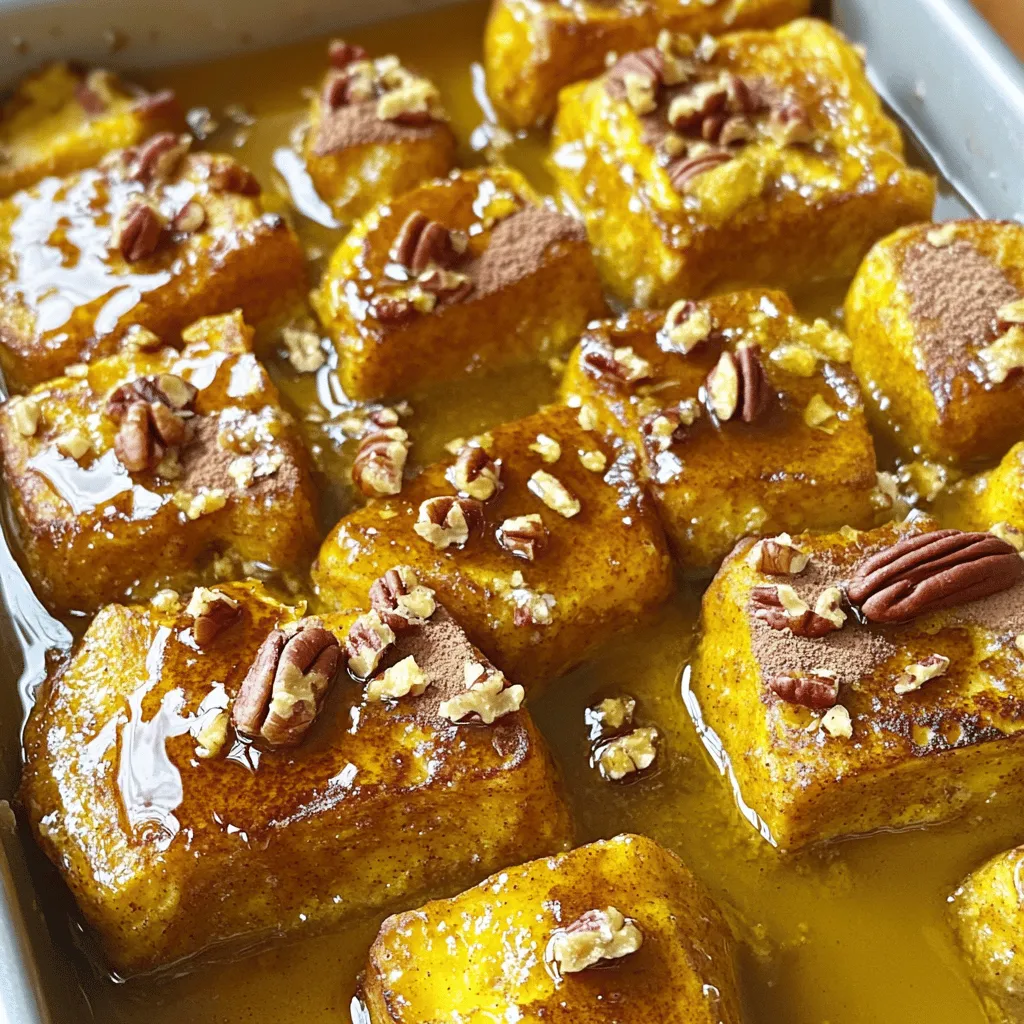 - Frozen or Fresh Pumpkin - Types of Bread Suitable for the Recipe - Recommended Toppings and Add-ins Using pumpkin in this recipe gives it a warm, cozy feel. You can use either frozen or fresh pumpkin. Fresh pumpkin needs some prep, so frozen is a quick option. Just thaw it before use. For bread, I suggest brioche or challah. These breads soak up the pumpkin mixture well. They make each bite soft and sweet. You can also try sourdough or whole wheat for a twist. For toppings, maple syrup is a must. It adds a sweet touch. You can also dust with powdered sugar for a nice look. Nuts like pecans or walnuts add crunch. Add them if you like! This simple list of ingredients makes your Pumpkin French Toast Bake easy to prepare. For the full recipe, check the details above. Enjoy cooking! - Preheating the Oven Start by preheating your oven to 350°F (175°C). This step is key for even cooking. - Mixing the Custard Mixture In a large mixing bowl, mix 1 cup canned pumpkin puree, 4 large eggs, 1 cup milk, and 1/2 cup packed brown sugar. Add 1 teaspoon vanilla extract, 1 teaspoon ground cinnamon, 1/2 teaspoon ground nutmeg, 1/4 teaspoon ground ginger, and a pinch of salt. Whisk until smooth. - Preparing the Baking Dish Grease a 9x13-inch baking dish with cooking spray or softened butter. This helps prevent sticking. - Folding in the Bread Carefully fold in the cubed brioche or challah bread. Ensure each piece is fully coated in the pumpkin mixture. If you like, add 1/2 cup of finely chopped pecans or walnuts. - How to Let the Mixture Soak Let the mixture sit for about 15 minutes at room temperature. This allows the bread to soak up the custard, making it moist and tasty. - Spreading in the Dish Pour the soaked bread and pumpkin mixture into the prepared baking dish. Spread it out evenly for even baking. - Covering with Foil Cover the baking dish tightly with aluminum foil to keep moisture in while it cooks. - Baking Time and Temperature Place the baking dish in the preheated oven. Bake for 30 minutes covered, then remove the foil. Continue baking for an additional 15 to 20 minutes. - Signs of Doneness Check for doneness by seeing if the top is golden brown and the center feels set. Let it cool for 5-10 minutes before serving. Enjoy your delicious Pumpkin French Toast Bake! For the full recipe, follow the link provided. Common Mistakes to Avoid Avoid over-soaking your bread. If you let it sit too long, it may become mushy. Instead, soak it just enough to absorb the custard. Ensure your oven is preheated. This helps the bake cook evenly. Also, don't skip the foil cover. It keeps the moisture in during the first part of baking. Best Practices for Even Cooking Cut your bread into uniform cubes. This ensures that all pieces cook at the same rate. Spread the mixture evenly in the baking dish. This helps every bite be just as tasty. Check for doneness by gently pressing the center. It should feel set, not wobbly. How to Enhance Flavor Profiles For a richer taste, add more spices. A bit of cloves or allspice can give a warm kick. Consider using flavored milk, like almond or oat. It can add a unique twist. Toasting the nuts before adding can also boost their flavor. Don’t forget to taste the mixture before baking. Adjust the sweetness to your liking. Pairing with Breakfast Sides Serve your French toast bake with crispy bacon or sausage for a savory touch. Fresh fruit, like berries or sliced bananas, adds a refreshing balance. You could also serve it with yogurt for creaminess. Recommended Condiments Maple syrup is a must for drizzling. You can also use honey or agave for a different sweetness. Add whipped cream for a fun, decadent topping. A light dusting of powdered sugar looks beautiful and adds sweetness. Ideal Beverages for Serving Pair your bake with fresh coffee for a classic breakfast feel. A warm chai tea can complement the spices well. For something different, try a spiced apple cider. It enhances the cozy fall vibe of the dish. For the complete preparation, check out the Full Recipe. {{image_4}} Substituting different breads can change the taste and texture of your dish. I love using brioche or challah because they are soft and sweet. You can also try sourdough or whole wheat bread for a heartier option. Each type will give a unique twist to your pumpkin French toast bake. Adding different spices or extracts can enhance the flavor. You can mix in cardamom, allspice, or even pumpkin pie spice for a kick. A splash of almond or maple extract can add an extra layer of taste that pairs well with pumpkin. For nut-free or dairy-free options, simply switch ingredients. Use almond milk or oat milk instead of regular milk. You can skip the nuts or use seeds like sunflower seeds for crunch. Ideas for holiday twists are fun to explore. You can add cranberries or dried fruit for a festive touch. During Thanksgiving, consider topping your bake with whipped cream or a sprinkle of nutmeg for that seasonal flair. Adapting for other seasons is easy too. In spring, try adding fresh berries or lemon zest for brightness. In summer, peaches or cherries can create a delightful change. Creative additions can also make your dish special. Try drizzling some chocolate sauce on top for a rich dessert. You can even layer in chocolate chips or caramel sauce for a sweet surprise. Explore these variations to make your pumpkin French toast bake uniquely yours. For the complete recipe, check out the [Full Recipe]. Refrigeration Guidelines After you enjoy your Pumpkin French Toast Bake, let it cool. Place it in an airtight container. Store it in the fridge for up to three days. If you want to keep it longer, freezing is a great option. Freezing Instructions To freeze, cut the bake into squares. Wrap each piece in plastic wrap. Then place them in a freezer-safe bag or container. You can freeze it for up to three months. Just remember to label the bag with the date. Best Methods for Reheating You can reheat the French toast bake in a few ways. The oven is the best option. Preheat the oven to 350°F (175°C). Place the pieces on a baking sheet. Cover them with foil to keep them moist. Heat for about 15 to 20 minutes. You can also use a microwave. Just warm each piece for 30 seconds at a time until heated through. Serving Suggestions After Reheating After reheating, serve it warm. Drizzle with maple syrup for added sweetness. A dusting of powdered sugar makes it even better. You might also want to add fresh fruit or nuts. These toppings add flavor and texture. Enjoy your delicious treat! Can I use fresh pumpkin instead of canned? Yes, you can use fresh pumpkin. Just cook and puree it well. Fresh pumpkin has a bright taste but needs more prep work. How to make this recipe vegetarian? This recipe is already vegetarian. Just skip adding any meat toppings. You can add more nuts or fruits for extra flavor. What is the best bread for a French toast bake? Brioche or challah works best. These breads soak up the custard well. They also give a soft and sweet flavor. How long can I store leftovers? You can store leftovers in the fridge for up to four days. Just cover them tightly with plastic wrap or foil. Can I make this dish ahead of time? Yes! You can prepare it the night before. Just keep it in the fridge. Bake it in the morning for a warm breakfast. For the full recipe, check the section above. Pumpkin French Toast Bake is simple and fun to make. We covered ingredients, preparation steps, and baking tips. You learned about perfecting the dish, variations, and storage methods. Each section offers ways to make it your own. I hope you feel ready to enjoy this warm, tasty treat with friends and family. Get creative and have fun in the kitchen. This dish brings comfort and joy, perfect for any gathering. Your delicious pumpkin bake awaits!
