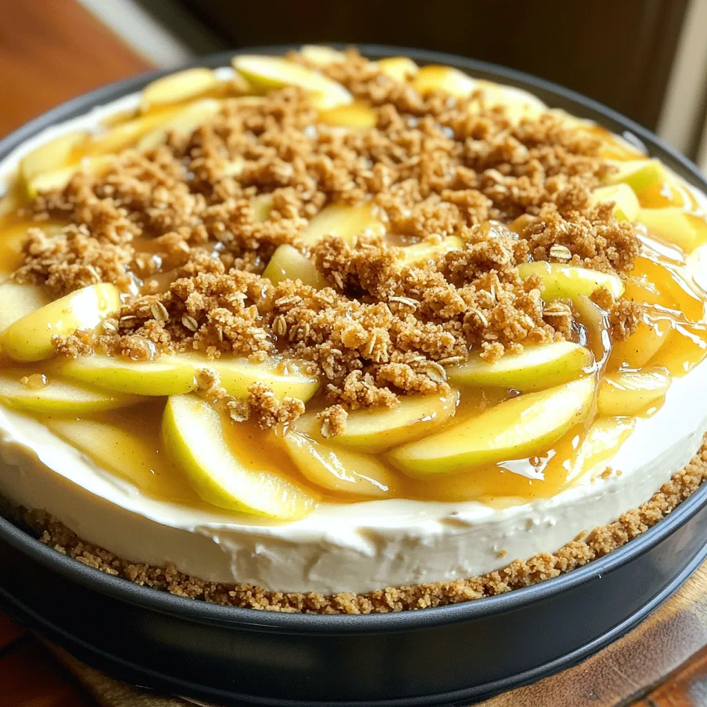 - 1 ½ cups graham cracker crumbs - ½ cup unsalted butter, melted - ¼ cup granulated sugar - 3 packages (8 oz each) cream cheese, softened - 1 cup granulated sugar - 3 large eggs, at room temperature - 1 teaspoon pure vanilla extract - 1 teaspoon ground cinnamon - 3 cups apples, peeled, cored, and thinly sliced - ½ cup packed brown sugar - 1 tablespoon fresh lemon juice - 1 teaspoon ground cinnamon - 1 cup old-fashioned oats - ½ cup all-purpose flour - ½ cup packed brown sugar - ½ cup unsalted butter, softened - 1 teaspoon ground cinnamon To make this Apple Crisp Cheesecake, start with the crust. Mix graham cracker crumbs, melted butter, and sugar. Press the mix into a springform pan. Next, for the cheesecake filling, beat cream cheese until smooth. Then, add sugar and eggs, mixing well. Finally, blend in vanilla and cinnamon. For the apple topping, toss sliced apples with brown sugar, lemon juice, and cinnamon. This adds sweetness and zest. The crisp topping is made with oats, flour, brown sugar, butter, and cinnamon. Mix until crumbly. You can find the full recipe for more detailed steps. Each layer brings flavor and texture, making this dessert a hit! First, preheat your oven to 325°F (160°C). This step is crucial for even baking. In a medium mixing bowl, combine the graham cracker crumbs, melted butter, and granulated sugar. Mix until the crumbs are well coated. Press this mixture firmly into the bottom of a 9-inch springform pan. Bake for 10 minutes, then let it cool completely. In a large mixing bowl, beat the softened cream cheese until it is smooth. Gradually mix in the granulated sugar until combined. Add the eggs one at a time, mixing well after each addition. Finally, stir in the vanilla extract and ground cinnamon until just blended. Pour the cheesecake filling over the cooled crust. Use a spatula to smooth the top evenly. This will help create a nice finish. In a separate bowl, toss the sliced apples with packed brown sugar, lemon juice, and ground cinnamon. Make sure the apples are well-coated. Spread this mixture evenly over the cheesecake filling. In another bowl, combine old-fashioned oats, all-purpose flour, packed brown sugar, softened butter, and ground cinnamon. Mix until the mixture is crumbly but sticks together. Sprinkle this topping evenly over the layer of apples. Carefully place the cheesecake in the oven. Bake for about 50 to 60 minutes. The edges should look set, while the center may still jiggle slightly. After baking, let the cheesecake cool at room temperature for an hour. Then, refrigerate for at least 4 hours or overnight. This helps the flavors meld. When ready, run a knife around the edges of the pan. Remove the sides of the pan, slice, and enjoy your delicious apple crisp cheesecake! For the complete recipe, check the [Full Recipe]. To get the best texture in your Apple Crisp Cheesecake, follow these steps: - Use Room Temperature Ingredients: Make sure your cream cheese and eggs are at room temperature. This helps them blend smoothly. - Don't Overmix: When mixing the cheesecake batter, blend until just combined. Overmixing can lead to cracks. - Water Bath: Baking in a water bath helps keep the cheesecake moist. Place your springform pan in a larger pan filled with water. When it's time to slice your cheesecake, keep these tips in mind: - Use a Hot Knife: Dip your knife in hot water and wipe it dry before slicing. This gives you clean cuts. - Chill Before Slicing: Let the cheesecake chill overnight. This makes it easier to slice and enhances the flavors. - Garnish for Flair: Add a drizzle of caramel and a mint sprig on each slice. It makes for a beautiful presentation. Avoid these common pitfalls to ensure your cheesecake turns out great: - Skipping the Cooling Time: Don’t rush to slice your cheesecake. Cooling it properly helps set the filling. - Wrong Apple Choice: Use firm apples like Granny Smith or Honeycrisp. Softer apples can turn mushy. - Not Checking for Doneness: The cheesecake should be set around the edges but still jiggles slightly in the center. If it's too firm, it may be overbaked. For the complete recipe, check out the [Full Recipe]. {{image_4}} You can switch up the flavors in your apple crisp cheesecake. Try adding pumpkin puree for a fall twist. Mix in some caramel sauce for a sweet kick. Each change adds a unique taste to your dessert. You can also add spices like nutmeg or ginger for warmth. The key is to experiment and find what you love best. If you need gluten-free options, use gluten-free graham crackers for the crust. You can also swap the all-purpose flour in the crisp topping with almond flour. For a vegan version, use plant-based cream cheese and eggs. Replace butter with coconut oil. These tweaks keep the flavor rich without using animal products. When it comes to serving, the presentation matters. You can top each slice with whipped cream or a drizzle of caramel. Fresh berries make a colorful addition too. For a festive look, sprinkle some chopped nuts on top. You can even serve it warm with vanilla ice cream. Each bite of this apple crisp cheesecake bursts with flavor. Check out the Full Recipe for more tips and ideas! To keep leftover cheesecake fresh, cover it well. Use plastic wrap or foil to seal it. You can also place it in an airtight container. Store it in the fridge. This keeps it cool and tasty for up to five days. If you want to save your cheesecake for later, freezing works great. First, let it cool completely. Then, slice it into portions. Wrap each slice in plastic wrap. After that, place the slices in a freezer-safe bag or container. They will stay fresh for about three months. When you are ready to eat, thaw it in the fridge overnight. The cheesecake stays good in the fridge for about five days. When frozen, it can last for three months. However, the texture might change after thawing. For the best taste, enjoy your cheesecake fresh or within the recommended time. For the full recipe, check the details above. To make Apple Crisp Cheesecake from scratch, start with the crust. Mix graham cracker crumbs, melted butter, and sugar. Press this into a springform pan. Bake it for ten minutes. For the filling, beat cream cheese, sugar, and eggs until smooth. Add vanilla and cinnamon. Layer the filling over the cooled crust. For the apple topping, mix sliced apples with brown sugar, lemon juice, and cinnamon. Place this on top of the cheesecake filling. Finally, prepare the crisp topping with oats, flour, brown sugar, and softened butter. Bake everything together until set. You can find the full recipe above. The best apples for this recipe are Granny Smith or Honeycrisp. These apples provide a nice balance of sweet and tart. Granny Smith apples offer a firm texture and bright flavor. Honeycrisp apples are sweet and juicy, adding depth to the dish. You can mix these apples if you want more flavor complexity. Using fresh, crisp apples will make your cheesecake shine. Yes, you can use a different crust if you prefer. Some great alternatives include Oreo cookies, digestive biscuits, or even a nut-based crust. For a gluten-free option, try using almond flour mixed with melted butter. Each crust adds its unique flavor and texture. Just ensure to adjust the sugar based on the crust's sweetness. To check if the cheesecake is done baking, look for the edges. They should be set and firm. The center may still jiggle slightly, which is okay. When it cools, it will firm up. You can also use a toothpick to test. Insert it into the center; if it comes out mostly clean, the cheesecake is ready. Remember, overbaking can lead to cracks, so keep an eye on it! You learned how to make a delicious Apple Crisp Cheesecake. We covered all the key steps, from selecting ingredients to baking tips. Remember to store leftovers properly to keep them fresh. You can explore many variations to fit your taste and dietary needs. Baking this dessert is fun, and it can impress your friends. Enjoy making it your own and sharing it with others. You now have the tools to create a perfect cheesecake every time!