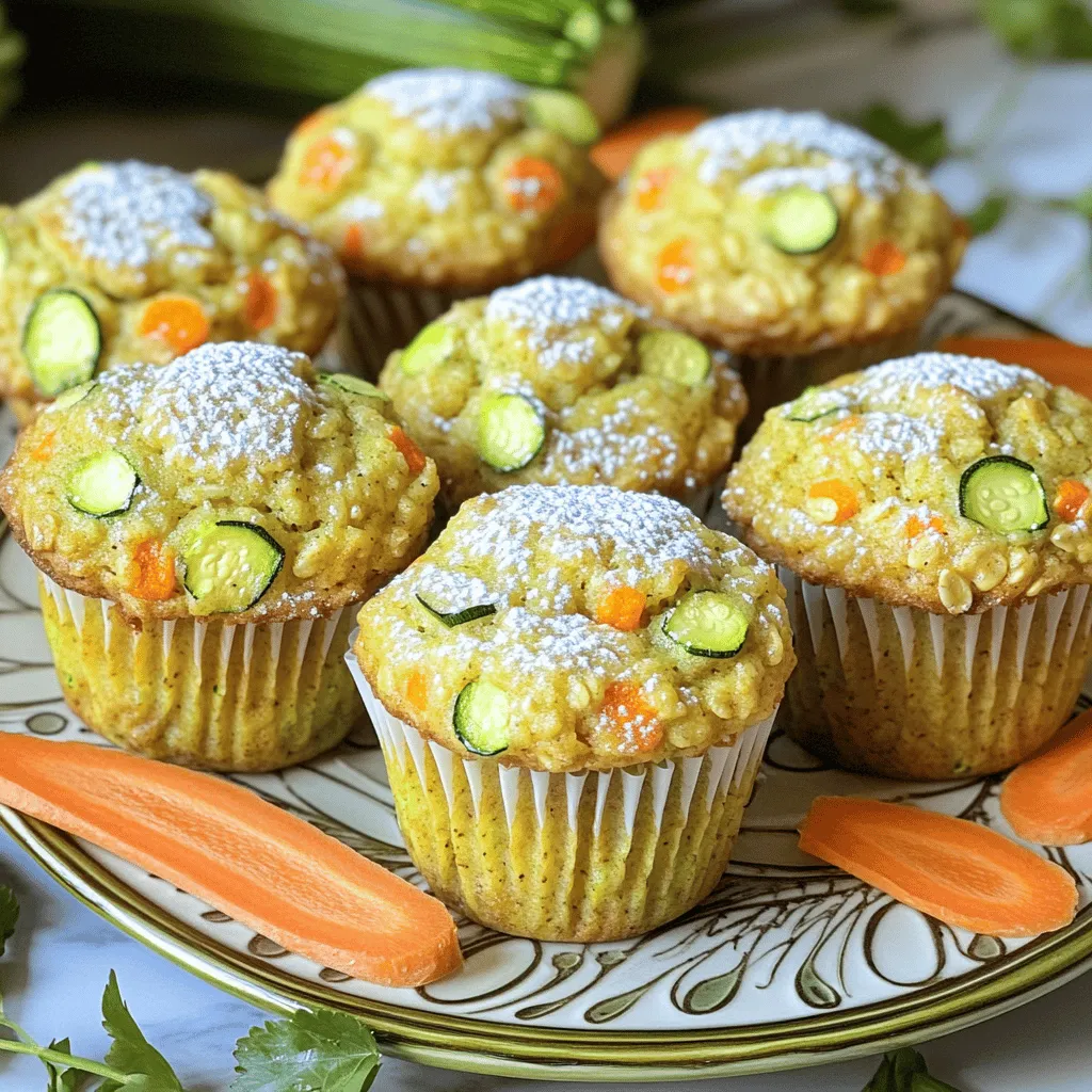 - 1 cup finely grated zucchini (approximately 1 medium zucchini) - 1 cup finely grated carrot (approximately 2 medium carrots) - 1 cup rolled oats - 1 cup whole wheat flour - 1 teaspoon baking powder - 1/2 teaspoon baking soda - 1/2 teaspoon ground cinnamon - 1/4 teaspoon ground nutmeg - 1/4 teaspoon salt - 1/2 cup brown sugar (or coconut sugar for a healthier alternative) - 1/2 cup unsweetened applesauce - 1/4 cup honey or maple syrup - 1/4 cup vegetable oil or melted coconut oil These ingredients come together to create tasty and healthy muffins. The zucchini and carrot add moisture and sweetness. Oatmeal provides a hearty texture and fiber. The dry ingredients, like whole wheat flour and spices, give extra flavor. Lastly, the wet ingredients help bind everything while adding natural sweetness. This mix is simple, yet so rewarding. For the full recipe, check out the details above. - Preheat your oven to 350°F (175°C). - Prepare a muffin tin by lining it with paper liners or lightly greasing it with oil. - In a large bowl, combine: - 1 cup rolled oats - 1 cup whole wheat flour - 1 teaspoon baking powder - 1/2 teaspoon baking soda - 1/2 teaspoon ground cinnamon - 1/4 teaspoon ground nutmeg - 1/4 teaspoon salt - Mix these dry ingredients well until there are no lumps. - In another bowl, blend: - 1/2 cup brown sugar (or coconut sugar) - 1/2 cup unsweetened applesauce - 1/4 cup honey or maple syrup - 1/4 cup vegetable oil or melted coconut oil - Whisk until the mixture is smooth and uniform. - Pour the wet mixture into the bowl with the grated zucchini and carrot. Gently stir until mixed. - Gradually fold in the dry ingredients until just combined. Avoid over-mixing to keep the muffins fluffy. - If you want to add more texture, fold in: - 1/2 cup chopped walnuts or pecans (optional) - 1/2 cup raisins or dairy-free chocolate chips (optional) - Divide the batter evenly among the muffin cups, filling each about two-thirds full. - Bake in the preheated oven for 18-20 minutes. Check if a toothpick comes out clean from the center. - Once done, let the muffins cool in the pan for about 5 minutes, then transfer them to a wire rack. For the full recipe and additional details, you can refer back to the Full Recipe section. Enjoy making these tasty treats! To get the best texture in your muffins, avoid over-mixing the batter. When you stir too much, your muffins can turn out dense and tough. Mix just until the dry and wet ingredients come together. This keeps them light and fluffy. Next, ensure even distribution of ingredients. When you fold in the grated zucchini and carrots, make sure they are spread throughout the batter. This helps each muffin have a nice balance of flavor and texture. Serve your muffins warm to enhance their taste. Warm muffins taste better and feel cozy. To make them more appealing, dust them lightly with powdered sugar. You can also add a dollop of Greek yogurt for creaminess. For a beautiful display, arrange the muffins on a platter. Garnish with fresh slices of carrot and zucchini. This adds a colorful touch that catches the eye. If you want to reduce sugar, consider using sugar substitutes. Coconut sugar is a great choice. It has a lower glycemic index than regular sugar. You can also use applesauce to cut back on sweetness while keeping moisture. When it comes to oil, you have options too. Instead of vegetable oil, try melted coconut oil. It adds a nice flavor and is a healthier fat choice. These small changes can make your muffins even better for you without losing taste. For the full recipe, check the section above. {{image_4}} - For a gluten-free option, use almond flour or a gluten-free flour blend. - To make these muffins dairy-free, swap regular milk for almond or oat milk. - You can add spices like ginger or allspice for extra warmth. - Consider mixing in dried fruits like cranberries or apricots for sweetness. - For a chocolatey twist, add dairy-free chocolate chips to the batter. - If you prefer mini muffins, use a mini muffin tin and adjust baking time to 10-12 minutes. - For jumbo muffins, fill the cups more and bake for 22-25 minutes. These variations will help you customize the Zucchini Carrot Oatmeal Muffins to your taste. Enjoy the process! For the full recipe, refer to the earlier instructions. You can store unbaked muffin batter in the fridge. Use an airtight container to keep it fresh. It’s best to use the batter within 24 hours. This way, the muffins will rise and taste their best. For baked muffins, you can keep them at room temperature. Put them in a covered container. They stay fresh for about two days. If you want to keep them longer, store them in the fridge. They will last up to a week there. For even more time, freeze the muffins. Wrap them well in plastic wrap or foil. Put them in a freezer bag. They can stay frozen for up to three months. To reheat muffins, use the oven or microwave. If using the oven, preheat it to 350°F (175°C). Place muffins on a baking sheet and heat for about 10 minutes. This keeps them soft and warm. In the microwave, heat one muffin for 15 to 20 seconds. This method is quick and keeps them moist. Avoid overcooking, as this can make them tough. Enjoy fresh muffins anytime with these easy methods! Yes, you can use other vegetables. Carrots work well as a base. You can also try finely grated sweet potato or butternut squash. These options add sweetness and moisture, similar to zucchini. To make these muffins vegan, swap the eggs with flaxseed meal or chia seeds. Use plant-based milk instead of cow's milk. For sweeteners, choose maple syrup or agave nectar. This keeps the muffins tasty and plant-based. If you don't have whole wheat flour, you can use all-purpose flour. Gluten-free flour blends also work if needed. Oat flour is another great option. Just make sure to adjust the liquid if you use a different flour. For the full recipe, check out the [Full Recipe]. You learned how to make healthy muffins using simple ingredients. Start with zucchini, carrots, and oats for flavor and nutrition. Mix wet and dry ingredients carefully. Remember, don’t over-mix for the best texture. Explore variations to cater to your taste, from mini to jumbo sizes. Store your muffins properly for freshness and enjoy them warm. Experiment with different flavors and substitutions to make these muffins your own. Happy baking!