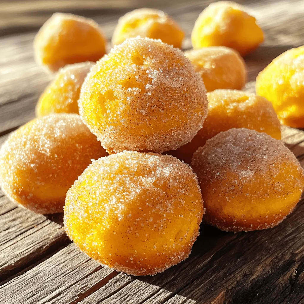 To make these tasty cinnamon sugar pumpkin donut holes, gather the following items: - 1 cup canned pumpkin puree - 1/4 cup unsweetened applesauce - 1/4 cup granulated sugar - 1/4 cup packed brown sugar - 1 large egg - 2 cups all-purpose flour - 1 teaspoon baking powder - 1/2 teaspoon baking soda - 1 teaspoon ground cinnamon - 1/2 teaspoon ground nutmeg - 1/4 teaspoon ground ginger - 1/4 teaspoon salt - 1/2 cup vegetable oil (for frying) - 1/2 cup granulated sugar (for coating) - 2 teaspoons ground cinnamon (for coating) You can swap some ingredients if needed. Here are a few options: - Pumpkin puree: Use homemade pumpkin puree if you prefer. Just cook and blend fresh pumpkin. - Applesauce: Replace it with mashed banana for a different flavor. - Granulated sugar: Try coconut sugar for a healthier option. - All-purpose flour: You can use gluten-free flour for a gluten-free version. Using fresh ingredients makes a big difference in taste. Fresh pumpkin puree has more flavor than canned. Fresh eggs also add richness. When you use fresh spices, you get the full aroma and taste. Always check the expiry dates and choose quality ingredients. This ensures your donut holes will be soft, moist, and full of flavor. You want them to shine, not just taste good! For the full recipe, check out the detailed instructions. Start by gathering the right tools. You need a large mixing bowl and a whisk. In the bowl, combine 1 cup of canned pumpkin puree, 1/4 cup of unsweetened applesauce, 1/4 cup of granulated sugar, 1/4 cup of packed brown sugar, and 1 large egg. Mix these ingredients until they blend together smoothly. This mixture will bring moisture and flavor to your donut holes. In a separate bowl, whisk together the dry ingredients. You will need 2 cups of all-purpose flour, 1 teaspoon of baking powder, 1/2 teaspoon of baking soda, 1 teaspoon of ground cinnamon, 1/2 teaspoon of ground nutmeg, 1/4 teaspoon of ground ginger, and 1/4 teaspoon of salt. Make sure everything is evenly mixed. This step is vital for getting the right rise and flavor in your donut holes. Chill your dough for about 30 minutes. This helps make it easier to handle. While waiting, prepare your frying station. Heat 1/2 cup of vegetable oil in a large pot to 350°F. Once the oil is hot, scoop about 1 tablespoon of the dough and roll it into a ball. Drop these balls into the oil in small batches. Fry them for about 3-4 minutes until golden brown. Use a slotted spoon to turn them gently for even cooking. Once golden brown, remove the donut holes and let them drain on paper towels. In a shallow bowl, mix 1/2 cup of granulated sugar with 2 teaspoons of ground cinnamon. While the donut holes are still warm, roll them in the cinnamon sugar until well coated. Serve them warm for the best taste. You can arrange them on a pretty plate or in a decorative bowl. For a fun touch, serve with warm apple cider. Enjoy your tasty treat! For the full recipe, check out the detailed instructions above. To get a light and fluffy donut hole, avoid overmixing the batter. When you combine the wet and dry ingredients, mix until just combined. This keeps the texture airy. Chilling the dough for about 30 minutes also helps. It makes rolling easier and improves texture. Keeping the oil at a steady 350°F (175°C) is key for great frying. If the oil is too hot, the outside cooks too fast, leaving the inside raw. If it’s too cool, the donut holes absorb too much oil. Use a thermometer to check the temperature. Fry in small batches to keep the oil hot. One big mistake is not using enough flour. Too little flour makes the donut holes spread too much in the oil. Another mistake is skipping the cinnamon sugar coating. This adds flavor and makes them irresistible. Always coat them while warm for the best taste. For the full recipe, check out the details above. Enjoy the sweet, spiced goodness of these cinnamon sugar pumpkin donut holes! {{image_4}} If you need a gluten-free option, you can easily swap out the all-purpose flour. Use a gluten-free flour blend instead. Look for a blend that contains xanthan gum. This helps mimic the texture of regular flour. Your donut holes will still be soft and tasty. Want to add more fun to your donut holes? You can mix in chocolate chips or nuts. About half a cup of mini chocolate chips adds a sweet touch. If you prefer a crunch, try chopped walnuts or pecans. Just fold them into the dough before frying. This gives each bite extra flavor and texture. While cinnamon sugar is classic, you can try other coatings. For a chocolate lover, drizzle melted chocolate on top. You can also toss the donut holes in powdered sugar for a sweet finish. If you want a spice twist, mix cocoa powder with sugar and sprinkle over the warm donut holes. These options keep your treat fresh and exciting. For the complete recipe, check out the [Full Recipe]. To keep your donut holes fresh, place them in an airtight container. Line the container with paper towels to absorb moisture. Store them at room temperature for up to two days. If you want to keep them longer, refrigerate them. They will last about a week in the fridge. Just remember, the longer they sit, the less crisp they become. Reheating is simple. Preheat your oven to 350°F (175°C). Place the donut holes on a baking sheet. Heat them for about 5 to 7 minutes. This method helps to regain some of their original texture. You can also use a microwave, but this may make them softer. Heat for about 10-15 seconds if using a microwave. You can freeze these donut holes for later enjoyment. Once they cool, arrange them in a single layer on a baking sheet. Freeze until solid, then transfer them to a freezer bag. They can last for up to three months. To thaw, leave them in the fridge overnight. For a quick option, microwave them for 20-30 seconds. Enjoy the taste of fresh cinnamon sugar pumpkin donut holes anytime! For the full recipe, click on [Full Recipe]. Yes, you can bake these donut holes. To bake, preheat your oven to 350°F (175°C). Shape the dough into balls and place them on a baking sheet lined with parchment paper. Bake for about 15-20 minutes until they are golden brown. Baking will make them slightly drier, but they will still taste great. To check if the oil is hot enough, use a thermometer. The oil should reach 350°F (175°C). If you don't have a thermometer, drop a small piece of dough into the oil. If it sizzles and rises to the top, the oil is ready. This method helps you fry the donut holes evenly. You can use homemade pumpkin puree or applesauce as a substitute. Another option is to use butternut squash puree. Each of these options will give a different taste but still keep the donut holes moist and delicious. These donut holes last for about 2-3 days at room temperature in an airtight container. If you want them to last longer, you can store them in the fridge for up to a week. Just remember, they may lose some of their fresh taste and texture after a day or two. In this post, we covered how to create delicious pumpkin donut holes. We explored the key ingredients, including essential substitutions and the need for fresh items. I shared step-by-step instructions and tips to make perfect donut holes, including mixing and frying techniques. We also discussed variations and how to store your leftovers. Remember, quality ingredients and careful cooking lead to great results. Now, you can create tasty treats that everyone will enjoy!
