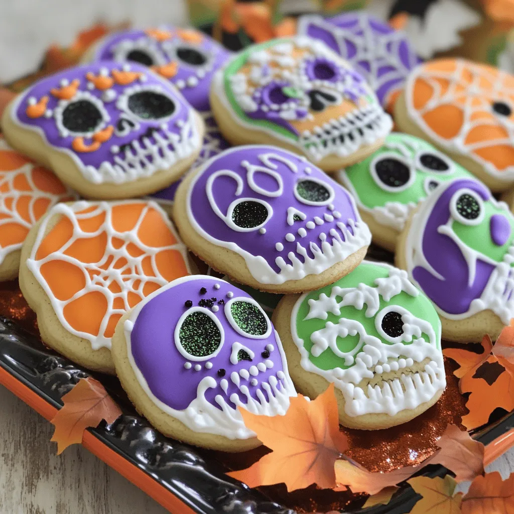 To make delicious Halloween cookies, gather these key ingredients: - 2 ½ cups all-purpose flour - 1 teaspoon baking powder - ½ teaspoon baking soda - ½ teaspoon salt - 1 cup unsalted butter, softened - 1 ½ cups granulated sugar - 1 large egg - 1 teaspoon vanilla extract - 1 teaspoon almond extract - 2 cups powdered sugar (for icing) - Food coloring (various colors for decorating) - Edible glitter (optional for sparkle) - Royal icing (for detailed decorations) These ingredients create a soft, tasty cookie base that you can decorate in fun spooky designs. You can enhance your Halloween cookies with some fun decorations and tools: - Cookie cutters (skull shapes and more) - Piping bags for icing - Small brushes for detail work - Sprinkles or edible glitter for extra flair - Halloween-themed stencils These tools help you create cookies that look as good as they taste. Choosing the right ingredients makes a big difference. Here are some tips: - Butter: Use unsalted butter for better control over salt content. - Flour: Always use fresh all-purpose flour for the best texture. - Sugar: Granulated sugar should be pure, with no lumps. - Eggs: Use large, fresh eggs for better results in baking. - Extracts: Choose pure vanilla and almond extracts for richer flavors. Selecting quality ingredients helps you achieve the best flavor and texture in your cookies. For the complete recipe, check out the Full Recipe. First, gather your ingredients for the spooky sugar skull cookies. You will need: - 2 ½ cups all-purpose flour - 1 teaspoon baking powder - ½ teaspoon baking soda - ½ teaspoon salt - 1 cup unsalted butter, softened - 1 ½ cups granulated sugar - 1 large egg - 1 teaspoon vanilla extract - 1 teaspoon almond extract Start by whisking together the flour, baking powder, baking soda, and salt in a bowl. This step ensures even mixing. Set this aside for later. In a separate bowl, cream the softened butter and sugar together. Use an electric mixer and beat for 3-4 minutes until light and fluffy. Next, add the egg, vanilla extract, and almond extract. Mix until fully combined. Gradually add the dry ingredients to the wet mixture. Mix on low, stopping as soon as the flour is almost fully incorporated. This helps keep the cookies soft. Divide the dough into two parts and wrap them in plastic wrap. Chill the dough in the fridge for at least 1 hour. Chilling makes the dough easier to roll. While your dough chills, preheat your oven to 350°F (175°C). Line two baking sheets with parchment paper. After chilling, take one dough portion and roll it out on a floured surface. Aim for about 1/4 inch thickness. Use a skull-shaped cookie cutter to cut out cookies. Place them on the prepared sheets. Bake the cookies for 8-10 minutes. Watch for the edges to turn light golden. Once baked, let them cool on the sheets for 5 minutes. Then, transfer them to wire racks to cool completely. Now for the fun part: decorating! In a bowl, mix powdered sugar with a few tablespoons of water to make icing. You want it smooth and spreadable. Divide this icing into bowls and add food coloring to create spooky designs. Using the colored icing, decorate your skull cookies. Try big eyes, flowers, or fun patterns. If you like sparkle, sprinkle some edible glitter on the wet icing. Once the colored icing sets, use royal icing for fine details. This adds a professional touch to your cookies. For the full recipe, check the earlier section. Enjoy your spooky treats! When making Halloween cookies, avoid these common mistakes: - Overmixing the dough: This makes cookies tough. Mix just until combined. - Skipping the chill time: Chilling helps cookies hold their shape. Always refrigerate the dough. - Not measuring ingredients: Use measuring cups for accuracy. This ensures the right texture. - Baking at the wrong temperature: Always preheat your oven. Check your oven with a thermometer if needed. To get great icing on your cookies: - Use the right consistency: Icing should be smooth and spreadable. - Pipe with control: Use a piping bag for neat lines and designs. - Work quickly: Icing dries fast. Decorate each cookie right after icing. - Layer designs: Add details once the first layer sets. This creates depth. Great tools make cookie baking easier and more fun: - Silicone baking mats: These prevent sticking and help with even baking. - Rolling pin: A good rolling pin helps roll dough evenly. - Cookie cutters: Get a variety of shapes for fun designs. - Piping bags and tips: Use these for precise icing work. - Offset spatula: This is great for spreading icing smoothly. For a full recipe, check out my spooky sugar skull cookies! {{image_4}} You can be creative with flavors. Try adding spices like cinnamon or nutmeg. These spices bring warmth to your cookies. You can also use pumpkin puree for a fall twist. It adds moisture and a subtle sweetness. Another option is to use chocolate or peanut butter. These flavors pair well with spooky shapes. Halloween is all about fun shapes. Use cookie cutters to create ghosts, bats, and pumpkins. Kids love these shapes, and they are easy to decorate. For a party, consider themes like monsters or witches. You can create cookies that match your costume or party decor. These ideas make your treats extra special and memorable. Making gluten-free cookies is simple. Use almond flour or gluten-free flour blends. These flours give a nice texture without gluten. For vegan cookies, replace eggs with flaxseed meal. Mix one tablespoon of flaxseed with three tablespoons of water. Let it sit until it thickens. This mix works well as an egg substitute. You can use coconut oil instead of butter for a vegan option. These alternatives make your cookies inclusive for everyone. For more ideas, check out the Full Recipe for Spooky Sugar Skull Cookies. To keep your Halloween cookies fresh, store them in an airtight container. This helps maintain their texture and flavor. Place parchment paper between layers of cookies to prevent sticking. Do not expose cookies to heat or sunlight, as this can dry them out. Halloween cookies can last up to one week at room temperature. If you store them properly, they stay soft and tasty. For longer storage, consider freezing them. Freezing cookies is simple! After they cool completely, place them in a single layer on a baking sheet. Freeze until firm, then transfer them to an airtight container or freezer bag. They can last up to three months in the freezer. When ready, thaw them at room temperature for a delightful treat! For the complete recipe, check out the Spooky Sugar Skull Cookies . You can make Halloween cookies ahead of time. First, prepare the dough and chill it. Wrap it tightly in plastic wrap and store it in the fridge for up to 3 days. For longer storage, freeze the wrapped dough for up to 3 months. When ready to bake, let the dough thaw in the fridge before rolling it out. This method keeps your cookies fresh and saves you time. I love using fun shapes for Halloween cookies! The best cookie cutters include skulls, bats, pumpkins, and ghosts. These shapes add a spooky touch to your treats. Look for sturdy metal or plastic cutters that will hold their shape. You can also find sets that include various sizes to create a fun mix. Yes, store-bought icing is a great option! It saves you time and effort. You can find many flavors and colors in stores. Just make sure to choose a thick icing for decorating. If you want to add more flair, mix in some food coloring or edible glitter. This will make your Halloween cookies even more festive. - Full Recipe Reference: Spooky Sugar Skull Cookies Making Halloween cookies can be a fun and tasty project. We covered key ingredients, step-by-step baking, and clever decorating tips. I shared ways to avoid common mistakes and the best tools to use. Don't forget about variations, like gluten-free or vegan options. Proper storage lets you enjoy these treats longer. With some practice, you can create not just cookies but spooky masterpieces for any occasion. Happy baking!