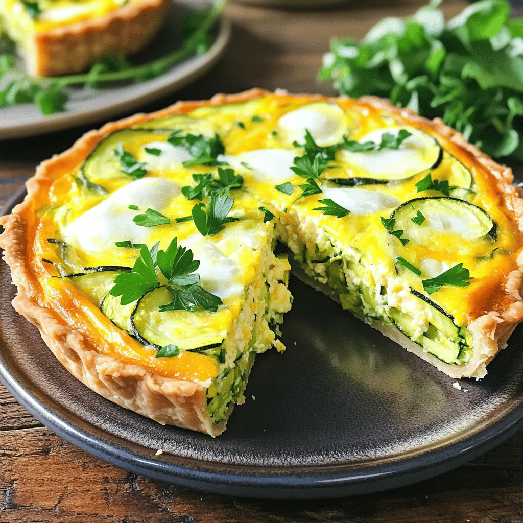 To make a delicious crustless zucchini quiche, you'll need: - 2 medium zucchinis, grated - 1 cup shredded mozzarella cheese - 1/2 cup grated parmesan cheese - 4 large eggs - 1/2 cup milk (or your choice of plant-based milk) - 1 small onion, finely chopped - 2 cloves garlic, minced - 1 teaspoon dried oregano - Salt and pepper to taste - 2 tablespoons olive oil - Fresh parsley, chopped (for garnish) Each ingredient plays a vital role. The zucchinis add moisture and texture. The cheeses give it a rich flavor. Eggs bind everything together for a solid quiche. You can add a few optional ingredients to elevate your quiche: - 1/2 cup cooked bacon or ham, diced - 1/2 cup bell peppers, chopped - 1/2 cup chopped spinach or kale - Fresh herbs like basil or thyme These extras add depth and a pop of color. Feel free to mix and match based on what you have on hand. If you need to make adjustments, here are some easy swaps: - For a gluten-free option, this recipe is naturally gluten-free. Just ensure all ingredients are certified gluten-free. - Swap dairy milk with almond, oat, or soy milk for a dairy-free version. - Use nutritional yeast instead of cheese for a vegan alternative. These substitutions keep the essence of your quiche while catering to different diets. You can enjoy a tasty meal that fits your needs. For the complete recipe, check the Full Recipe. First, preheat your oven to 350°F (175°C). This helps cook the quiche evenly. While the oven warms up, take a 9-inch pie dish or quiche dish. Grease it with cooking spray or a little olive oil. This step stops the quiche from sticking. Next, grab a large skillet. Add two tablespoons of olive oil and heat it over medium heat. Chop one small onion finely and mince two cloves of garlic. Add them to the skillet. Sauté for about 3-4 minutes. You want the onion to turn soft and clear. Now, take your two medium zucchinis and grate them. Stir the zucchini into the skillet. Cook for another 5-7 minutes. The zucchini should soften and lose some moisture. Once done, remove the skillet from the heat. Let it cool for a few minutes. While the zucchini cools, grab a large mixing bowl. Crack four large eggs into the bowl. Add 1/2 cup of milk. Whisk them together until blended well. Next, fold in 1 cup of shredded mozzarella and 1/2 cup of grated parmesan. Add one teaspoon of dried oregano, salt, and pepper to taste. This mix will add a lot of flavor. Now it's time to combine everything. Take the cooled zucchini mix and gently fold it into the egg mixture. Make sure everything is well mixed. Pour this combined mix into the greased pie dish. Smooth the top with a spatula for even cooking. Place the dish in the preheated oven. Bake for 30-35 minutes. The quiche is done when it is set and lightly golden on top. Check with a toothpick in the center; it should come out clean. Once baked, let the quiche cool for a few minutes before slicing. This will help you cut neat pieces. Serve warm with fresh parsley on top for a nice touch. Enjoy your delicious crustless zucchini quiche! For the full recipe, check out the detailed instructions. To keep your crustless zucchini quiche from being soggy, follow these steps: - Grate and Drain Zucchini: Grate the zucchini and place it in a clean kitchen towel. Squeeze out as much liquid as you can. This step helps reduce moisture. - Cook Zucchini First: Sauté the grated zucchini in olive oil before adding it to the egg mix. This will help evaporate extra moisture. - Use Less Milk: If you want a firmer quiche, reduce the amount of milk in your recipe. Start with 1/3 cup instead of 1/2 cup. Leftover quiche can taste just as good when reheated. Here’s how: - Oven Reheat: Preheat your oven to 350°F (175°C). Place the slices on a baking sheet and cover them with foil. This keeps them from drying out. Heat for about 15-20 minutes. - Microwave Option: If you’re in a hurry, use the microwave. Heat each slice for 30-60 seconds. Check to avoid overheating, which can make it rubbery. Serving this quiche is fun and easy. Here are some ideas: - Garnish with Fresh Herbs: Add chopped parsley or chives on top for a fresh touch. - Pair with Salad: Serve with a light salad of mixed greens for a balanced meal. - Add a Side: Consider crusty bread or a fruit salad to round out your meal. - Brunch Idea: Slice it into wedges for a lovely brunch presentation. For the complete instructions and ingredients, check out the Full Recipe. {{image_4}} You can easily boost your crustless zucchini quiche with protein. Adding bacon or ham gives it a hearty touch. Simply cook the meat until crispy. Chop it into small pieces and mix it with the zucchini before adding the egg mixture. If you want a lighter option, try adding diced chicken or turkey. This simple swap adds flavor and makes your quiche more filling. Feel free to get creative with vegetables! Bell peppers add color and crunch. Spinach brings a nice, mild flavor. You can mix these veggies into the sautéed zucchini. Just chop them finely and add them to the pan. Remember to sauté them briefly to soften. This not only enhances taste but also boosts nutrition. Other great options include mushrooms, kale, or even sweet corn. Herbs and spices can make your quiche sing! Adding fresh herbs like basil or thyme can brighten the dish. You can also use dried herbs like rosemary or dill, adding them to the egg mixture for depth. For a kick, try adding red pepper flakes or smoked paprika. These small changes can transform your quiche into something new and exciting. Experiment with flavors to find your favorite blend. Feel free to explore these options and find what you love best! For the full recipe, check out the details above. To store leftover crustless zucchini quiche, let it cool first. Wrap slices tightly in plastic wrap or foil. You can also place the slices in an airtight container. Store it in the fridge for up to three days. This keeps the quiche fresh and tasty. If you want to keep the quiche longer, freezing is a great option. Cut the quiche into slices. Wrap each slice in plastic wrap. Then, place the wrapped slices in a freezer-safe bag. Label the bag with the date. You can freeze it for up to three months. When you’re ready to eat, just thaw it in the fridge overnight. Reheating is easy. To keep the quiche moist, use the oven. Preheat the oven to 350°F (175°C). Place the slice on a baking sheet. Heat for about 10-15 minutes, or until warm. You can also use a microwave if you're short on time. Place a slice on a microwave-safe plate. Heat for 1-2 minutes, checking often to avoid overcooking. Enjoy your quiche with a fresh side salad or some fruit for a delightful meal! For the full recipe, check the earlier sections. Yes, you can! This recipe is very flexible. You can use bell peppers, spinach, or mushrooms. Just chop them finely and cook them the same way as zucchini. This adds more flavor and color to your dish. The quiche will last about 3 to 4 days in the fridge. Make sure to store it in an airtight container. This keeps it fresh and tasty for later meals. Absolutely! You can prepare the quiche a day before. Just bake it, let it cool, and store it in the fridge. When you're ready to eat, reheat it in the oven for a warm meal. Serve it warm, straight from the oven. You can sprinkle fresh parsley on top for a nice touch. Pair it with a side salad for a complete meal. For brunch, slice it into wedges for easy serving. Check out the Full Recipe for more tips! In this post, we covered how to make a delicious crustless zucchini quiche. You learned about key ingredients, step-by-step instructions, and tips to avoid moisture. We also explored storage options and answered common questions. This recipe is easy to customize with substitutions, proteins, and veggies. Keep it fresh and flavorful. Enjoy your cooking adventure with this tasty dish!