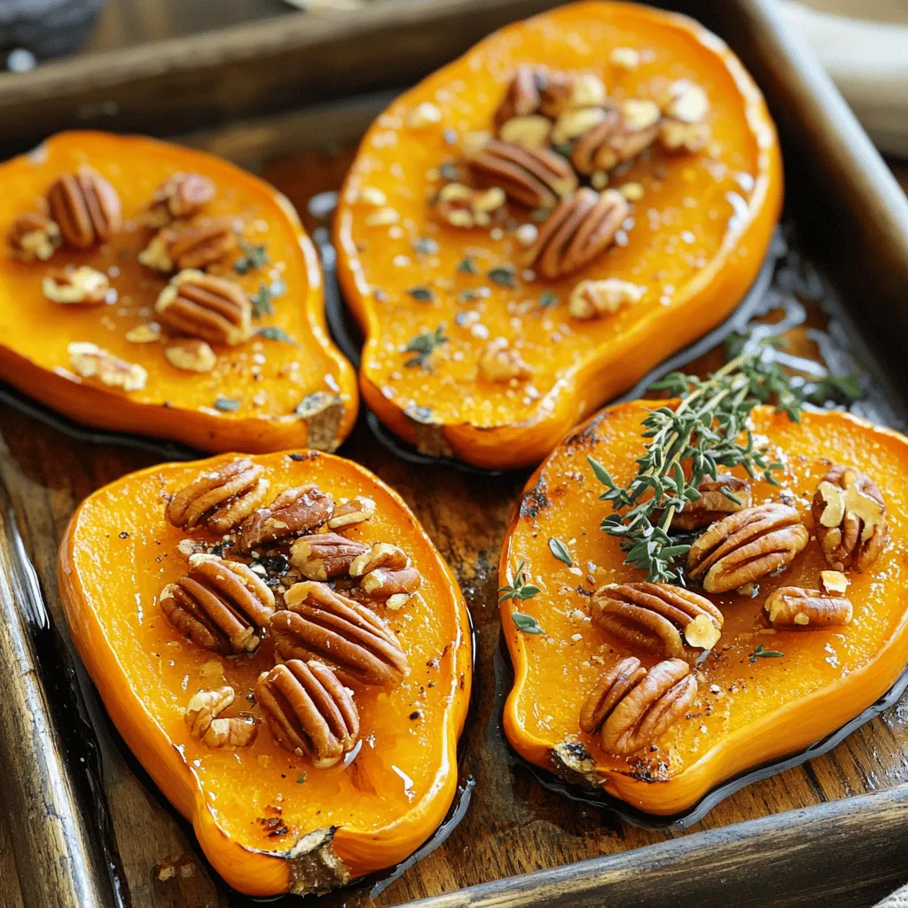 Cooking with honeynut squash brings warmth and joy to the table. Here’s what you need for the maple roasted honeynut squash recipe: - 2 medium honeynut squashes, halved and seeds removed - 3 tablespoons pure maple syrup - 2 tablespoons extra virgin olive oil - 1 teaspoon ground cinnamon - 1/2 teaspoon ground nutmeg - Sea salt and freshly cracked black pepper to taste - 1/3 cup pecans, roughly chopped - Fresh thyme leaves for garnish These ingredients blend to create a sweet and savory dish. The maple syrup adds natural sweetness, while the olive oil gives it a rich flavor. Cinnamon and nutmeg bring warmth that makes this dish perfect for any season. The pecans add a nice crunch, and the fresh thyme leaves brighten it up. Check the [Full Recipe] for detailed steps to create this delightful dish. To start, halve and seed the honeynut squashes. This step opens them up for flavor. Next, preheat the oven to 400°F (200°C). This warm-up is key for a perfect roast. In a bowl, whisk together the maple syrup, olive oil, cinnamon, nutmeg, salt, and pepper. This mix brings out the squash's natural sweetness. The spices add warmth, making every bite cozy and inviting. Now, coat the squash with the sauce. Make sure every part is covered. This helps create a nice glaze when it roasts. Next, sprinkle the chopped pecans on top. They add a crunchy texture that contrasts with the soft squash. Place the baking sheet in the oven and roast for 30-35 minutes. You want the squash to be tender and caramelized. Test it with a fork; it should pierce easily. Remove it from the oven and let it cool for a few minutes. This lets the flavors blend. Just before serving, sprinkle fresh thyme leaves on top. They add a nice touch of color and flavor. Enjoy this dish warm, as a side or main meal. For the full recipe, check the earlier section. To get the best maple roasted honeynut squash, follow these simple steps. First, ensure your oven is preheated to 400°F (200°C). This heat helps cook the squash evenly. Next, cut the squash in half and scoop out the seeds. This creates a space for the sauce and flavors. Coat the squash with the maple syrup mixture evenly. Use a brush or spoon for a nice cover. This coating helps create a rich caramelization. When you roast, the sugar in the syrup turns golden and delicious. Want to add more flavor? Consider these options: - A pinch of cayenne pepper for heat. - Some garlic powder for depth. - A sprinkle of smoked paprika for a hint of smokiness. You can also add toppings after roasting. Crumbled feta cheese or goat cheese can give a creamy touch. You might also try pomegranate seeds for a burst of color and sweetness. Make your dish eye-catching! Once your squash is roasted, place it on a nice serving platter. Drizzle a little extra maple syrup on top before serving. This adds shine and sweetness. Garnish with fresh thyme leaves for color. You can also sprinkle some chopped pecans on top. This adds texture and looks great on the plate. Beautiful food makes every meal more special! For the full recipe, check out the detailed steps to create this dish. {{image_4}} You can switch pecans for walnuts or almonds. Walnuts give a strong flavor and a crunchy texture. Almonds add a light, sweet touch that pairs well with the squash. Both options work great and keep the dish exciting. If you want to change the flavor, use honey or agave syrup. Honey adds a floral note, while agave syrup gives a mild sweetness. Each sweetener brings its own charm to the dish. Just keep the amount the same as the maple syrup in the full recipe. Don't be afraid to try new herbs like rosemary or sage. Rosemary adds an earthy flavor, while sage gives a warm, savory touch. Mixing herbs can enhance your meal and make it feel special. Each herb option can change the whole vibe of the dish. To store your leftover maple roasted honeynut squash, let it cool first. After it cools, place it in an airtight container. Make sure to seal it well to keep out air. This keeps the squash fresh and tasty. If you want to freeze this dish, cut the cooled squash into smaller pieces. Place these pieces in a freezer-safe bag. Remove as much air as possible before sealing. When you're ready to eat, thaw overnight in the fridge. Reheat in the oven for the best texture. In the fridge, your maple roasted honeynut squash lasts about 3 to 5 days. If you freeze it, it can stay fresh for up to 3 months. Just remember, the sooner you eat it, the better it will taste! Yes, you can. Other squash types work well in this recipe. Try using butternut squash, acorn squash, or even pumpkin. They have a sweet flavor that pairs nicely with maple syrup. Just cut them into similar sizes to ensure even cooking. Each type brings its own unique taste, adding variety to your dish. Look for a few signs to know when the squash is ready. First, the edges should be golden brown and caramelized. You can poke it with a fork; it should go in easily. If it feels soft all the way through, it is done. Trust your senses! The aroma will also fill your kitchen, making it hard to resist. This dish pairs well with many foods. Serve it alongside roasted chicken or turkey for a hearty meal. It also goes well with grains like quinoa or farro. For a lighter option, try it with a fresh salad. You can even add it to a warm grain bowl with your favorite toppings. The sweet and savory flavors enhance any dish! For the complete process, check out the Full Recipe. This blog post detailed the ingredients and steps for making maple roasted honeynut squash. I shared tips on perfect roasting and flavor enhancements. You can even vary the recipe with different nuts or herbs. Remember to store leftovers correctly to enjoy them later. This dish is not just tasty, but also easy to customize. Try making it your own and impress your friends or family. Happy cooking!