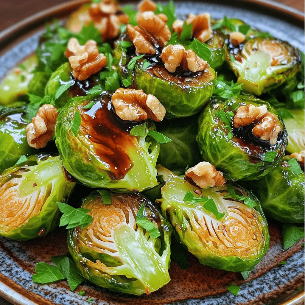 - 1 pound Brussels sprouts - 3 tablespoons extra virgin olive oil - 2 tablespoons aged balsamic vinegar - 2 tablespoons pure honey - 2 cloves fresh garlic - Salt and freshly cracked black pepper - Red pepper flakes (optional) - 1/4 cup walnuts - Fresh parsley These ingredients create a wonderful balance of flavors. The Brussels sprouts bring a nutty taste, while the balsamic and honey add a sweet and tangy kick. Olive oil gives richness, and garlic adds depth. You can add red pepper flakes for a little heat, if you like. One serving of Brussels sprouts with balsamic honey has around 180 calories. Here's a simple breakdown: - Carbohydrates: 16g - Protein: 4g - Fats: 12g This dish not only fills you up but also provides good nutrients. The mix of healthy fats and fiber helps you stay satisfied longer. Brussels sprouts are a great source of vitamins C and K. They also contain fiber, which is good for digestion. Eating these can help boost your immune system. Balsamic vinegar has antioxidants that can support heart health. Honey adds natural sweetness and has antibacterial properties. Together, these ingredients offer both flavor and health benefits. Enjoy this dish knowing you’re eating something good for your body. For the full recipe, check out the complete recipe details. First, preheat your oven to 400°F (200°C). This hot temperature helps roast the Brussels sprouts perfectly. While the oven heats, trim and halve the Brussels sprouts. Make sure to remove any yellow leaves and cut them evenly. This helps them cook at the same rate. Next, grab a large mixing bowl. Add the halved Brussels sprouts, along with 3 tablespoons of extra virgin olive oil, 2 tablespoons of aged balsamic vinegar, and 2 tablespoons of pure honey. Don't forget to add 2 cloves of minced garlic. Season with salt, black pepper, and red pepper flakes if you want some heat. Toss everything together until the Brussels sprouts look shiny and well-coated. Now, line a baking sheet with parchment paper to make cleanup easy. Spread the Brussels sprouts in a single layer. Avoid crowding them, as this lets them roast evenly. Place the sheet in your preheated oven. Bake for 20 to 25 minutes. Halfway through, stir the sprouts gently. This ensures they brown nicely and get that sweet, caramelized flavor. After roasting, take them out of the oven. While they are warm, sprinkle 1/4 cup of chopped walnuts on top. This adds a nice crunch! Transfer the Brussels sprouts to a serving platter and garnish with fresh parsley. For extra flavor, drizzle any leftover balsamic glaze from the pan over the sprouts. For the full recipe, you can refer to the earlier section. Enjoy your delicious Brussels sprouts with balsamic honey! To roast Brussels sprouts well, time matters. If your oven runs hot, check them earlier. A good rule is 20-25 minutes at 400°F (200°C). Halfway through, stir them gently. This helps them brown evenly and get that nice caramel color. To check for doneness, poke a sprout with a fork. It should feel tender inside. If it feels hard, give it a few more minutes. The outer leaves should be crispy and golden. Want to kick up the flavor? Try adding spices. A pinch of garlic powder or a dash of smoked paprika can work wonders. If you like heat, consider cayenne pepper for that extra zing. When it comes to honey, choose wisely. I recommend using a light and fragrant honey, like clover or wildflower honey. These types balance well with the balsamic vinegar, making the dish sing. For a beautiful serving, think outside the bowl. Use a rustic wooden board or a colorful plate. The contrast makes the Brussels sprouts pop. Garnish them with extra toasted walnuts and fresh parsley. These not only add color but also a nice crunch. Just before serving, drizzle any leftover balsamic glaze from the pan on top for a glossy finish. Remember, these small touches make a big difference in how the dish looks and tastes. For the complete recipe, check out the Full Recipe section. {{image_4}} You can cook Brussels sprouts with balsamic honey in different ways. One great method is sautéing. To do this, heat some olive oil in a pan. Add your halved Brussels sprouts and cook them for about 8-10 minutes. Stir often to ensure they cook evenly. Once they are tender, add the balsamic honey mixture. This method gives the sprouts a nice, caramelized texture. Another fun way is grilling. This adds a smoky flavor that pairs well with the balsamic honey. Preheat your grill to medium heat. Toss the Brussels sprouts with oil and honey before placing them on the grill. Grill for about 10-15 minutes, turning occasionally. The slight char enhances their taste. You can easily mix in different nuts or seeds for added crunch. Try using pecans or sunflower seeds instead of walnuts. Both add a unique twist to the dish. You could also experiment with different spices. A pinch of garlic powder or smoked paprika could work well. For protein, think about adding bacon or chicken. Cook the bacon until crispy, then toss it with the Brussels sprouts just before serving. If you prefer chicken, grill or sauté it first. Then, mix it with the sprouts and glaze for a hearty meal. When the seasons change, so can your Brussels sprouts dish. In fall, consider adding sliced apples or pears. These fruits complement the sweetness of the balsamic honey. In winter, try mixing in roasted squash or carrots. They bring warmth and color to your plate. You can also adapt this dish for festive times. For Thanksgiving or Christmas, add pomegranate seeds for a pop of color. They add freshness and a burst of flavor. This makes the dish festive and appealing on any holiday table. To keep your Brussels sprouts fresh, store any leftovers in the fridge. Use an airtight container to keep them from drying out. This helps maintain their taste and crispness. If you have more than you can eat, freezing is a great option. First, blanch the Brussels sprouts in boiling water for 3 minutes. Then, quickly cool them in ice water. Drain and pack them into freezer bags. Remove as much air as you can before sealing. To reheat, I recommend using the oven. Preheat it to 350°F (175°C). Spread the Brussels sprouts on a baking sheet in a single layer. Heat them for about 10 to 15 minutes. This method helps retain their taste and texture. You can also reheat them in a pan on medium heat. Just add a little olive oil and stir until warm. When stored properly, your Brussels sprouts can last in the fridge for about 3 to 5 days. If you freeze them, they can last for up to 3 months. Just label the bags with the date, so you know when to use them. Enjoy your delicious dish for days to come! To make Brussels sprouts with balsamic honey, start by trimming and halving the sprouts. Next, mix them with olive oil, balsamic vinegar, honey, and garlic in a bowl. Season with salt, pepper, and red pepper flakes for heat. Spread them on a lined baking sheet and roast at 400°F for 20-25 minutes. Stir halfway through for even cooking. Top with walnuts and parsley when done. Yes, you can prepare Brussels sprouts ahead of time. Trim and halve the sprouts, then mix with the other ingredients. Store them in the fridge for up to one day. When ready to cook, just roast them as directed. This saves time and makes dinner easy. Brussels sprouts pair well with many dishes. They go nicely with roasted chicken or grilled salmon. You can also serve them with quinoa or wild rice for a hearty meal. For a light touch, add a side salad to balance the flavors. Brussels sprouts are very healthy. They are low in calories and high in fiber. They contain vitamins C and K, which help your body stay strong. Plus, they have antioxidants that fight free radicals. Eating Brussels sprouts can support your overall health. For the complete recipe details, check out the [Full Recipe](#). You can create a delicious dish using simple ingredients. Brussels sprouts roasted with balsamic and honey give you great flavor and health benefits. Each step, from prep to storage, helps you make the most of your meal. Don't forget to try different spices or nuts to make your dish unique. Store leftovers right, and enjoy them later. This dish is not only tasty but also good for you. Happy cooking!