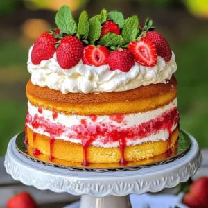 - 2 cups all-purpose flour - 1 and 1/2 cups granulated sugar - 3 large eggs The main ingredients create the cake's base. The flour gives structure, while sugar sweetens and adds moisture. Eggs bind everything together. Each item plays a role in making the cake light and fluffy. - Fresh strawberries for garnish - Mint leaves for decoration These optional items add flair. Fresh strawberries on top make the cake look pretty. Mint leaves add a pop of green and a hint of flavor. You can use them to impress your guests! - Electric mixer - 9-inch round cake pans - Mixing bowls Using the right tools makes baking easier. An electric mixer saves time when creaming butter and sugar. You’ll need two 9-inch round cake pans to bake the layers evenly. Mixing bowls help keep everything organized. For the complete experience, check out the Full Recipe for all the steps and tips! 1. Preheat oven and prepare cake pans Start by preheating your oven to 350°F (175°C). While the oven heats, grab two 9-inch round cake pans. Grease them with butter and dust with flour. This step helps the cakes come out easily. 2. Cream butter and sugar In a large bowl, put the softened butter and granulated sugar. Use your electric mixer to blend them on medium speed. Mix until the mixture is light and fluffy, for about 3-4 minutes. This process adds air and makes your cake soft. 1. Combine dry ingredients in a separate bowl In another medium bowl, whisk together the all-purpose flour, baking powder, and salt. This ensures that the baking powder and salt mix evenly. 2. Alternate adding milk and dry mix to the creamed mixture Gradually add the dry mix to the butter mixture, alternating with whole milk. Start and end with the dry mix. Mix just until everything is combined. Do not overmix! This keeps your cake from being dense. 1. Divide batter and bake Gently fold in the fresh strawberry puree. Divide the batter evenly between the two prepared pans. Place them in the oven and bake for 25-30 minutes. Check if a toothpick inserted in the center comes out clean. 2. Cool cakes on wire racks After baking, take the cakes out and let them cool in the pans for about 10 minutes. Carefully transfer them to wire racks to cool completely. This step is key to getting the right texture in your cake. Follow these steps closely to ensure you create the best strawberry cake ever. For the complete recipe, check the section titled Full Recipe. Happy baking! - Use room temperature ingredients. This helps the batter mix well and rise properly. - Do not overmix the batter. Overmixing can make the cake dense and tough. - Chill your mixing bowl and beaters before whipping. This makes the cream whip faster. - Add sugar gradually for the best texture. This ensures the cream stays light and fluffy. - Use an elegant cake stand to show off your cake. It adds a nice touch to your dessert table. - Garnish with fresh mint leaves. This adds color and a hint of freshness to your cake. These tips will help you create the best strawberry cake ever. For the full recipe, check out Delightful Strawberry Bliss Cake. {{image_4}} To make your cake even more fun, try adding lemon zest. This brings a bright, fresh taste. The zest adds a nice balance to the sweet strawberries. You can also mix in other berries. Raspberries or blueberries work great for a mixed berry cake. Each berry adds its own unique flavor and color. If you or your guests need gluten-free options, simply swap regular flour for gluten-free flour. Many brands work well in cakes. You can also choose dairy-free whipping cream. Look for coconut cream or almond-based options. These swaps still give you a rich, creamy texture without the dairy. When serving, drizzle some strawberry puree on the plate. This makes the cake look fancy and adds extra flavor. You can also serve each slice with a scoop of vanilla ice cream. The cool creaminess pairs perfectly with the sweet cake. For a special touch, add a few fresh mint leaves. This makes your dessert look fresh and inviting. To keep your strawberry cake fresh, you should always store it in an airtight container. This helps prevent it from drying out. You can keep the cake at room temperature for up to two days. However, if you want it to last longer, put it in the fridge. Refrigerated cake stays fresh for about a week. If you want to save some for later, freezing works great. First, wrap each cake layer in plastic wrap. Then place them in a freezer bag. This keeps out air and moisture. When you’re ready to eat, take the layers out. Let them thaw in the fridge overnight. Serve them once they reach room temperature. To make sure your cake stays fresh, follow a few best practices. Always check for mold or an off smell. If the cake feels dry or hard, it’s time to toss it. Enjoying your cake while it’s fresh gives you the best taste. Look for signs like a change in color or texture. That way, you can avoid any spoiled bites! To make the cake gluten-free, you can use gluten-free flour blends. Brands like Bob's Red Mill and King Arthur Flour offer great options. You can also use almond flour or coconut flour. If you choose these, remember to adjust the liquid in the recipe. Yes, you can use frozen strawberries. Just thaw them and drain any excess liquid. This will help keep the cake moist. Blend the thawed strawberries into a puree before adding them to the batter. If your cake turns out dry, you can try a few fixes. First, ensure you measure your flour correctly. Too much flour can lead to dryness. If it’s already baked, you can brush the layers with milk or syrup before frosting. This will add moisture. The strawberry cake lasts about 3-4 days when stored in an airtight container. Keep it at room temperature for the best taste. If you want it to last longer, refrigerate it. Just note that cold can change the texture a bit. If your whipped cream isn’t forming peaks, check a few things. First, make sure your heavy cream is cold. Chill your mixing bowl and beaters too. Whip slowly at first, then increase the speed. If it still doesn’t work, add a bit more powdered sugar or use a stabilizer. For the full recipe, visit Delightful Strawberry Bliss Cake . In this blog post, we explored the essential ingredients and steps to make a delicious cake. We talked about baking tips and how to store your cake properly. Remember, using fresh ingredients and following each step carefully leads to the best results. Don't forget to try fun variations and serve your cake with tasty sides. Now, you have all the knowledge needed to make a delightful strawberry cake. Enjoy baking and sharing your sweet creation!