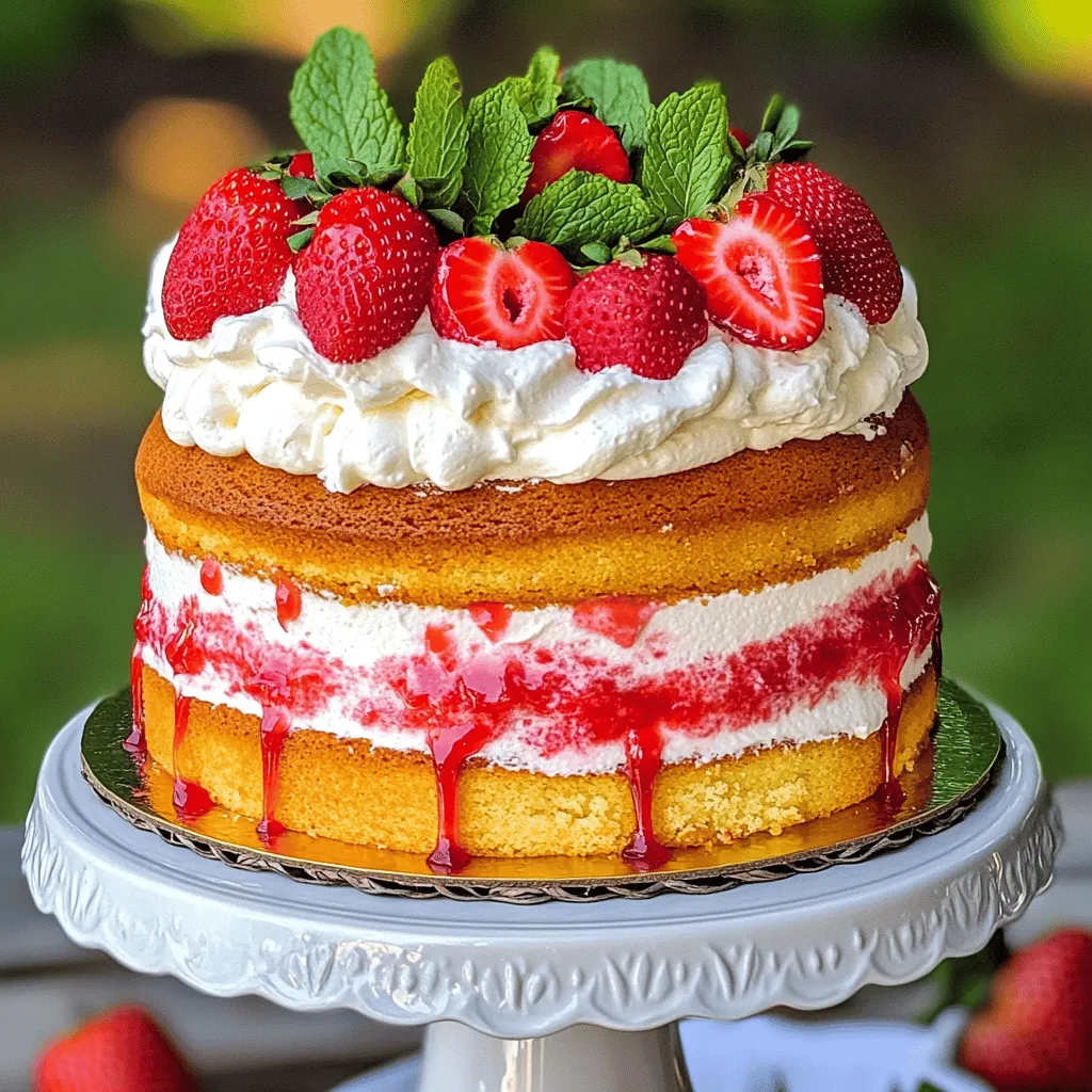 - 2 cups all-purpose flour - 1 and 1/2 cups granulated sugar - 3 large eggs The main ingredients create the cake's base. The flour gives structure, while sugar sweetens and adds moisture. Eggs bind everything together. Each item plays a role in making the cake light and fluffy. - Fresh strawberries for garnish - Mint leaves for decoration These optional items add flair. Fresh strawberries on top make the cake look pretty. Mint leaves add a pop of green and a hint of flavor. You can use them to impress your guests! - Electric mixer - 9-inch round cake pans - Mixing bowls Using the right tools makes baking easier. An electric mixer saves time when creaming butter and sugar. You’ll need two 9-inch round cake pans to bake the layers evenly. Mixing bowls help keep everything organized. For the complete experience, check out the Full Recipe for all the steps and tips! 1. Preheat oven and prepare cake pans Start by preheating your oven to 350°F (175°C). While the oven heats, grab two 9-inch round cake pans. Grease them with butter and dust with flour. This step helps the cakes come out easily. 2. Cream butter and sugar In a large bowl, put the softened butter and granulated sugar. Use your electric mixer to blend them on medium speed. Mix until the mixture is light and fluffy, for about 3-4 minutes. This process adds air and makes your cake soft. 1. Combine dry ingredients in a separate bowl In another medium bowl, whisk together the all-purpose flour, baking powder, and salt. This ensures that the baking powder and salt mix evenly. 2. Alternate adding milk and dry mix to the creamed mixture Gradually add the dry mix to the butter mixture, alternating with whole milk. Start and end with the dry mix. Mix just until everything is combined. Do not overmix! This keeps your cake from being dense. 1. Divide batter and bake Gently fold in the fresh strawberry puree. Divide the batter evenly between the two prepared pans. Place them in the oven and bake for 25-30 minutes. Check if a toothpick inserted in the center comes out clean. 2. Cool cakes on wire racks After baking, take the cakes out and let them cool in the pans for about 10 minutes. Carefully transfer them to wire racks to cool completely. This step is key to getting the right texture in your cake. Follow these steps closely to ensure you create the best strawberry cake ever. For the complete recipe, check the section titled Full Recipe. Happy baking! - Use room temperature ingredients. This helps the batter mix well and rise properly. - Do not overmix the batter. Overmixing can make the cake dense and tough. - Chill your mixing bowl and beaters before whipping. This makes the cream whip faster. - Add sugar gradually for the best texture. This ensures the cream stays light and fluffy. - Use an elegant cake stand to show off your cake. It adds a nice touch to your dessert table. - Garnish with fresh mint leaves. This adds color and a hint of freshness to your cake. These tips will help you create the best strawberry cake ever. For the full recipe, check out Delightful Strawberry Bliss Cake. {{image_4}} To make your cake even more fun, try adding lemon zest. This brings a bright, fresh taste. The zest adds a nice balance to the sweet strawberries. You can also mix in other berries. Raspberries or blueberries work great for a mixed berry cake. Each berry adds its own unique flavor and color. If you or your guests need gluten-free options, simply swap regular flour for gluten-free flour. Many brands work well in cakes. You can also choose dairy-free whipping cream. Look for coconut cream or almond-based options. These swaps still give you a rich, creamy texture without the dairy. When serving, drizzle some strawberry puree on the plate. This makes the cake look fancy and adds extra flavor. You can also serve each slice with a scoop of vanilla ice cream. The cool creaminess pairs perfectly with the sweet cake. For a special touch, add a few fresh mint leaves. This makes your dessert look fresh and inviting. To keep your strawberry cake fresh, you should always store it in an airtight container. This helps prevent it from drying out. You can keep the cake at room temperature for up to two days. However, if you want it to last longer, put it in the fridge. Refrigerated cake stays fresh for about a week. If you want to save some for later, freezing works great. First, wrap each cake layer in plastic wrap. Then place them in a freezer bag. This keeps out air and moisture. When you’re ready to eat, take the layers out. Let them thaw in the fridge overnight. Serve them once they reach room temperature. To make sure your cake stays fresh, follow a few best practices. Always check for mold or an off smell. If the cake feels dry or hard, it’s time to toss it. Enjoying your cake while it’s fresh gives you the best taste. Look for signs like a change in color or texture. That way, you can avoid any spoiled bites! To make the cake gluten-free, you can use gluten-free flour blends. Brands like Bob's Red Mill and King Arthur Flour offer great options. You can also use almond flour or coconut flour. If you choose these, remember to adjust the liquid in the recipe. Yes, you can use frozen strawberries. Just thaw them and drain any excess liquid. This will help keep the cake moist. Blend the thawed strawberries into a puree before adding them to the batter. If your cake turns out dry, you can try a few fixes. First, ensure you measure your flour correctly. Too much flour can lead to dryness. If it’s already baked, you can brush the layers with milk or syrup before frosting. This will add moisture. The strawberry cake lasts about 3-4 days when stored in an airtight container. Keep it at room temperature for the best taste. If you want it to last longer, refrigerate it. Just note that cold can change the texture a bit. If your whipped cream isn’t forming peaks, check a few things. First, make sure your heavy cream is cold. Chill your mixing bowl and beaters too. Whip slowly at first, then increase the speed. If it still doesn’t work, add a bit more powdered sugar or use a stabilizer. For the full recipe, visit Delightful Strawberry Bliss Cake . In this blog post, we explored the essential ingredients and steps to make a delicious cake. We talked about baking tips and how to store your cake properly. Remember, using fresh ingredients and following each step carefully leads to the best results. Don't forget to try fun variations and serve your cake with tasty sides. Now, you have all the knowledge needed to make a delightful strawberry cake. Enjoy baking and sharing your sweet creation!