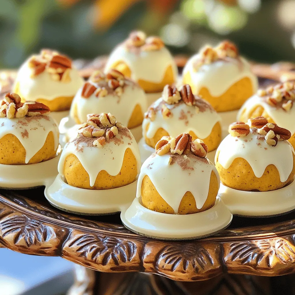 Here is what you need to make no bake pumpkin cheesecake balls: - 1 cup cream cheese, softened - 1/2 cup pure pumpkin puree - 1/4 cup powdered sugar, sifted - 1 teaspoon pure vanilla extract - 1 teaspoon ground cinnamon - 1/2 teaspoon ground nutmeg - 1/4 teaspoon ground ginger - 1 cup graham cracker crumbs - 1/2 cup white chocolate chips, melted - Chopped pecans or walnuts (optional) These ingredients blend together to create a creamy and flavorful treat. The cream cheese gives a rich base, while the pumpkin adds that lovely fall taste. The spices, cinnamon, nutmeg, and ginger, bring warmth and depth. You can use chopped nuts for a nice crunch. With the full recipe, you will find that each ingredient plays an important role in flavor and texture. Make sure to use pure pumpkin puree, as it really enhances the taste. When you gather your ingredients, be sure they are at room temperature, especially the cream cheese. This helps everything mix smoothly. - Combine cream cheese and pumpkin puree. - Mix in powdered sugar and vanilla. - Add spices and graham cracker crumbs. - Chill the mixture before shaping. Start by combining 1 cup of softened cream cheese and 1/2 cup of pure pumpkin puree in a large bowl. I like using an electric mixer, but a wooden spoon works fine too. Mix until it becomes smooth and creamy, without lumps. Next, add 1/4 cup of sifted powdered sugar and 1 teaspoon of pure vanilla extract. This gives the mix sweetness and flavor. Blend until everything is silky. Now, it’s time for the spices! Sprinkle in 1 teaspoon of ground cinnamon, 1/2 teaspoon of ground nutmeg, and 1/4 teaspoon of ground ginger. Stir well to spread the spices evenly. Then, fold in 1 cup of graham cracker crumbs. This gives our balls a nice texture. Mix until the dough feels firm but easy to mold. Cover the bowl with plastic wrap and chill it in the fridge for about 30 minutes. This helps the mixture firm up, making it easier to shape into balls. - Form into bite-sized balls. - Dip in melted white chocolate. - Roll in nuts, if desired. After chilling, take the bowl out and use a small cookie scoop or your hands. Shape the mixture into bite-sized balls, about 1 inch wide. Place them on a parchment-lined baking sheet with space in between each ball. Next, melt 1/2 cup of white chocolate chips until smooth. Dip each ball into the melted chocolate, ensuring they are fully coated. Use a fork to lift them out, letting any extra chocolate drip off. If you like, roll the balls in chopped pecans or walnuts for added crunch. - Place on a lined baking sheet. - Refrigerate until chocolate is set. Return the chocolate-coated balls to the parchment-lined baking sheet. Pop them back into the fridge for 15 to 20 minutes. This step ensures the chocolate sets nicely. The result? Delicious no-bake pumpkin cheesecake balls that are ready to enjoy! For the full recipe, check out the details above. To make the best no bake pumpkin cheesecake balls, start with room temperature cream cheese. Cold cream cheese can create lumps in your mix. This can ruin the smooth texture we want. Leave the cream cheese out for about 30 minutes before you start. Chilling your mixture is also key. After mixing, refrigerate it for at least 30 minutes. This helps the mixture firm up, making it easier to shape into balls. If it feels too soft, chill it a bit longer. You can easily switch up the spices in this recipe. For a twist, try adding allspice or cloves. These spices add depth and a new flavor profile. Another fun idea is to use flavored white chocolate. You can find options like vanilla or caramel. This small change can bring a new taste to your cheesecake balls. Experiment and find your favorites! For the full recipe, check out the detailed instructions above. {{image_4}} You can choose between dark chocolate and white chocolate for coating. Dark chocolate gives a rich, bold taste. It pairs nicely with the sweet pumpkin flavor. White chocolate offers a creamy, sweet touch. Both options look great and add a nice finish. For rolling, try using different nuts. Chopped pecans or walnuts add crunch and flavor. You could also use almonds or hazelnuts. Each nut brings its unique taste to the pumpkin cheesecake balls. Experiment to find your favorite combination. To make these cheesecake balls gluten-free, use gluten-free graham crackers. Many brands offer tasty options that work just as well. This swap allows everyone to enjoy these treats. If you're looking for vegan alternatives, consider using cashew cream instead of cream cheese. Soak cashews, blend them, and mix with pumpkin puree. This gives a creamy texture without dairy. You can also find vegan cream cheese at stores. These adjustments keep the flavor while catering to different diets. To keep your no bake pumpkin cheesecake balls fresh, store them in an airtight container. This will help keep them from drying out. If you have leftovers, place a layer of parchment paper between layers of balls to avoid sticking. You can keep the cheesecake balls in the fridge for about a week. Just make sure the container is sealed well. If you want to save them longer, you can freeze them for up to three months. Just remember to separate the layers with parchment paper before freezing. How do I make these cheesecake balls gluten-free? To make these cheesecake balls gluten-free, use gluten-free graham crackers. You can find many options at stores. Just crush them like regular graham crackers. The rest of the ingredients are already gluten-free, so it’s simple! Can I substitute the cream cheese with another ingredient? Yes, you can use mascarpone cheese or a dairy-free cream cheese. These will change the taste a bit, but they can still work well. Just make sure it has a similar creaminess for the right texture. Best drinks to pair with pumpkin cheesecake balls These tasty treats pair well with spiced apple cider or hot chocolate. You could also try a creamy latte or a nice chai tea. Each drink adds a cozy touch to your dessert. How to present them for a party Serve the pumpkin cheesecake balls on a fun platter. You can sprinkle cinnamon on top for color. Adding whole pecans makes it look even nicer. Use small paper cups for an easy grab-and-go treat. Can I add chocolate chips to the mixture? Absolutely! Adding chocolate chips gives a nice twist. Just fold in about half a cup before you chill the mixture. This will add a sweet surprise in each bite. What other flavors can I incorporate? You can try adding a touch of orange zest for a citrus kick. Or mix in some maple syrup for extra sweetness. Experimenting with flavors is part of the fun! Check the Full Recipe for more ideas! This blog post guides you through making delicious pumpkin cheesecake balls. We covered key ingredients like cream cheese and pumpkin puree. You learned straightforward steps for mixing and shaping, along with useful tips for perfecting texture and flavor. We also explored fun variations, storage tips, and common questions. With these insights, you can create tasty bites that impress friends and family. Don't be afraid to experiment with flavors and coatings. Enjoy your sweet treats!