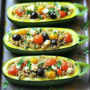 To make the Mediterranean stuffed zucchini, you'll need: - 4 medium zucchinis - 1 cup cooked quinoa - 1 cup cherry tomatoes, halved - 1/2 cup black olives, pitted and chopped - 1/2 cup feta cheese, crumbled - 1/4 cup red onion, finely chopped - 2 cloves garlic, minced - 1 teaspoon dried oregano - 1/2 teaspoon ground cumin - 2 tablespoons extra virgin olive oil - Salt and freshly cracked black pepper to taste - Fresh parsley, chopped, for garnish These ingredients blend well and create a fresh, tasty dish. The zucchini acts as a great vessel for healthy fillings. Quinoa adds protein, while olives and feta bring saltiness and depth. You can add several optional ingredients to enhance the taste: - Sliced bell peppers for crunch - Spinach for extra greens - Fresh basil for a fragrant touch - Pine nuts for a nutty flavor Feel free to mix in your favorite veggies or herbs. This makes the dish more exciting and personal. Here are some tools to make your cooking easier: - A baking dish for the zucchini - A mixing bowl for the filling - A spoon for scooping the zucchini - A sharp knife for cutting Using the right tools makes prep much simpler and more fun. Whether you follow the Full Recipe or create your own, these items will help you succeed. First, set your oven to 375°F (190°C). This helps cook the zucchinis evenly. While the oven heats, take the zucchinis. Slice them in half from top to bottom. Use a spoon to scoop out the seeds and a bit of flesh. This creates space for the tasty filling. Place the hollow zucchinis, cut side up, in a baking dish. In a large bowl, mix the cooked quinoa with halved cherry tomatoes, chopped black olives, crumbled feta cheese, finely chopped red onion, and minced garlic. Add in dried oregano and ground cumin for extra flavor. Stir everything well. This step blends all the unique tastes together. Next, fill each zucchini half with the quinoa mixture. Use a spoon to press down gently, packing it well. If you have extra filling, spread it evenly among the zucchinis. Cover the dish tightly with aluminum foil. Bake for about 25 minutes. This keeps the dish moist. After 25 minutes, remove the foil. Bake for another 10 minutes. This helps the tops turn golden and crispy. Once done, let them cool for a few minutes. Garnish with chopped parsley before serving. For the full recipe, check the earlier section. Enjoy! When picking zucchinis, look for firm ones. They should feel heavy for their size. Choose those with smooth skin and no blemishes. Smaller zucchinis are often sweeter and more tender. Avoid large zucchinis; they can be watery and have tough seeds. For the best taste, select organic zucchinis if possible. The filling should be moist but not soggy. To achieve this, ensure your quinoa is cooked and fluffed. Mix in the chopped vegetables and feta well. The olives add saltiness, while the tomatoes give juiciness. If your filling feels too dry, add a little more olive oil or a splash of lemon juice. This will keep it vibrant and fresh. To bake evenly, place the zucchini halves cut side up in the dish. Cover them with foil at first to trap steam. This helps them cook through without drying out. After 25 minutes, remove the foil for that perfect golden top. Check for doneness by piercing with a fork; they should feel tender but not mushy. For extra flavor, consider adding a sprinkle of Parmesan cheese on top before the final minutes of baking. For a complete guide, check the Full Recipe. {{image_4}} You can easily make this dish vegetarian. Simply leave out any meat. The filling stays tasty and filling with just vegetables and grains. Try adding more veggies like bell peppers or spinach. Mushrooms also add a great earthy taste. Want more protein? Add cooked chicken or turkey to your filling. Shred the meat and mix it with the quinoa. Lentils are a great choice too. They are packed with protein and keep this dish healthy. Just make sure they are cooked before mixing in. For gluten-free stuffed zucchini, use rice instead of quinoa. Cauliflower rice is another good option. If you need a dairy-free version, skip the feta cheese. You can try nutritional yeast for a cheesy flavor without dairy. Adjust the spices to keep it tasty! These variations make Mediterranean stuffed zucchini a dish everyone can enjoy. For more details on how to prepare it, check out the Full Recipe. To store leftovers, let the stuffed zucchini cool first. Place them in an airtight container. This keeps the flavors fresh and prevents drying out. You can store them in the fridge for up to three days. If you want to keep them longer, freezing is a great option. To freeze, wrap each stuffed zucchini tightly in plastic wrap. Then place them in a freezer-safe bag or container. This helps prevent freezer burn. You can freeze them for up to three months. When ready to eat, simply thaw them in the fridge overnight. When reheating, use the oven for the best taste. Preheat your oven to 350°F (175°C). Place the zucchini in a baking dish and cover with foil. Heat for about 15-20 minutes, or until warm. This method keeps them moist and tasty, unlike microwaving which can make them soggy. Enjoy each bite of your Mediterranean stuffed zucchini! For the full recipe, check out the details above. You need to bake stuffed zucchini for about 35 minutes. This time includes 25 minutes covered with foil and 10 minutes uncovered. The foil keeps the zucchini moist, while baking it uncovered lets the tops get golden. Check to see if the zucchini is tender. If not, bake for a few more minutes. Yes, you can use other grains instead of quinoa. Brown rice, couscous, or farro are great options. Just make sure they are cooked before adding them to your filling. Each grain will give a different taste and texture, so choose what you like best. Mediterranean stuffed zucchini pairs well with many dishes. You can serve it with a fresh salad or a side of roasted vegetables. A tangy yogurt sauce or tzatziki also adds a nice flavor. For a heartier meal, serve it with warm pita bread or rice. Explore these options to find your favorite combination. For the complete recipe, check out the Full Recipe link! Mediterranean stuffed zucchini is a flavorful dish with many options. We covered key ingredients, step-by-step cooking, and smart tips. This dish offers tasty ways to enjoy veggies, proteins, and grains. Remember, you can adapt it to fit your taste or needs. Store leftovers well and reheat for best flavor. Try different fillings and share your favorite versions with others. I hope you enjoy making this dish as much as I do!