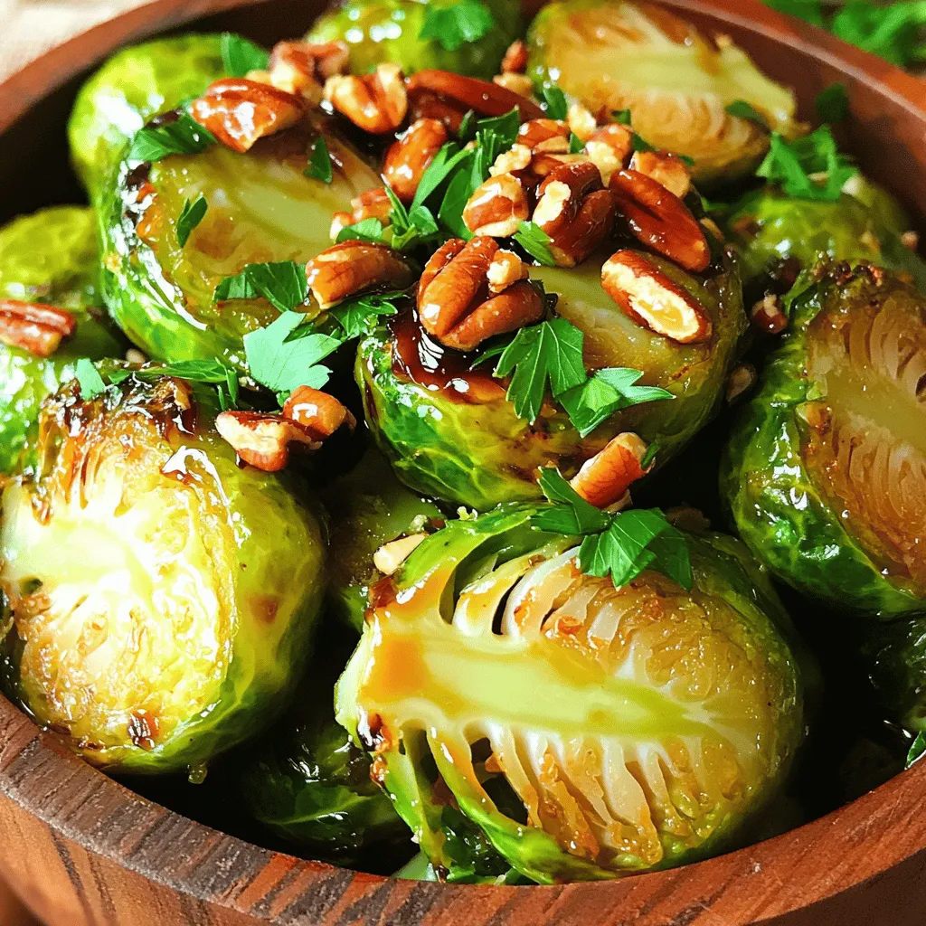 - 1 lb Brussels sprouts, trimmed and halved - 3 tablespoons extra virgin olive oil - 1/4 cup pure maple syrup - 1 teaspoon Dijon mustard - 1/2 teaspoon garlic powder - 1/2 teaspoon sea salt - 1/4 teaspoon freshly ground black pepper - 1/4 cup chopped pecans (optional) - 2 tablespoons balsamic vinegar (optional for drizzling) - Baking sheet - Parchment paper - Mixing bowl - Whisk or spoon To make roasted maple Brussels sprouts, you need some key ingredients. First, Brussels sprouts are the star. They bring a nice, earthy flavor. Next, olive oil adds richness. Maple syrup gives a sweet touch. Dijon mustard adds a bit of zing. Garlic powder, sea salt, and black pepper enhance the overall taste. You can choose to add chopped pecans for crunch. If you like, drizzle balsamic vinegar over the sprouts when they finish cooking. This will add a tangy contrast to the sweetness. Using the right tools helps a lot. A baking sheet lined with parchment paper makes cleanup easy. A mixing bowl is perfect for combining the glaze. You can use a whisk or a spoon to mix well. This will ensure every Brussels sprout gets a delicious coating. For the full recipe, check out the detailed instructions to create this tasty dish. - Preheat the oven to 425°F (220°C). - Prepare the baking sheet lined with parchment paper. - In a bowl, whisk together: - 3 tablespoons extra virgin olive oil - 1/4 cup pure maple syrup - 1 teaspoon Dijon mustard - 1/2 teaspoon garlic powder - 1/2 teaspoon sea salt - 1/4 teaspoon freshly ground black pepper This glaze brings a sweet and savory vibe to the sprouts. It’s easy to mix, and you can do it while the oven preheats. - Toss Brussels sprouts in the glaze until fully coated. - Spread them on the baking sheet in a single layer. Make sure each sprout gets a good coat. This step is key for flavor. - Roast for 20-25 minutes, stirring halfway through. - Add chopped pecans during the last 5 minutes of roasting. Stirring helps them cook evenly. The pecans add a nice crunch and flavor boost. For the full recipe, you can check the link above. Enjoy your cooking adventure! To get the best Brussels sprouts, space them out on the baking sheet. This helps them cook evenly. If they are too close, they will steam instead of roast. Stirring halfway through roasting is key. This ensures every sprout gets a chance to brown and caramelize. You can boost the taste by using different types of mustard. Spicy brown mustard adds a nice kick. For a milder flavor, use yellow mustard. Adding herbs like thyme or rosemary also brings depth. These fresh herbs pair well with the sweetness of maple syrup. When serving your roasted sprouts, a rustic wooden bowl looks great. You can also use a large platter for a nice presentation. Garnish with chopped parsley or extra pecans for color. For a drink, a light white wine complements the dish well. You might also serve them with roasted chicken or quinoa for a full meal. For the complete details, check out the Full Recipe. {{image_4}} You can switch up the flavor by using honey or agave nectar instead of maple syrup. Both options add a sweet touch but have different flavors. Honey gives a floral note, while agave is milder and less sweet. Simply replace the maple syrup with an equal amount of your choice. Enjoy the unique twist! If you want a vegan dish, you can easily make some swaps. For Dijon mustard, use a vegan version or skip it altogether. It will still taste great without it! If you need a nut-free dish, just leave out the pecans. The Brussels sprouts will still shine with their natural flavor. Want to add some savory depth? Try adding bacon or pancetta. They will give your dish a smoky flavor that pairs well with the sweet maple. Just chop them up and toss them in with the Brussels sprouts before roasting. For a touch of sweetness, toss in some dried cranberries. They add a nice contrast to the savory elements. For the full recipe, explore the delicious steps to make this dish come alive! To store leftover roasted maple Brussels sprouts, place them in an airtight container. Make sure to cool them to room temperature first. This keeps them fresh and tasty. You can store them in the refrigerator for up to four days. If you want to enjoy them later, consider freezing. When reheating, the oven is best. Preheat it to 350°F (175°C). Spread the sprouts on a baking sheet. Heat them for about 10-15 minutes. This method helps keep their crispness. If you use a microwave, heat them in short bursts. Stir often to prevent sogginess. The goal is to warm them without losing flavor. Yes, you can freeze roasted Brussels sprouts, but they may lose some texture. To freeze, let them cool completely first. Then, spread them in a single layer on a baking sheet. Once frozen, transfer them to a freezer-safe bag. They can last up to three months. When ready to eat, thaw them in the fridge overnight before reheating. Yes, you can prepare these Brussels sprouts ahead of time. Here are some tips for prepping in advance: - Wash and trim the Brussels sprouts a day before. Store them in an airtight container. - Mix the glaze and keep it in the fridge for up to three days. - Combine sprouts and glaze just before roasting for the best flavor. There are great alternatives to maple syrup. Here are some options: - Honey adds sweetness and a floral note. - Agave nectar is mild and works well. - Brown sugar mixed with water can mimic maple syrup's taste. - Molasses gives a richer, deeper flavor if you want something bold. You can tell Brussels sprouts are ready by looking for these signs: - They should be golden brown on the outside. - A fork should easily pierce them, showing they are tender. - If they have a slightly crispy texture, they are perfect for serving. In this guide, we've explored how to make delicious roasted maple Brussels sprouts. You learned about the key ingredients, including fresh sprouts and sweet maple syrup. We covered step-by-step instructions and valuable tips for perfect roasting. Flavor variations and storage options give you flexibility. Remember, small changes can lead to tasty results. Enjoy this simple and flavorful dish as a side or snack. You'll impress your friends and family with your new cooking skills. Happy roasting!