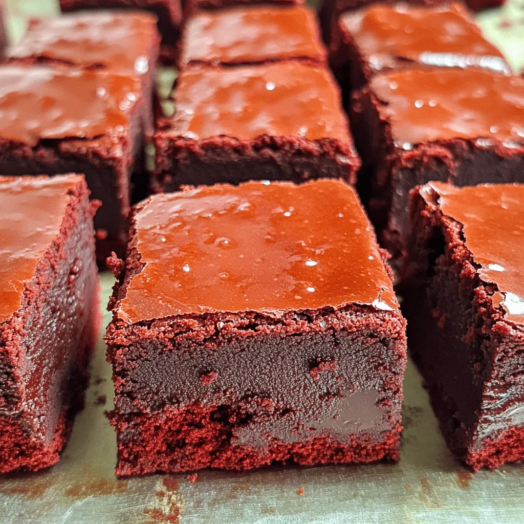 For fudgy red velvet brownies, you need some key ingredients. Here’s what you will use: - 1 cup all-purpose flour - 1/2 cup unsweetened cocoa powder - 1 cup granulated sugar - 1/2 cup brown sugar, packed tightly - 1/2 cup unsalted butter, melted and slightly cooled - 2 large eggs, at room temperature - 1 tablespoon red food coloring - 1 teaspoon pure vanilla extract - 1/2 teaspoon baking powder - 1/4 teaspoon fine sea salt - 1/2 cup semi-sweet chocolate chips (optional, but recommended) These ingredients create a rich and moist brownie that stands out. Using the right measurements is key. If you need to substitute, here are some ideas: - You can use whole wheat flour instead of all-purpose flour for a healthier option. - Maple syrup or honey can replace granulated sugar, but adjust the liquid in the recipe. - If you want a dairy-free option, use coconut oil in place of unsalted butter. - For a vegan twist, use flax eggs instead of regular eggs (1 tablespoon ground flaxseed + 2.5 tablespoons water per egg). These swaps help fit various diets while keeping the flavor intact. Want to take your brownies to the next level? Consider these optional add-ins: - Chopped nuts like walnuts or pecans add a nice crunch. - Swirling in cream cheese can create a lovely contrast. - A sprinkle of sea salt on top enhances the sweetness. - You can add festive sprinkles for a fun touch. These extras can make your fudgy red velvet brownies even more special. For the complete recipe, refer to the Full Recipe section. Start by preheating your oven to 350°F (175°C). This ensures the brownies bake evenly. Next, prepare a 9x9-inch baking pan. Grease it with cooking spray or softened butter. Alternatively, you can line it with parchment paper. This makes removing the brownies easy later. In a large mixing bowl, pour in the melted butter. Add one cup of granulated sugar and half a cup of brown sugar. Whisk these together. Make sure the mixture is smooth and well combined. This step gives your brownies a rich sweetness. Now, crack in two large eggs. Add them one at a time. Mix well after each addition. This helps to keep the batter fluffy. Then, add one tablespoon of red food coloring and one teaspoon of pure vanilla extract. Stir until the mixture turns a bright, inviting red. Take another bowl. Sift together one cup of all-purpose flour, half a cup of cocoa powder, half a teaspoon of baking powder, and a quarter teaspoon of fine sea salt. Sifting mixes the ingredients well and removes lumps. These dry ingredients are key for that fudgy texture. Gradually add the dry mix to the wet ingredients. Use a spatula or wooden spoon to fold them together. Be gentle and do not overmix; this keeps your brownies fudgy. If you love chocolate, now is the time to fold in half a cup of semi-sweet chocolate chips. Pour the rich brownie batter into the prepared pan. Use your spatula to even out the top. Place the pan in the preheated oven. Bake for 25 to 30 minutes. To check if they are done, insert a toothpick into the center. It should come out with a few moist crumbs, not wet batter. To get that rich fudgy texture, you must use the right balance of ingredients. The key is to not overmix the batter. When you combine the wet and dry ingredients, mix just until you see no more flour. Overmixing adds air and can make brownies cake-like instead of fudgy. Another tip is to use melted butter. This gives the brownies a dense and moist feel. If you want extra fudginess, consider adding more chocolate chips. Avoid using cold eggs; they can change the batter's texture. Make sure your eggs are at room temperature before adding them in. Also, do not skip the sifting step for dry ingredients. Sifting helps blend everything smoothly, which affects your final product. Lastly, be cautious with baking time. Every oven is different, so check your brownies a few minutes early. If you pull them out too late, they can dry out. These fudgy red velvet brownies shine when served warm. Try adding a scoop of vanilla ice cream on top for a classic touch. A drizzle of cream cheese frosting also works wonders, enhancing the red velvet flavor. You can pair these brownies with a rich chocolate sauce or fresh berries for a refreshing contrast. For an extra layer of flavor, serve them alongside a cup of coffee or a glass of cold milk. For the full experience, check out the Full Recipe to make these delightful treats. {{image_4}} To make gluten-free fudgy red velvet brownies, swap all-purpose flour for a gluten-free blend. Look for a blend that includes xanthan gum. This gum helps give structure to your brownies. Make sure to check that your cocoa powder and chocolate chips are also gluten-free. The taste remains rich and delicious, just like the original! To create a vegan version of these brownies, replace the eggs with flaxseed meal. Use 1 tablespoon of flaxseed meal mixed with 2.5 tablespoons of water for each egg. Let it sit for about five minutes to thicken. For butter, use coconut oil or a plant-based butter. Choose dark chocolate chips that are dairy-free for a tasty treat. You can add fun flavors to your fudgy red velvet brownies. For a mint twist, add 1 teaspoon of mint extract to the batter. If you love hazelnut, stir in some chopped hazelnuts or hazelnut spread. You can mix in different extracts, too, like almond or orange, for a unique taste. Try these variations to wow your guests! For the complete recipe, refer to the [Full Recipe]. To keep your fudgy red velvet brownies fresh, store them in an airtight container. This container helps lock in moisture and keeps your brownies soft. You can stack them in layers, but place parchment paper between layers to avoid sticking. Keep the container at room temperature for up to three days. If you want to keep them longer, consider freezing. Freezing brownies is simple. First, let them cool completely after baking. Cut them into squares or leave them whole. Wrap each piece in plastic wrap, then place them in a freezer bag. Make sure to remove as much air as possible. These brownies can stay frozen for up to three months. Label the bag with the date for easy tracking. To enjoy your brownies again, thaw them in the fridge overnight. For a warm treat, heat them in the microwave. Place a brownie on a plate and microwave for about 10-15 seconds. If you prefer an oven, preheat it to 350°F (175°C). Warm the brownies for about 5-10 minutes. This method helps keep them soft and fudgy, just like when they were fresh. For the full recipe, check out the details above. Brownies last about 3 to 5 days at room temperature. Store them in an airtight container to keep them fresh. You can also refrigerate them, which can extend their life to a week. If you want to save them longer, freeze them for up to 3 months. Yes, you can use other food colorings. Gel food coloring works well, as it gives a deep color without adding too much liquid. You could also try natural colorings, like beet juice, for a different twist. Just keep in mind that the shade may vary. To check if your brownies are done, insert a toothpick in the center. If it comes out with a few moist crumbs, they are ready. If it has wet batter, bake them a few more minutes. Avoid overbaking to keep them fudgy and soft. Fudgy red velvet brownies pair nicely with vanilla ice cream or whipped cream. You can also dust them with powdered sugar. For a fun touch, try adding fresh raspberries or a drizzle of chocolate sauce. These additions make your dessert even more delightful. For the full recipe, check the section above! You now have a complete guide to making fudgy red velvet brownies. We covered key ingredients, measurements, and fun add-ins for flavor. The step-by-step instructions ensure your brownies are a hit. With tips to avoid common mistakes and variations for gluten-free and vegan options, you can customize your treats. Proper storage keeps leftovers fresh, and the FAQs help clear up any questions. Enjoy baking your brownies, and share them with others for smiles all around!