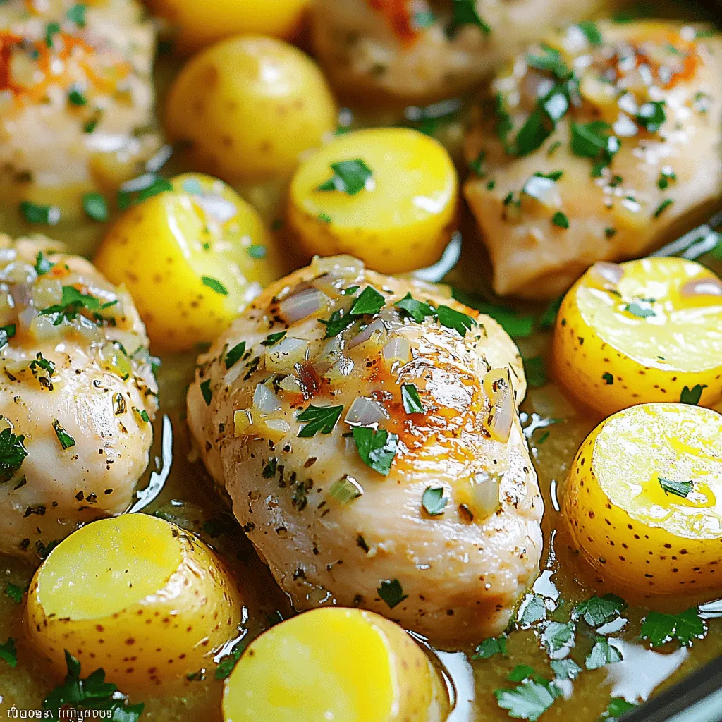 - 4 boneless, skinless chicken breasts - 1 pound baby yellow potatoes, halved - 4 cloves garlic, finely minced - 1 medium onion, finely chopped - 1 teaspoon dried thyme - 1 teaspoon dried rosemary - 1 teaspoon dried parsley - 1 teaspoon smoked paprika - Salt and freshly ground black pepper to taste - 2 tablespoons extra virgin olive oil - 1 cup low-sodium chicken broth - Fresh parsley leaves, chopped for garnish When I make this dish, I love using fresh ingredients. Each one adds its own magic. The chicken breasts are the star, soaking up all the flavors. The baby yellow potatoes are like little sponges, soaking up the broth and spices. This dish is healthy and filling. Each serving has about 350 calories. You get around 30 grams of protein, 20 grams of carbs, and 15 grams of fat. It’s a balanced meal that keeps you full. Plus, it offers fiber from the potatoes and vitamins from the garlic and herbs. I recommend pairing this meal with a simple green salad. A side of steamed broccoli or green beans also works well. This dish shines at family dinners or cozy nights in. It’s perfect for any occasion where you want comfort food that feels special. If you want the full experience, try the Full Recipe for all the details! - Mix together: - 4 cloves garlic, finely minced - 1 medium onion, finely chopped - 1 teaspoon dried thyme - 1 teaspoon dried rosemary - 1 teaspoon dried parsley - 1 teaspoon smoked paprika - Salt and freshly ground black pepper to taste This mix brings a burst of flavor. It smells amazing! - Coat the chicken: Rub the herb mix evenly on both sides of the 4 boneless, skinless chicken breasts. This step is key for taste. - Layer the halved baby yellow potatoes at the bottom of the crockpot. This creates a nice base for the chicken. - Place the seasoned chicken on top of the potatoes. Make sure they are spaced evenly. This helps them cook well. - Set your crockpot to: - Low for 6-8 hours - High for 3-4 hours Both settings work well, but low gives a richer flavor. - To check for readiness, use a meat thermometer. The chicken should reach 165°F. It should look juicy and tender, ready to eat! Enjoy this easy and tasty meal! For the full recipe, don’t forget to check the details. To make your dish even tastier, add spices like oregano or basil. These herbs boost the flavor profile. You can also use fresh herbs if you have them. Marinate the chicken for a few hours or overnight to soak in more flavor. Just mix the herbs and oil, and let the chicken sit in it. To avoid dry chicken, cook it on low heat. High heat can dry it out quickly. Using a digital thermometer helps too. Aim for an internal temperature of 165°F. This ensures the chicken is safe and juicy. For a beautiful dish, arrange the chicken and potatoes on a large platter. Sprinkle extra parsley on top for color. A pop of green makes the dish look fresh and inviting. You can also serve it with lemon wedges for a bright touch. {{image_4}} You can change the vegetables in this dish. Try using carrots, green beans, or bell peppers. These will give you new flavors and colors. You can also swap proteins. Chicken thighs are a great option. They stay juicy and tender. Pork chops or tofu work well too. Each choice brings a unique taste. To make this dish gluten-free, check your broth. Use a gluten-free chicken broth. This ensures everyone at your table can enjoy it. For a keto-friendly version, reduce the potatoes. You can use cauliflower instead. This keeps the dish low in carbs while still being filling. If you want more zing, add lemon or lime. Just squeeze some juice before serving. It brightens the flavors and adds freshness. Want some heat? Sprinkle in chili flakes. They bring a nice kick without being overwhelming. Adjust these flavors to suit your taste and impress your guests. For the [Full Recipe], please refer back to the original recipe section. Crockpot Garlic Herb Chicken & Potatoes can stay fresh in your fridge for up to four days. Store it in an airtight container to keep it moist. When you're ready to enjoy it again, reheat in a microwave or on the stovetop. Heat until it's warm all the way through. You can also add a splash of broth to keep the chicken juicy. If you have leftovers, freezing is a great option. First, let the dish cool completely. Then, place it in freezer-safe containers. Seal tightly to avoid freezer burn. This dish can last for about three months in the freezer. For defrosting, take it out the night before and place it in the fridge. When ready, reheat it in a pot on low heat or in the microwave until warm. This dish works well for meal prep. You can make a big batch and portion it out for the week. Use clear, stackable containers for easy storage. Label each container with the date. It's a smart way to have healthy meals ready when you need them. Pair it with a fresh salad or steamed veggies to round out your meals. To check if the chicken is done, use a meat thermometer. The thickest part should reach 165°F (75°C). If you don’t have a thermometer, look for clear juices when you cut into the chicken. The meat should not be pink. Yes, you can add veggies! Carrots, green beans, or bell peppers work well. Just cut them into even pieces. If you add more veggies, reduce the cooking time by about 30 minutes. This helps ensure everything cooks evenly. Great side dishes are salad, bread, or steamed veggies. These pair well with the chicken's flavors. Consider a light vinaigrette or garlic bread for a nice touch. A side of green beans adds color and crunch. Enjoy the meal with family or friends for a delightful dinner. In this post, we explored a simple and tasty recipe for Crockpot Garlic Herb Chicken and Potatoes. You learned about the key ingredients, nutritional information, and various serving tips. I shared cooking steps, flavor enhancements, and storage advice to help you succeed. Remember, you can easily mix in other veggies or change proteins for a fresh twist. With these tips in hand, you can enjoy delightful meals anytime. Enjoy your cooking adventure and share your delicious results!