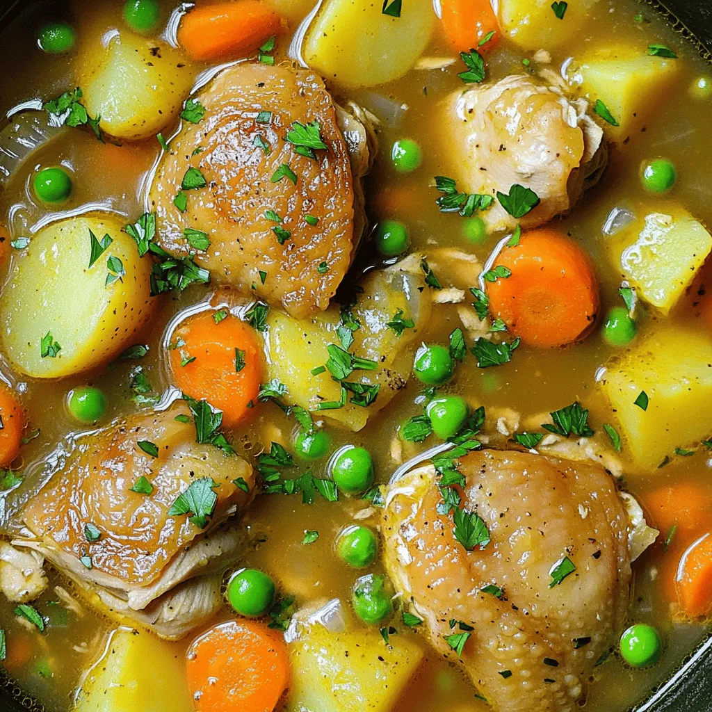 To make a great slow cooker chicken stew, you need key items. Here is what you'll need: - 2 lbs boneless, skinless chicken thighs, cut into bite-sized pieces - 4 medium carrots, peeled and sliced into rounds - 3 medium potatoes, peeled and diced into 1-inch cubes - 1 medium onion, finely chopped - 3 cloves garlic, minced - 1 cup frozen peas - 4 cups low-sodium chicken broth - 2 teaspoons dried thyme - 1 teaspoon dried rosemary - 1 teaspoon paprika - Salt and freshly ground black pepper to taste - 2 tablespoons olive oil - 1 tablespoon cornstarch (optional, for thickening) - 2 tablespoons fresh parsley, finely chopped (for garnish) These ingredients create a hearty and flavorful meal. The chicken thighs give the stew richness. Carrots and potatoes add sweetness and texture. You can add ingredients to boost the flavor. Some options include: - 1 cup of diced bell peppers for sweetness - 1 cup of green beans for crunch - 1 tablespoon of Worcestershire sauce for depth - A pinch of red pepper flakes for heat These options can change the taste and make the stew your own. Feel free to mix and match based on what you have at home. If you need to swap ingredients, here are some ideas: - Use chicken breast instead of thighs for a leaner option. - Swap potatoes for sweet potatoes for added sweetness and nutrition. - Use vegetable broth instead of chicken broth for a vegetarian stew. - For gluten-free needs, check the cornstarch and broth labels. These substitutions help you tailor the recipe to fit your diet. Cooking should always be flexible and fun! For the full recipe, check the Cozy Comfort Slow Cooker Chicken Stew section. To start, I heat olive oil in a large skillet over medium heat. Once the oil shimmers, I add the finely chopped onion and minced garlic. I sauté them for about four minutes. The onion should turn translucent and smell great. This step adds depth and flavor to the stew. Next, I transfer the sautéed onion and garlic into the slow cooker. On top of that, I layer in the chicken thighs, sliced carrots, diced potatoes, and frozen peas. It is important to spread the ingredients evenly. This helps each bite taste amazing. Then, I pour four cups of low-sodium chicken broth over everything. I sprinkle in dried thyme, rosemary, paprika, salt, and black pepper. Finally, I gently stir the mixture. This ensures every ingredient gets coated with broth and spices. Now, I cover the slow cooker with its lid. I set it to cook on low for six to eight hours or high for three to four hours. The chicken should be tender and fully cooked. If you want the stew thicker, I mix cornstarch with a little cold water to make a slurry. I stir this in during the last thirty minutes of cooking. This adds a nice, hearty texture. When the time is up, I taste the stew. I adjust the seasoning with more salt and pepper if needed. Then I serve it hot, garnished with fresh parsley. This adds color and extra flavor. For the full recipe, check out Cozy Comfort Slow Cooker Chicken Stew. To make your stew burst with flavor, start with fresh herbs. Use thyme and rosemary. They bring out the taste of the chicken. Sautéing the onion and garlic first adds depth. It makes the broth rich and savory. Don't forget to season well with salt and pepper. Taste it as you go. Adjust the seasoning to your liking. You can also add a splash of white wine for extra zing. This small step can elevate your dish. If you want a thicker stew, cornstarch is your friend. Mix two tablespoons with cold water to make a slurry. Stir this into the stew during the last 30 minutes of cooking. This will give your stew a nice, hearty texture. If you prefer a more natural method, use mashed potatoes. Simply mash a few of the cooked potatoes right in the pot. This adds body without extra ingredients. Having the right tools makes cooking easier. A good slow cooker is key. Choose one with a timer and a locking lid for safety. A sturdy cutting board and sharp knife help with prep. A large skillet is ideal for sautéing your aromatics. Finally, have measuring cups and spoons to keep your ingredients precise. These tools make the process smooth and fun. For more details about the full recipe, check out the complete guide. {{image_4}} You can make this stew even better by adding seasonal veggies. In spring, try peas and asparagus. In summer, add zucchini and bell peppers. In fall, sweet potatoes and butternut squash work great. In winter, root veggies like parsnips and turnips add warmth. These additions bring bright flavors and colors to your dish. They also give your stew a fresh twist. While chicken is the star of the show, you can switch it up! Try using turkey or pork for a new taste. If you want a richer flavor, beef works too. For a lighter option, consider using fish like salmon. Just remember, fish cooks faster, so add it in the last hour. Each protein adds its unique taste and texture, making the stew yours. Making this stew gluten-free is simple. Just use gluten-free broth and cornstarch. For low-carb options, swap potatoes for cauliflower or turnips. These veggies keep the dish hearty while lowering carbs. You can also reduce the number of carrots to cut sugar. These simple changes help you enjoy a delicious meal without worry. For the full recipe, check the ingredients and steps above. To keep your Slow Cooker Chicken Stew fresh, store it in an airtight container. Make sure it cools to room temperature first. This helps prevent bacteria growth. Label the container with the date. This way, you remember when you made it. When you're ready to enjoy leftovers, reheat the stew on the stove or in the microwave. If using the stove, add a splash of broth to a pot. Heat it over medium heat until hot, stirring often. If microwaving, place the stew in a microwave-safe bowl. Cover it and heat in short bursts, stirring in between. This helps heat evenly. If you want to save some stew for later, freezing works great. Let the stew cool completely. Then, pour it into freezer-safe bags or containers. Remove as much air as possible to avoid freezer burn. Label them with the date. You can freeze the stew for up to three months. To eat, thaw overnight in the fridge before reheating. Enjoy the flavors of your cozy meal anytime! For the full recipe, check out Cozy Comfort Slow Cooker Chicken Stew. Yes, you can! If you don't have a slow cooker, use a heavy pot or Dutch oven. Cook on low heat on the stove. Stir often to avoid sticking. Adjust the cooking time to about 1.5 to 2 hours. Check the chicken for tenderness. You can pair this stew with several tasty sides. Here are some ideas: - Crusty bread for dipping - Rice or quinoa for a filling meal - Simple green salad for freshness - Mashed potatoes for more comfort Slow Cooker Chicken Stew lasts about 3 to 4 days in the fridge. Store it in an airtight container. Make sure it cools down first. Reheat it on the stove or in the microwave before serving. Yes, you can use frozen chicken! Just add it to the slow cooker without thawing. Cooking time may increase slightly. Make sure the chicken reaches 165°F for safety. This makes meal prep easier and saves time. For the full recipe, check out Cozy Comfort Slow Cooker Chicken Stew. In this post, we covered how to make a tasty Slow Cooker Chicken Stew. We explored the main and optional ingredients that boost flavor. The step-by-step guide helps you prepare and cook the stew perfectly. Remember, you can adapt this recipe to fit your taste. Use different veggies or proteins and follow storage tips to keep leftovers fresh. Happy cooking! Enjoy your warm, hearty meal.