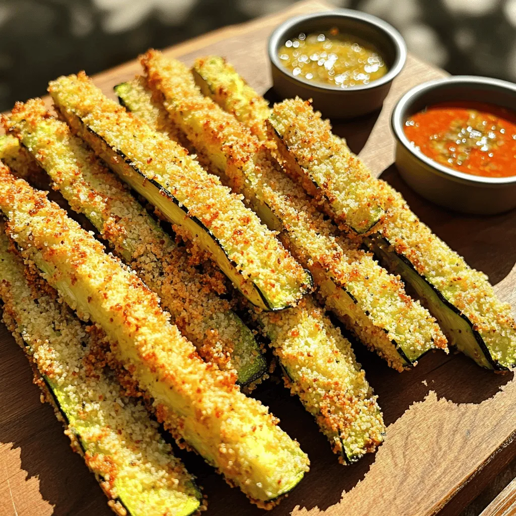 To make crispy air fryer zucchini fries, you need the following ingredients: - 2 medium zucchinis, sliced into fry-shaped strips - 1/2 cup all-purpose flour - 2 large eggs, whisked until frothy - 1 cup panko breadcrumbs (for an extra crunchy texture) - 1 teaspoon garlic powder - 1 teaspoon onion powder - 1 teaspoon smoked paprika - Salt and freshly cracked black pepper, to taste - Olive oil cooking spray Each ingredient plays a key role. The zucchini gives freshness. The flour helps the eggs stick. Eggs add moisture and help the breadcrumbs bond. Panko breadcrumbs create a nice crunch. The spices add great flavor. Olive oil spray helps everything crisp up nicely in the air fryer. This recipe is simple but rewarding. With just a few steps and these ingredients, you can create a tasty snack. For the full recipe, check the detailed instructions. Enjoy making your zucchini fries! Preheat your air fryer to 400°F (200°C). This step is key for making crispy fries. A hot air fryer gives that golden crunch you want. Set up three shallow bowls. In the first bowl, add 1/2 cup of all-purpose flour. In the second bowl, place 2 large eggs that you whisk until frothy. In the third bowl, mix 1 cup of panko breadcrumbs with 1 teaspoon each of garlic powder, onion powder, and smoked paprika. Add salt and pepper to taste. This mixture adds great flavor and crunch. Take one zucchini fry. Coat it in the flour, tapping off any excess. Next, dip it in the egg, making sure to cover it fully. Finally, roll the fry in the breadcrumb mix. Press gently to help the crumbs stick. This process is important for getting that perfect crunch. Once all fries are breaded, arrange them in a single layer in the air fryer basket. Avoid overcrowding to allow air to flow freely. Lightly spritz them with olive oil cooking spray. This will help them crisp up even more. Cook the zucchini fries for about 10-12 minutes. Flip them halfway through to ensure even browning. They should turn a lovely golden brown when done. Remove them carefully and let them cool for a couple of minutes. This helps keep them crispy. Enjoy your crispy air fryer zucchini fries! For the full recipe, check the detailed instructions above. To get that perfect crunch, use panko breadcrumbs. Panko is lighter and airier than regular breadcrumbs. It helps your zucchini fries stay crispy. For the best results, tap off excess flour after coating. This step makes sure the breadcrumbs stick well. Do not overcrowd the air fryer basket. If you add too many fries, they will steam instead of fry. Cook in batches if needed. Flip the zucchini fries halfway through cooking for even browning. This step ensures every side gets crispy. Serve these zucchini fries with dipping sauces. Ranch dressing or marinara sauce are great choices. They add flavor and make the fries even more fun to eat. Enjoy your crispy snack! Check out the Full Recipe for more details. {{image_4}} You can make zucchini fries even more exciting by adding different spices or cheese. Here are some ideas: - Spices: Try adding Italian seasoning, cumin, or cayenne pepper for heat. Each spice gives a unique taste. - Cheese: Grated Parmesan or cheddar can add a rich flavor. Just mix it into your breadcrumb mixture. For those with dietary needs, you can also make gluten-free options. Use almond flour or gluten-free breadcrumbs as a substitute. They work well and still taste great. You can cook zucchini fries in different ways. Each method has its own perks. - Baking in the oven: This method is simple. Spread the breaded fries on a baking sheet. Bake at 425°F (220°C) for about 20-25 minutes. They may not be as crispy as air-fried ones, but they are still tasty. - Deep-frying alternatives: If you want a classic fry, you can deep fry them. Heat oil in a pot to 350°F (175°C). Fry the zucchini fries in batches until golden brown. This method gives a nice crunch but can be less healthy. For the best outcome, I recommend the air fryer method. It keeps the fries crispy while using less oil. You can find the full recipe above to get started! To store leftover zucchini fries, let them cool first. Place them in an airtight container. You can keep them in the fridge for about three days. Make sure to layer them with parchment paper to avoid sogginess. For reheating, use your air fryer if you want to keep them crispy. Preheat your air fryer to 350°F (175°C). Place the fries in a single layer and heat for about 5-7 minutes. This method keeps the crunch. You can also use an oven. Heat it to 350°F (175°C) and bake for 10-15 minutes. You can freeze zucchini fries before cooking. After breading them, place the fries on a baking sheet in a single layer. Freeze them for about 2 hours. Once frozen, transfer them to a freezer bag. You can also freeze cooked fries, but they may lose some crispiness. Yes, you can make zucchini fries without eggs. You can use several egg replacements. Here are a few options: - Flaxseed meal: Mix 1 tablespoon of flaxseed meal with 2.5 tablespoons of water. Let it sit for 5 minutes to thicken. - Chia seeds: Use the same method as flaxseed meal. - Applesauce: Use 1/4 cup of unsweetened applesauce for each egg. - Yogurt: Use 1/4 cup of plain yogurt as a substitute. These options still help the breadcrumbs stick to the zucchini. Zucchini fries can last in the fridge for about 3 days. Store them in an airtight container. To keep them crispy, place a paper towel in the container. This absorbs excess moisture. Yes, you can prep zucchini fries ahead of time. Slice and bread the zucchini, then store them in the fridge. You can also freeze them for longer storage. Make sure to freeze them in a single layer on a baking sheet first. Once frozen, transfer them to a freezer bag. Zucchini fries pair well with many sauces. Here are some tasty options: - Ranch dressing: Creamy and herby, it balances the fries' crunch. - Marinara sauce: Sweet and tangy, it adds a nice flavor. - Garlic aioli: Rich and garlicky, it enhances the taste of the fries. - Sriracha mayo: A spicy kick gives it an exciting twist. Feel free to mix and match! Yes, this recipe is great for kids! It’s easy to make and fun to eat. Zucchini is healthy, full of vitamins, and low in calories. Plus, kids love the crunchy texture. You can even let them help in the kitchen, making it a fun family activity. This article shows you how to make tasty zucchini fries. We covered ingredients, steps, and tips for the perfect crunch. You can choose baking or air frying, and we explored fun variations. Storing and reheating leftovers is easy too. Remember, these fries are great with your favorite dips. Making this dish can be a fun activity, especially for kids. I hope you give it a try! Enjoy your cooking!