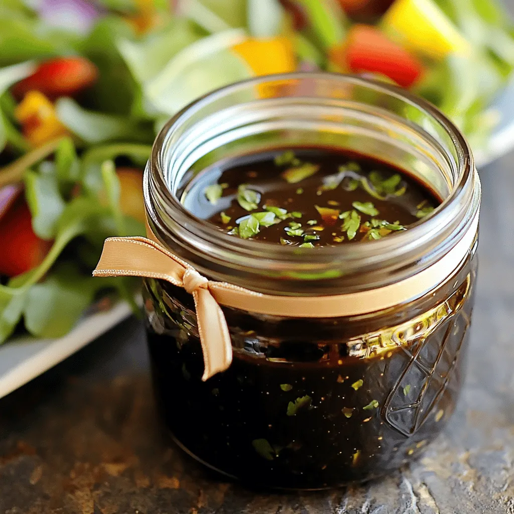This vinaigrette packs a punch of flavor and health. Balsamic vinegar offers antioxidants and can support heart health. Extra virgin olive oil is rich in healthy fats. It helps lower bad cholesterol. Dijon mustard adds a unique taste and aids digestion. Garlic boosts your immune system and adds zest. Honey or maple syrup brings natural sweetness without refined sugars. Not all balsamic vinegars are the same. Look for one that is thick and syrupy. A high-quality balsamic will have a complex flavor. Check the label for "tradizionale" or "aged." These terms indicate better quality. Avoid cheap brands that contain additives. They may lack flavor and health benefits. Both honey and maple syrup work well in this recipe. Honey gives a floral sweetness. It can enhance the flavor of the vinaigrette. Maple syrup is thick and rich. It adds a warm, earthy taste. If you are vegan, opt for maple syrup. Either choice will make your vinaigrette delicious. You can find the Full Recipe in the section above. Start by grabbing a medium-sized mixing bowl. This bowl is key for mixing your vinaigrette. Pour in 1/2 cup of high-quality balsamic vinegar. Next, add 1 tablespoon of Dijon mustard. This adds a nice tang. Then, include 1 tablespoon of honey or maple syrup for sweetness. The sweetness balances the vinegar's tartness perfectly. Now, it's time to blend. Use a whisk to mix the vinegar, mustard, and honey until smooth. As you mix, slowly drizzle in 1/4 cup of extra virgin olive oil. Whisk vigorously during this step. This helps the oil and vinegar blend well. You want a creamy, unified dressing. After emulsifying, fold in 1 clove of minced garlic and 1 teaspoon of dried oregano. These ingredients give your vinaigrette depth. Now it's time to taste. Add sea salt and freshly cracked black pepper to your liking. If you want it sweeter, add more honey or maple syrup. If you prefer more tang, add more balsamic vinegar. Adjust until it feels just right. Now you're ready to enjoy your Healthy Balsamic Vinaigrette! For the Full Recipe, check out the previous section. Adding fresh herbs boosts the flavor of your vinaigrette. Basil, parsley, or thyme works well. Chop them finely and mix them in right after you whisk the oil. This addition brings a fresh taste that elevates your salad or dish. Taste your vinaigrette after mixing. If it feels too sour, add more honey or maple syrup. If it’s too sweet, a little more balsamic vinegar does the trick. Adjust slowly, so you find the right balance for your taste. Store your vinaigrette in a jar with a tight lid. It lasts up to a week in the fridge. Shake it well before each use to mix the ingredients. You can also use the leftover vinaigrette as a marinade for meats or veggies. Enjoy the flavors again in a new dish! For the full recipe, check out the Lively Balsamic Vinaigrette Delight 🥗 section. {{image_4}} You can make your balsamic vinaigrette even better by adding fruits. Fresh fruits like berries or diced apples add sweetness and texture. For example, try mixing in some smashed strawberries or finely chopped peaches. These fruits pair well with the tangy balsamic flavor. You can add about 1/4 cup of pureed fruit to the vinaigrette. This change gives your dressing a fresh taste and makes salads more exciting. Switching up the mustard can change your vinaigrette's flavor. You can use spicy brown mustard for a bit of heat. Honey mustard can add sweetness, while whole grain mustard offers a nice crunch. Each type of mustard will give your vinaigrette a different character. Just replace the Dijon mustard with your choice in the original recipe. This simple swap keeps things fun while you explore new tastes. Herbs and spices can elevate your vinaigrette to a new level. Try adding fresh basil, thyme, or rosemary for a burst of flavor. Dried spices like paprika or cumin can also add depth. Start with a teaspoon of your chosen herb or spice. Taste and adjust as needed. This way, you can create a unique blend that suits your meal perfectly. Experimenting with these variations makes your dressing versatile and fun! For the full recipe, check out the Lively Balsamic Vinaigrette Delight 🥗. To keep your healthy balsamic vinaigrette fresh, store it in a clean jar. Make sure the jar has a tight lid. Place it in the fridge right after you make it. This keeps the flavors bright and tasty. Also, shake it well before each use. This helps mix the oil and vinegar again. Your vinaigrette will last about one week in the fridge. After that, the taste may change. If you see any changes in color or smell, throw it away. Always trust your senses! You can use leftover vinaigrette in many ways! Drizzle it on roasted veggies or grilled meats for extra flavor. It also works great as a dip for fresh bread. If you have extra, try using it in pasta salads. For a fun twist, mix it into a grain bowl to make it more exciting. Balsamic vinaigrette offers numerous health benefits. First, it adds flavor without extra calories. The balsamic vinegar contains antioxidants, which help fight free radicals. Olive oil brings healthy fats that support heart health. The vinegar can also aid digestion. Using fresh garlic adds more benefits, like boosting your immune system. Overall, this vinaigrette is a tasty way to enjoy nutritious meals. Yes, you can easily make this vinaigrette vegan. Simply replace honey with maple syrup. This change keeps the sweetness and flavor intact. Follow the same steps in the Full Recipe, and you have a vegan-friendly option. You can enjoy it on salads or as a marinade without any animal products. To make a larger batch, simply increase the ingredient amounts. For two cups, use one cup of balsamic vinegar and half a cup of olive oil. Adjust the mustard, sweetener, garlic, and herbs in the same ratio. Make sure to taste and tweak the seasoning as needed. This way, you can prepare a big batch to enjoy over time. This blog post covered the key steps to make a great balsamic vinaigrette. You learned about choosing quality ingredients and how to mix them for balanced flavor. I shared tips to enhance your dish, like using fresh herbs and adjusting sweetness. Don’t forget the variations to make it your own. Proper storage will keep your vinaigrette fresh. I encourage you to experiment, as the right recipe can uplift your meals. Enjoy making this simple and delicious dressing!